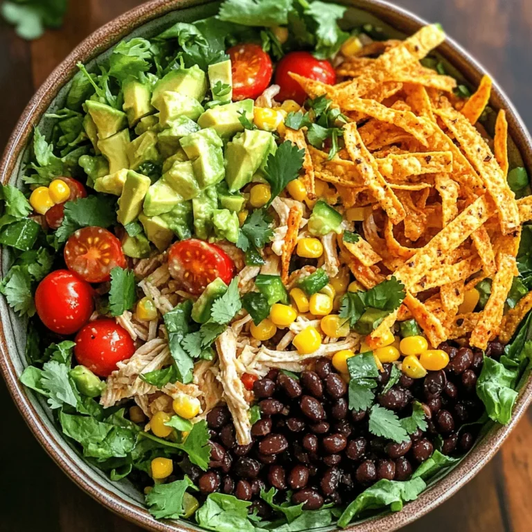- 2 cups cooked chicken breast, shredded - 1 can (15 oz) black beans, rinsed and drained - 1 cup corn (fresh, frozen, or canned) - 1 red bell pepper, diced - 1/2 red onion, finely chopped - 1 avocado, diced - 1 cup cherry tomatoes, halved - 1/4 cup fresh cilantro, chopped Gathering fresh ingredients makes this salad pop with flavor. I love using cooked chicken breast for its lean protein. Black beans add a nice texture and fiber. Corn gives a sweet crunch, and the red bell pepper adds color. The red onion brings a sharp bite, while the avocado adds creaminess. Cherry tomatoes provide juiciness, and cilantro gives a fresh finish. - 1 teaspoon cumin - 1 teaspoon chili powder - 1/2 teaspoon smoked paprika - Salt and pepper to taste Spices make the salad shine. I enjoy using cumin for its warm, earthy taste. Chili powder adds a kick, while smoked paprika gives a rich depth. Finally, salt and pepper balance all the flavors. You can adjust these to fit your taste. - Juice of 2 limes - 3 tablespoons olive oil The dressing brings it all together. Lime juice adds brightness and zing. Olive oil adds richness and helps the spices stick to the salad. Mix these well for the best flavor. The full recipe provides detailed steps to create this delightful dressing. - In a large bowl, combine shredded chicken, black beans, corn, diced red bell pepper, red onion, diced avocado, and halved cherry tomatoes. - Next, whisk together the lime juice, olive oil, cumin, chili powder, smoked paprika, salt, and pepper in a smaller bowl. - Pour the dressing over the chicken and vegetable mix, then add chopped cilantro. - Gently toss all the ingredients together until they are well combined. - Taste the salad and adjust the seasonings if needed. You can add more lime juice for a fresh kick. - Divide the salad into bowls, and top each bowl with crunchy tortilla strips. - Drizzle some extra lime juice on top and garnish with more cilantro for a vibrant look. To make your Southwest Chicken Salad even better, adjust the lime juice. Adding more lime juice gives the salad a bright, tangy kick. You can also add extra spices. A pinch more cumin or chili powder will make the flavors pop. For the best taste, grill or bake your chicken. Grilling adds a smoky flavor, while baking keeps it juicy. If you are short on time, use rotisserie chicken. It saves you prep time, and it tastes great! Cut your vegetables into bite-sized pieces. This makes every bite enjoyable and easy to eat. To add some crunch, toss in tortilla strips or nuts. They will give your salad a fun texture and make it more exciting to eat. {{image_2}} You can switch up proteins in your salad. Try shrimp, steak, or tofu. These options add taste and fun. For veggies, use spinach, kale, or other peppers. Each choice gives a new twist to the dish. The dressing can change the whole vibe. Consider using ranch or a yogurt-based dressing for creaminess. A simple vinaigrette can also work wonders. These dressings add flavor and keep it interesting. Want to make it gluten-free? Use gluten-free tortilla strips or skip them. If you prefer vegan, swap chicken for chickpeas or extra beans. You can also use low-calorie dressings to keep things light while enjoying your meal. To keep your Southwest Chicken Salad fresh, place it in an airtight container. This helps prevent any unwanted smells in the fridge. Always refrigerate the salad within two hours of serving it. The salad stays fresh for about three days. After that, the veggies may lose their crunch. If you want to enjoy this salad later, you can freeze it. Divide the salad into portions and put them in freezer-safe bags. Squeeze out excess air before sealing. This helps prevent freezer burn. To thaw, move the salad to the fridge overnight. When you’re ready to eat, mix it well before serving. Reheating is not usually needed since this salad is best served cold. If you prefer warm chicken, heat it gently in a pan. Avoid microwaving the salad, as it can make the veggies soggy. Just warm the chicken, then mix it back in. Enjoy your flavorful Southwest Chicken Salad! Southwest Chicken Salad stays fresh for about three to four days in the fridge. Always check for signs of spoilage. If it smells off, looks slimy, or has an unusual color, toss it. Make sure to store it in an airtight container. This helps keep it fresh longer. Yes, you can meal prep this salad! Cook and shred the chicken ahead of time. Chop the veggies and store them in separate containers. Mix everything together when you're ready to eat. This keeps the salad crisp and fresh. You can also make the dressing ahead of time. Just whisk it together and store it in the fridge. Some tasty sides to pair with your salad include: - Tortilla chips - Grilled corn on the cob - Guacamole and salsa - Fresh fruit salad - Rice or quinoa These sides add flavor and texture to your meal. To spice things up, consider adding: - Diced jalapeños - A splash of hot sauce - Sliced serrano peppers - Spicy salsa These ingredients will give your salad that extra kick. Adjust the heat based on your taste. You can find the full recipe for this Southwest Chicken Salad [here](#). It includes detailed steps and tips to make your cooking easier and more fun! In summary, we explored the key ingredients for a tasty Southwest Chicken Salad. You learned how to prepare, toss, and serve this dish with easy steps. We also shared tips on enhancing flavor, choosing toppings, and making it your own. Remember, this salad is versatile. You can adjust it to fit your taste or dietary needs. Enjoy creating your salad and savor the fresh flavors!
