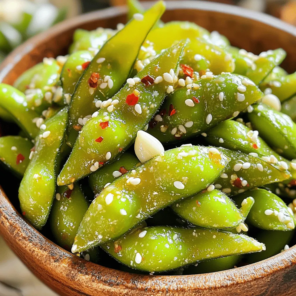 To make spicy garlic edamame, you need a few simple ingredients. Each adds flavor and texture. Here’s what you'll need: - 2 cups edamame (in pods) - 3 tablespoons olive oil - 4 cloves garlic, minced - 1 teaspoon red pepper flakes (adjust to taste) - 1 tablespoon soy sauce - 1 tablespoon sesame oil - 1 teaspoon lime juice - Sea salt, to taste - Sesame seeds (for garnish) Each ingredient plays a role. Edamame brings a nice crunch and protein. Garlic gives a bold taste. Olive oil adds richness, while red pepper flakes bring heat. Soy sauce and sesame oil add umami. Lime juice brightens the dish, and salt enhances all the flavors. Finally, sesame seeds add a nice touch on top. You can find the full recipe to create this delightful snack. 1. First, bring a pot of water to a boil. 2. Add the edamame pods and cook for 5 minutes. They should be tender yet firm. 3. Drain the edamame and set them aside. 1. In a large skillet, heat 3 tablespoons of olive oil over medium heat. 2. Add 4 minced garlic cloves and sauté for 1 minute. The garlic should smell great but not burn. 3. Now, add 1 teaspoon of red pepper flakes to the skillet. Stir for 30 seconds to let the heat mix in. 1. Toss the drained edamame pods into the skillet. Stir well to combine. 2. Drizzle in 1 tablespoon of soy sauce and 1 tablespoon of sesame oil. 3. Toss everything together and cook for 2 minutes to blend the flavors. Once done, you have a bright, spicy, and tasty snack! Check the [Full Recipe] for more details. Adjusting spice levels You can change the heat of your spicy garlic edamame easily. If you love it hot, add more red pepper flakes. Start with a small amount and taste as you go. You can always add more, but it’s hard to take it away! Preventing garlic from burning Garlic adds great flavor, but it burns fast. To avoid this, keep the heat at medium. Add the garlic just as the oil starts to shimmer. Stir it often and watch closely. Garlic should be golden, not dark brown. Best ways to serve Spicy garlic edamame is best served warm. You can serve it in a bowl or on a platter. For a fun twist, use small cups for individual servings. This makes it easy for guests to grab a bite. Pairing with drinks or other dishes This dish pairs well with many drinks. Try it with cold beer or a light, crisp white wine. You can also serve it as a snack at parties. It works great with sushi or Asian-inspired meals. Check out the Full Recipe for more tips! {{image_2}} To make this dish vegan and gluten-free, you can easily substitute the soy sauce. Use tamari sauce or coconut aminos. Both options provide great flavor without gluten. For cooking oils, you can swap olive oil with avocado oil or grapeseed oil. They have high smoke points and deliver a nice taste. Don't be afraid to experiment with other spices. Try adding smoked paprika or cumin for a unique twist. This can elevate the flavor profile and make your snack even more exciting. You can also add vegetables for a twist. Toss in some diced bell peppers or thinly sliced carrots. This adds color, texture, and nutrition to your spicy garlic edamame. For the full recipe, check out the instructions above! To store your spicy garlic edamame, let it cool first. This step helps keep the flavor strong. Place the edamame in an airtight container. You can use glass or plastic, but glass works best for flavor. Seal the container tightly to keep the edamame fresh. You can store it in the fridge for up to three days. To reheat edamame, use a skillet or microwave. If using a skillet, add a splash of olive oil. Heat it over medium heat and add the edamame. Stir gently for a few minutes to warm it up. This keeps the flavor intact. If using a microwave, place the edamame in a bowl. Cover it with a damp paper towel to keep it moist. Heat for 1-2 minutes, checking halfway. This method helps maintain texture. Enjoy your tasty snack again! For the full recipe, check the above section. Cooking edamame is quick and easy. The prep time is about 5 minutes. The cook time takes around 5 minutes too. So, you can have your edamame ready in just 10 minutes. This includes bringing the water to a boil and cooking the pods until tender yet firm. Yes, you can use frozen edamame. It is a great time-saver. For frozen edamame, simply cook it in boiling water for about 3 to 5 minutes. Check the package for details. After cooking, drain and follow the same steps in the Full Recipe for the sauce. The flavor remains just as good. Absolutely! Spicy garlic edamame is a great choice for meal prep. You can cook a larger batch and store it. Keep it in an airtight container in the fridge. It stays fresh for about 3 days. Just reheat in a skillet or microwave before serving. This makes it a perfect snack or side for your meals. You can serve spicy garlic edamame as a tasty appetizer or snack. It pairs well with drinks like beer or sake. You can also enjoy it with rice dishes or salads. For a fun twist, serve it with homemade sushi or as part of a veggie platter. This post shared a simple and tasty recipe for spicy garlic edamame. You learned the key ingredients and how to cook them step by step. I highlighted tips for perfecting flavor and offered storage advice. Don’t forget to try variations to keep the dish exciting. With this guide, you can make a delicious snack in no time. Enjoying and sharing this recipe can spark fun moments with friends. Dive into the kitchen and let your flavor creativity shine!