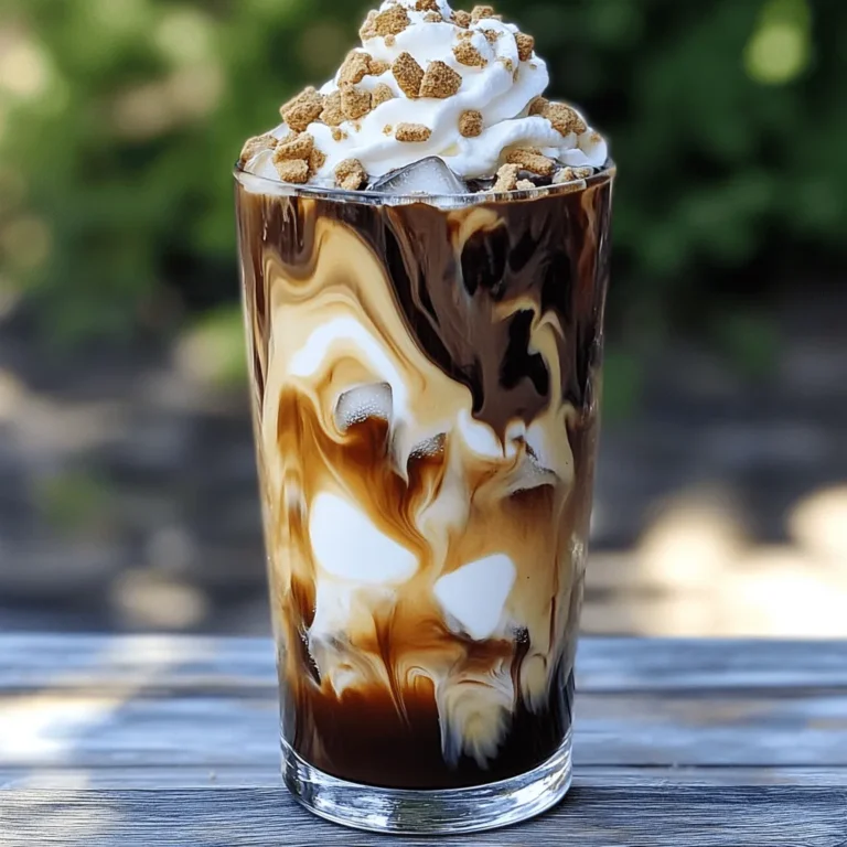 To make a S’mores Iced Latte, you'll need a few key ingredients. Here’s what you need: - 1 cup brewed coffee, cooled - 1 cup milk (any kind) - 2 tablespoons chocolate syrup - 2 tablespoons marshmallow fluff - 1 tablespoon graham cracker crumbs - Ice cubes - Whipped cream (for topping) - Extra chocolate syrup and graham cracker crumbs for garnish Common substitutions for milk: You can use almond milk, oat milk, or soy milk. These options work well for those who prefer plant-based choices. They add a nice flavor twist too. Alternatives for chocolate syrup: If you want something healthier, try using cocoa powder mixed with a little honey or maple syrup. This keeps the chocolate taste while reducing sugar. You can also use dark chocolate syrup for a richer flavor. Suggestions for dietary variations: For a gluten-free option, ensure the graham cracker crumbs are certified gluten-free. To make it vegan, use plant-based milk and a vegan chocolate syrup. Marshmallow fluff can be tricky, so look for vegan brands. This way, everyone can enjoy this delightful drink! For the full recipe, check out the complete guide. 1. Mix Chocolate Syrup and Marshmallow Fluff: Start by taking a small bowl. Add two tablespoons of chocolate syrup and two tablespoons of marshmallow fluff. Use a spoon to mix them well. You want a smooth blend, with no lumps. This mixture brings that classic s'mores taste. 2. Layer Ingredients in the Glass: Grab a tall glass and fill it with ice cubes. Make sure to fill it to the top for a cold drink. Now, pour one cup of cooled coffee over the ice. Next, add one cup of milk. Stir gently to mix the coffee and milk together. 3. Achieve the Marbled Effect: Take your chocolate-marshmallow mix and swirl it into the glass. Use a spoon or straw to create a fun marbled look. This not only looks great but also spreads out the flavors nicely throughout the drink. Enjoy your S'mores Iced Latte! You can find the full recipe above for more details. - How to make coffee ahead of time Brew your coffee a few hours before you need it. Let it cool and store it in the fridge. This way, your coffee is nice and cold when you make your latte. - Tips for customizing sweetness levels Start with the recipe's amount of chocolate syrup and marshmallow fluff. Taste it, then add more if you like it sweeter. You can also try different syrups or sweeteners to find your perfect match. - Suggestions for enhancing flavor Want a little extra? Add a splash of vanilla extract. It gives a nice depth to the drink. You can also mix in cinnamon for a warm twist. Just a pinch can go a long way! These tips will help you create the perfect S’mores Iced Latte. Enjoy your delicious drink crafted just the way you like it! {{image_2}} You can change the S’mores iced latte in fun ways. One tasty option is to add flavored syrups. Try vanilla, hazelnut, or even caramel for a brand new taste. These flavors blend well with the chocolate and marshmallow, giving you a unique drink. Another idea is to play with toppings. Instead of just whipped cream, add toasted marshmallows on top. They will add a nice crunch and a smoky flavor. You could also use flavored whipped cream, like chocolate or cinnamon, to give your latte an extra kick. Don't forget about different iced latte bases. You could use cold brew coffee for a smoother taste. Nitro coffee is another great choice. It has a creamy texture and a frothy top. Either option will make your S’mores iced latte even better. For the full recipe, check back to ensure you don't miss any key steps. Enjoy mixing and matching these ideas to create your perfect summer treat! To keep your S’mores iced latte fresh, store any leftovers in the fridge. Use an airtight container to keep it safe. It will stay good for about 24 hours. After that, the flavors may fade. You can make this drink ahead of time. Just mix the coffee, milk, and flavorings. Store it in the fridge. When ready to serve, add ice and whipped cream. Reheating is not ideal for this drink. It tastes best cold. If you want it warm, try heating just the coffee. Then mix it again with milk and flavorings. This way, you can enjoy a cozy version of this treat! What is the best milk to use for an iced latte? You can use any milk you like. Whole milk gives a rich taste. Almond milk adds a nutty flavor. Oat milk is creamy and works great too. For a lighter option, try skim milk. Choose a milk that fits your taste and diet. Can I make a sugar-free version of the S’mores Iced Latte? Yes, you can! Use sugar-free chocolate syrup and marshmallow fluff. There are many brands that offer sugar-free options. You can also sweeten your latte with stevia or other sugar substitutes. Where can I buy a S’mores Iced Latte near me? Many coffee shops offer this drink. Check local cafes or chains like Starbucks. You can ask for it by name or look for similar items on the menu. - Full Recipe Reference: For the complete step-by-step guide, check out the S’mores Iced Latte recipe above. - When ordering at cafes, ask for extra toppings like whipped cream or graham cracker crumbs. If you want a pre-made version, look for them in local grocery stores or coffee shops. This article covered the delightful S’mores Iced Latte, focusing on ingredients, preparation, and variations. You learned about ingredient swaps, layering techniques, and creative twists. Tips on customizing sweetness and storing leftovers were also provided. Enjoy crafting this treat at home! Remember, each cup can be unique to your taste. Let your creativity shine and savor every sip.