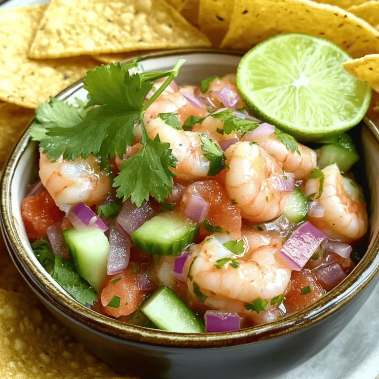 To make Easy Shrimp Ceviche, you need fresh and bright ingredients. Here’s what you will need: - 1 lb fresh shrimp, peeled and deveined - 1/2 cup fresh lime juice (about 4-5 limes) - 1/2 cup fresh lemon juice (about 2-3 lemons) - 1 medium red onion, finely chopped - 1 medium cucumber, diced - 1 medium tomato, diced - 1 jalapeño, deseeded and finely chopped - 1/4 cup fresh cilantro, chopped - Salt and pepper to taste - Tortilla chips or tostadas for serving These ingredients work together to create a fresh and zesty dish. You can boost the flavor of your ceviche with a few optional ingredients. Consider adding: - Avocado, diced for creaminess - Mango, diced for a sweet touch - Garlic, minced for extra depth - A splash of orange juice for a hint of sweetness These ingredients can add complexity and fun to your ceviche. Always use the freshest ingredients for the best ceviche. Here’s how to pick them: - Choose shrimp that smell clean and fresh, not fishy. - Select limes and lemons that feel heavy, indicating juiciness. - Pick firm cucumbers and ripe tomatoes for great texture. - Use bright green cilantro for the best flavor. Using fresh ingredients makes all the difference in taste. For the full recipe, check out the details above. To make this shrimp ceviche, start by boiling water in a medium pot. Once the water is boiling, add 1 pound of fresh shrimp. Cook them for about 2 to 3 minutes. You want them to turn pink and opaque. Be careful not to overcook them. After cooking, quickly place the shrimp in a bowl of ice water. This stops the cooking and keeps them tender. Let them cool for a few minutes, then chop the shrimp into small pieces. The key to great shrimp is timing. Too long in the water can make shrimp rubbery. To check if they are done, look for a bright pink color. They should bend easily. If you are unsure, taste one! Always use fresh shrimp for the best flavor. If you can, buy shrimp from a trusted source. In a large mixing bowl, combine the chopped shrimp with 1/2 cup of fresh lime juice and 1/2 cup of lemon juice. Stir gently so the shrimp gets coated in the citrus juices. Next, add 1 finely chopped medium red onion, 1 diced cucumber, 1 diced tomato, 1 finely chopped jalapeño, and 1/4 cup of chopped cilantro. Now, season with salt and pepper to taste. Mix everything gently until well combined. Cover the bowl and refrigerate for at least 30 minutes. This helps the flavors meld and the shrimp to cure in the citrus juices. Serve chilled with tortilla chips or tostadas. Enjoy this zesty shrimp ceviche for a fresh and tasty treat! For the full recipe, check out the details above. To make the best shrimp ceviche, use fresh shrimp. Fresh shrimp tastes better and has a nice texture. Always peel and devein the shrimp before cooking. This step ensures you have clean shrimp. Cook the shrimp just until they turn pink. Overcooking can make them tough. After cooking, cool the shrimp quickly in ice water. This process stops cooking and keeps them tender. Mix the shrimp with fresh lime and lemon juice. The citrus gives the ceviche a bright flavor. Let it chill in the fridge before serving. This waiting time helps the flavors blend. One common mistake is overcooking the shrimp. If you cook them too long, they become rubbery. Another mistake is not using enough citrus juice. The acid in the juice is key to the ceviche's taste and texture. Also, avoid cutting the veggies too large. Smaller pieces mix better and help flavors blend. Lastly, don’t skip the chilling step. Chilling allows the flavors to meld, enhancing the dish. For the best presentation, serve ceviche in chilled bowls. This keeps it fresh and cool. Garnish with extra cilantro and lime wedges. This adds color and makes it look appealing. Pair ceviche with tortilla chips or tostadas. These crunchy sides balance the ceviche's softness. Enjoy it as a light meal or appetizer. You can find the Full Recipe to guide you through this delicious dish. {{image_2}} You can make your shrimp ceviche even more fun by adding unique flavors. Try mango or pineapple for a sweet twist. These fruits brighten the dish and add a nice contrast. You can also mix in diced avocado for creaminess. Adding a splash of coconut milk gives a tropical flair. Consider using different herbs too, like mint or basil, to switch things up. Don't be afraid to experiment! If you want to try something new, substitute shrimp with other seafood. Scallops work great, as do chunks of firm fish like tuna or snapper. For a unique taste, use crab or lobster. Each type of seafood brings its own flavor and texture. Just ensure you cook them correctly for the best experience. All these options keep the ceviche fresh and exciting. You can easily make a vegetarian ceviche by using fresh veggies and fruits. Use diced bell peppers, corn, and zucchini. Add mango or avocado for a sweet touch. You can also try using hearts of palm or jicama for a crunchy bite. Don’t forget to add lime juice and herbs for flavor. This way, everyone can enjoy a delicious ceviche, even those who don't eat seafood. Store leftover shrimp ceviche in an airtight container. Make sure to seal it well. Place the container in the fridge. It helps keep the shrimp fresh and safe to eat. Enjoy the ceviche within 1-2 days for the best taste. If you wait longer, the shrimp may become tough. Freezing ceviche is not the best idea. The texture can change once thawed. If you must freeze it, put it in a freezer-safe bag. Remove all the air to avoid freezer burn. Use it within one month for the best flavor. When you thaw it, the shrimp may look different. It’s better to make fresh ceviche when you want to enjoy it. Homemade ceviche lasts for 1-2 days in the fridge. After that, the shrimp and veggies lose their crunch. The citrus juice can also make the shrimp taste overly tangy. Always check for any signs of spoilage before eating. If it smells off or looks strange, it’s best to throw it away. Enjoy your ceviche fresh for the best experience! For the full recipe, check the details above. You should marinate the shrimp for at least 30 minutes. This time allows the shrimp to absorb the lime juice's flavors and start "cooking." The acid in the lime juice changes the shrimp's texture. If you leave it longer, the shrimp can become tough. So, stick to 30 minutes for the best results. Yes, you can use frozen shrimp. Just make sure to thaw them before cooking. Place them in the fridge overnight or run them under cold water. Using frozen shrimp can be handy if fresh shrimp is hard to find. The taste will still be great if you prepare them right. You can serve shrimp ceviche with tortilla chips or tostadas. These add a nice crunch and complement the ceviche's fresh flavors. You can also pair it with avocado slices or a light salad. For a drink, a cold Mexican beer or a refreshing mocktail works well. Yes, shrimp ceviche is safe to eat when prepared correctly. Cooking the shrimp in boiling water first ensures safety. The lime and lemon juices also help preserve the dish. Always use fresh shrimp and keep it chilled until serving. If it looks or smells off, don't eat it. Enjoy your ceviche with confidence! This article covered how to make easy shrimp ceviche. We explored the key ingredients, steps for cooking the shrimp, and tips for great flavor. I shared ways to add fun twists and variations. We also discussed how to store your ceviche and answered common questions. Remember, perfecting shrimp ceviche is simple with the right knowledge. Enjoy experimenting and eating! Your kitchen adventures can lead to tasty meals everyone will love.