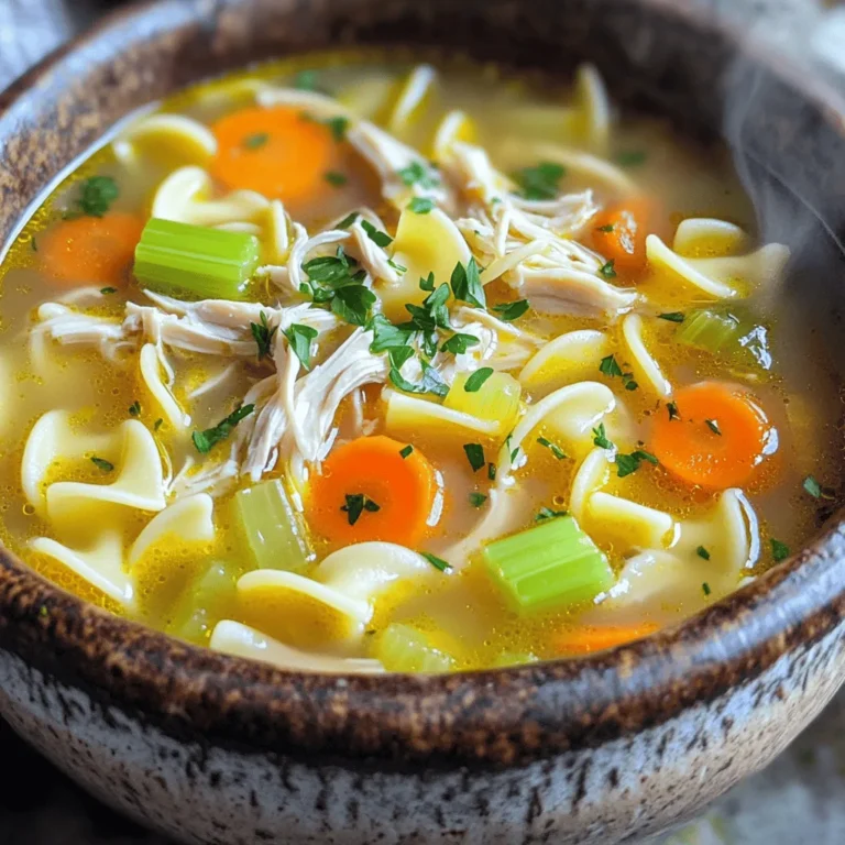 - 2 boneless, skinless chicken breasts - 8 cups chicken broth - 2 carrots, sliced - 2 celery stalks, sliced - 1 onion, diced - 2 cloves garlic, minced - 1 teaspoon dried thyme - 1 teaspoon dried oregano - 1 bay leaf - 8 ounces egg noodles - Salt and pepper to taste - 2 tablespoons olive oil - Fresh parsley, chopped for garnish To make easy chicken noodle soup, you need simple ingredients. Each one adds flavor and warmth. The chicken provides protein and heartiness. The broth forms a rich base. Carrots and celery add sweet and fresh notes. Onion and garlic boost the soup's taste. Thyme and oregano give it a lovely aroma. The bay leaf adds depth to the mix. Egg noodles make the soup filling and comforting. Finally, salt and pepper help you adjust the flavor. Using fresh parsley as a garnish makes it look pretty and adds freshness. - Other vegetables (e.g., peas, corn) - Fresh herbs (e.g., dill, rosemary) - Lemon juice for brightness Feel free to customize your soup! You can add other veggies like peas or corn. Fresh herbs like dill or rosemary can enhance the flavor. A splash of lemon juice brightens the soup, giving it a fresh kick. This recipe gives you the basics, but you can make it your own. Enjoy the process of creating a meal that warms your heart! First, heat 2 tablespoons of olive oil in a large pot over medium heat. Next, add 1 diced onion, 2 sliced carrots, and 2 sliced celery stalks. Sauté these veggies for about 5 to 7 minutes. You want them to soften but not brown. After that, stir in 2 minced garlic cloves, 1 teaspoon of dried thyme, and 1 teaspoon of dried oregano. Cook this mixture for another 1 to 2 minutes until it smells great. Now, add 2 boneless, skinless chicken breasts to the pot along with 8 cups of chicken broth and 1 bay leaf. Bring this mix to a boil. Once boiling, reduce the heat to low, cover the pot, and let it simmer for 20 minutes. This will help the chicken cook through. After the chicken is cooked, remove it from the pot and let it cool for a few minutes. Shred the chicken using two forks, then return it to the pot. Now, add 8 ounces of egg noodles and cook according to the package directions, usually about 6 to 8 minutes. Finally, season the soup with salt and pepper to taste. Don’t forget to remove the bay leaf before serving. Garnish with fresh parsley for a touch of color. Enjoy your cozy chicken noodle soup! For the detailed recipe, check out the Full Recipe. To make your chicken noodle soup even better, use homemade chicken broth. It gives the soup a richer taste. You can also adjust the seasoning. Add more salt, pepper, or herbs to fit your taste. Prep your ingredients ahead of time. Chop your onions, carrots, and celery the night before. This way, you save time when cooking. You can also use a rotisserie chicken. This shortcut cuts down on cooking time and still tastes great. Grab your chicken from the store, shred it, and add it to the pot. For the full recipe, check out the [Full Recipe]. {{image_2}} For a gluten-free version, you can swap out egg noodles for gluten-free pasta. Many brands offer great options that taste good and hold up well in soup. Look for pasta made from rice or quinoa. Cook it according to package directions before adding it to the soup. To make a vegetarian chicken noodle soup, use vegetable broth and skip the chicken. This keeps the soup tasty and light. You can use a mix of vegetables like carrots, peas, and green beans. This will add texture and flavor. You can also toss in some herbs for added depth. Want to boost nutrition? Add leafy greens like spinach or kale to your soup. They cook quickly and add a nice color. You can also switch out olive oil for a lighter option, like avocado oil. This keeps the soup healthy without losing flavor. Store your leftover chicken noodle soup in an airtight container. This keeps it fresh and tasty. Let the soup cool before sealing it. You can keep it in the fridge for up to three days. When you want to reheat, pour the soup into a pot. Heat it on low until warm. Stir often to avoid scorching. You can also use a microwave. Place the soup in a microwave-safe bowl. Cover it with a lid or a plate. Heat for two to three minutes, stirring halfway through. To freeze chicken noodle soup, let it cool completely. Then, portion it into freezer-safe bags or containers. Leave some space at the top for expansion. You can freeze it for up to three months. When you're ready to eat, take out a portion and place it in the fridge overnight to thaw. If you're in a hurry, you can thaw it in the microwave. Once thawed, reheat the soup on the stove or in the microwave. Always stir well and check the temperature before serving. For the full recipe, check the earlier section. You can store chicken noodle soup in the fridge for about 3 to 4 days. Make sure to keep it in an airtight container. This helps keep it fresh and tasty. If you want to enjoy it later, label the container with the date. That way, you know how long it has been in the fridge. Yes, you can freeze chicken noodle soup! It freezes well and can last for about 2 to 3 months. To freeze, let the soup cool completely. Then, pour it into freezer-safe containers or bags. Leave some space at the top, as the soup will expand when it freezes. When you're ready to enjoy it, thaw it in the fridge overnight. Reheat it on the stove for the best flavor. Chicken noodle soup pairs well with many sides. Here are some tasty options: - Crusty bread or rolls - Simple green salad - Grilled cheese sandwiches - Crackers or breadsticks - Fresh fruit for a light touch These sides make your meal even more comforting and enjoyable. If you want more ideas, check out the Full Recipe for different pairings! In this article, we explored chicken noodle soup from ingredients to storage. We discussed the recipe, tips, and variations. You learned how to prepare, cook, and even customize your soup. Remember, using fresh ingredients enhances flavor. Whether you prefer a classic or a twist, this dish warms the soul. Store leftovers properly for future enjoyment. Enjoy making this comforting meal and share it with loved ones!