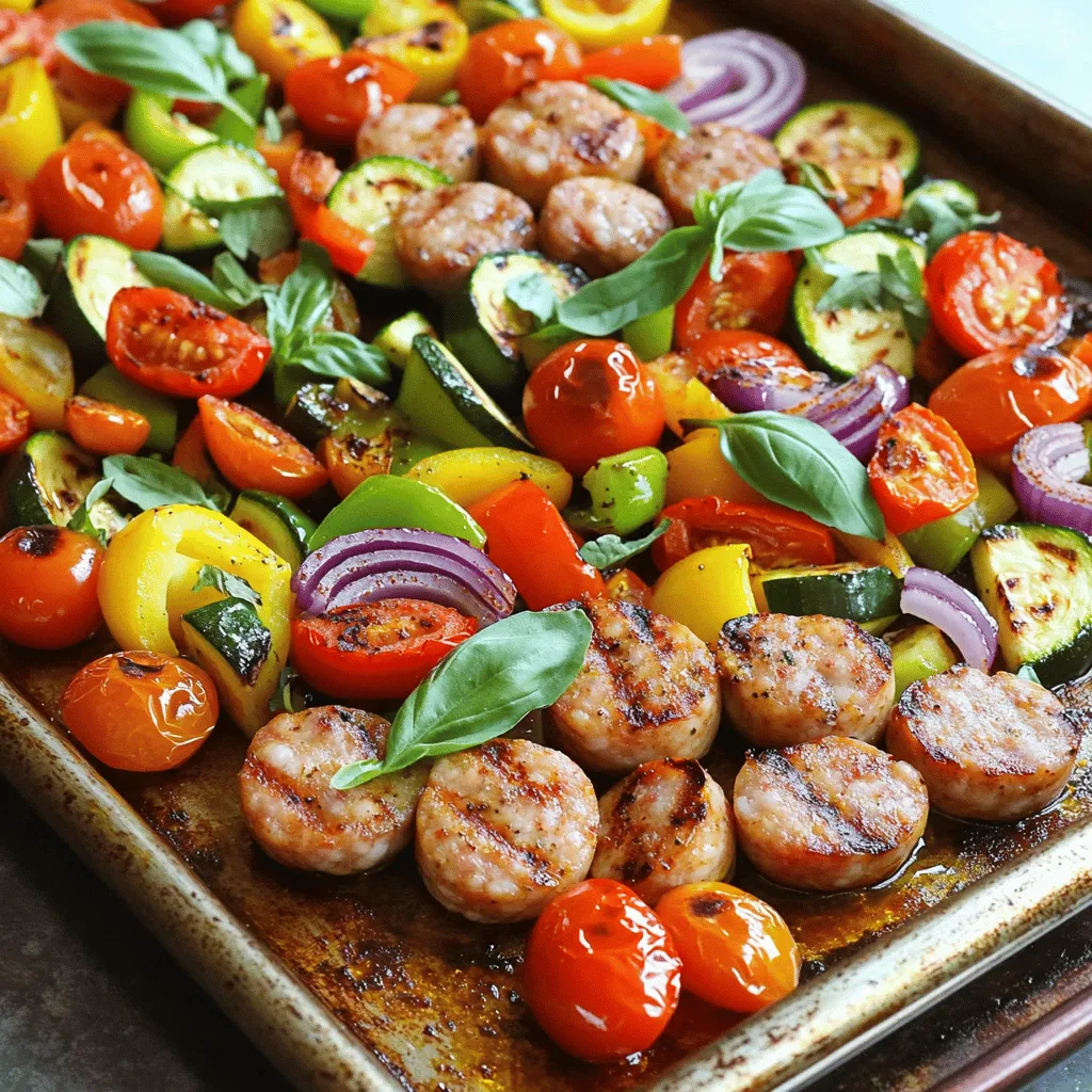 - 4 Italian chicken sausages, sliced - 1 bell pepper (red or yellow), diced - 1 small zucchini, sliced - 1 cup cherry tomatoes, halved - 1 red onion, sliced - 2 tablespoons olive oil - 1 teaspoon smoked paprika - 1 teaspoon garlic powder - Salt and pepper to taste - Fresh basil leaves for garnish - Additional vegetables (e.g., broccoli, asparagus) - Different sausage types (e.g., pork, turkey) - Alternative seasoning options (e.g., oregano, thyme) I love using fresh and colorful ingredients for this dish. You can customize it based on what you have. If you want more greens, add broccoli or asparagus. You can also switch the sausage type. Use pork or turkey if you prefer. The spices bring great flavor. Smoked paprika adds a nice touch. Garlic powder makes it even better. Adjust salt and pepper to your taste. Don't forget the fresh basil for garnish; it adds a lovely aroma. For a full recipe, you can check out the details for cooking this tasty mix. - Preheat oven to 400°F (200°C). - Prepare the sausage and vegetables as described in the ingredients section. In this step, starting with a hot oven helps the dish cook evenly. Slice the sausages and chop the veggies. I love using vibrant bell peppers and juicy cherry tomatoes. They add color and flavor. - Combine ingredients in a large mixing bowl. - Toss with olive oil and spices until fully coated. - Spread the mixture on a baking sheet for roasting. After preparing the ingredients, mix them in a bowl. Drizzle olive oil over everything. The oil helps the veggies roast nicely. Add smoked paprika and garlic powder for a flavor boost. Toss until everything is coated well. It should look colorful and inviting. Make sure to spread the mix on a baking sheet. This ensures even cooking and crispy edges. - Roast in the oven for 25-30 minutes. - Garnish with basil leaves upon removal from the oven. Roast the mix for 25 to 30 minutes. I recommend stirring halfway through. This helps the sausages get golden brown and the veggies tender. When it’s done, the smell will be amazing! Don’t forget to garnish with fresh basil. It adds a lovely touch. For the full recipe, check the earlier section. To ensure even cooking of sausages and veggies, cut them into similar sizes. This helps everything cook at the same rate. When you spread the mixture on the baking sheet, don’t overcrowd it. Leave space between pieces. This way, the heat can circulate. Stir the mixture halfway through cooking. This also helps the food brown evenly. If you have a convection oven, reduce the cooking time by about 5 minutes. The hot air circulates in convection ovens, cooking food faster. For gas ovens, keep an eye on the dish. They can cook unevenly, so check for doneness a few minutes early. For side dishes, consider serving a simple green salad. A light vinaigrette pairs well with the robust flavors of the sausage. Garlic bread is another great option. It adds a nice crunch and is perfect for soaking up juices. For dips and sauces, try a creamy yogurt dip with herbs. A spicy mustard also complements the dish nicely. You can even drizzle some balsamic reduction over the top for a sweet finish. These options enhance your meal and add variety to your plate. For the full recipe, check out the details above. {{image_2}} For those seeking a meat-free option, vegetarian sausage works well. You can find many types in stores. They add flavor while keeping the meal healthy. You can also consider meat alternatives like tempeh or tofu. These options offer a great texture and taste. Adding beans or legumes boosts protein as well. Chickpeas or black beans mix well with the veggies. Just toss them in for extra nutrition. This is a simple way to make the dish heartier. You can use canned beans for quick prep. Rinse them well before adding to the mix. To enhance the recipe, load up on more veggies. Try adding broccoli, asparagus, or carrots. These veggies bring color and crunch. You can also use grains like quinoa or farro for a filling dish. These grains pair nicely with the other ingredients. If you want to skip the sausage, try hearty veggies. Portobello mushrooms or eggplant work great. They can give a meaty feel without the meat. Just chop them up and roast with the other ingredients. This way, you keep all the flavor and texture you love. For the full recipe, check out [Full Recipe]. To store leftovers, let the dish cool first. Then, place it in an airtight container. Keep it in the fridge for up to three days. For the best taste, eat it within this time. Always check for freshness before eating leftovers. If it smells off or looks strange, throw it away. You can freeze portions of One Pan Sausage and Veggies for later use. Just make sure to store it in freezer-safe bags or containers. Label them with the date. It’s best to eat frozen meals within three months. To reheat, take it out of the freezer and let it thaw in the fridge overnight. Then, warm it in the oven or microwave. This keeps the flavor and texture nice. Enjoy your meal again! How can I make this dish dairy-free or gluten-free? You can easily make this dish dairy-free. Just skip any cheese toppings. To make it gluten-free, ensure your sausage is gluten-free. Most brands offer gluten-free options. Can I prep the ingredients in advance? Yes, you can slice the sausages and chop the veggies a day ahead. Store them in the fridge in airtight containers. This saves time when you are ready to cook. What are the nutritional facts for One Pan Sausage and Veggies? This dish is rich in protein and fiber. Each serving has about 300 calories. You also get vitamins from the veggies. Check the full recipe for detailed nutrition. What else can I add for extra flavor? You can add herbs like thyme or oregano. Lemon juice adds brightness. A splash of balsamic vinegar can enhance the taste too. How long can I store leftovers safely? Store leftovers in the fridge for up to three days. Make sure they cool down first. Use airtight containers to keep them fresh. What are the best variations to try with this recipe? Try using different sausages like pork or turkey. Add more veggies like broccoli or asparagus. You can also toss in some beans for extra protein. Best types of pans for roasting. A large baking sheet works well for this dish. A rimmed pan keeps juices in. Use non-stick or parchment paper for easy cleanup. Tools needed for preparation and serving. You’ll need a sharp knife for cutting. A mixing bowl helps combine ingredients. Tongs or a spatula are great for serving the dish after roasting. This blog post shared a tasty one-pan dish with Italian chicken sausage and fresh veggies. You learned about the key ingredients, how to prepare and cook them, plus tips for customizing your meal. Remember, your options for proteins and veggies can make this dish your own. Storage tips help you enjoy leftovers, and FAQs answer common concerns. Use this recipe to impress friends and family with a vibrant, healthy meal. I hope you feel inspired to cook and enjoy this easy, flavorful dish!
