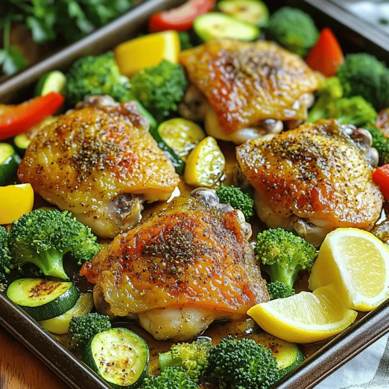 - 4 bone-in chicken thighs, skin-on - 2 cups broccoli florets - 1 red bell pepper, sliced - 1 yellow zucchini, sliced - 1 medium red onion, sliced - 3 tablespoons olive oil - 1 tablespoon garlic powder - 1 teaspoon smoked paprika - 1 teaspoon Italian seasoning - Salt and pepper to taste - Fresh lemon wedges (for serving) Gathering the right ingredients is key to this easy sheet pan chicken and veggies recipe. You want bone-in chicken thighs with skin for crispiness. Fresh vegetables like broccoli, red bell pepper, yellow zucchini, and red onion add color and flavor. Olive oil keeps everything moist, while garlic powder, smoked paprika, and Italian seasoning give a tasty kick. Don’t forget salt and pepper to bring out all the flavors. The fresh lemon wedges serve as a bright finish when you serve the dish. This combination of ingredients not only makes a meal that tastes great, but it also looks beautiful on your table. You can find the full recipe to guide you through this easy cooking process. First, preheat your oven to 425°F (220°C). This high heat helps the chicken get crispy. Next, line a large sheet pan with parchment paper. This makes cleanup easy. Now, let's mix our seasoning blend. In a large bowl, add 3 tablespoons of olive oil, 1 tablespoon of garlic powder, 1 teaspoon of smoked paprika, and 1 teaspoon of Italian seasoning. Add salt and pepper to taste. Whisk everything together until it looks smooth. Take 4 bone-in, skin-on chicken thighs and place them in the bowl with the seasoning mixture. Toss the chicken well to coat each piece. Make sure the skin gets plenty of seasoning. This will add great flavor and help it crisp up when baking. Now it's time to lay out the chicken and veggies. Place the seasoned chicken thighs in the center of the sheet pan. Surround them with 2 cups of broccoli florets, sliced red bell pepper, yellow zucchini, and red onion. Spread everything out evenly. Drizzle any leftover seasoning over the veggies and toss them gently. This helps all the veggies soak up that tasty flavor. Pop the sheet pan in the preheated oven and bake for 30 to 35 minutes. Check that the chicken reaches an internal temperature of 165°F (74°C). The skin should look golden and crispy. If you want even more crispiness, broil for an extra 2 to 3 minutes. This step gives that nice, crunchy finish. After baking, let it rest for a few minutes before serving with fresh lemon wedges. Enjoy your flavorful meal! For the full recipe, check out the details above. To get crispy chicken skin, start with bone-in, skin-on thighs. Pat the skin dry with a paper towel. This helps remove moisture that can make it soggy. Use a hot oven set to 425°F (220°C). High heat helps crisp the skin while cooking the meat. Coat the chicken well with oil and seasoning. This not only adds flavor but also helps with crisping. If you want even more crunch, broil the chicken for the last few minutes of cooking. Cooking times for veggies vary. Broccoli and bell peppers need about 30-35 minutes at 425°F. Zucchini cooks faster, so add it halfway through the baking time. This way, it won’t get too soft. Keep an eye on the red onion. It will become sweet and tender but still should have some bite. To check for doneness, use a fork to poke the veggies. They should be tender but not mushy. To elevate the taste, add fresh herbs like rosemary or thyme. Sprinkle these on before baking. You can also try adding chili flakes for a kick. For a sweet twist, drizzle a little honey over the veggies before baking. Don't forget the lemon wedges! They add brightness when served on the side. This dish is all about balance. Mix and match flavors to find what you love most. For the complete recipe, check out the Full Recipe. {{image_2}} You can easily switch the protein in this dish. Instead of bone-in chicken thighs, try boneless chicken breasts. They cook faster and are leaner. You can also use turkey thighs or even pork chops for a different flavor. If you enjoy seafood, salmon works great too. Just adjust the cooking time for fish, as it cooks quicker. Feel free to mix up the veggies based on what you have. Carrots and snap peas add a nice crunch. Sweet potatoes or butternut squash bring a touch of sweetness. You could even add green beans or asparagus for a fresh twist. The key is to use colorful veggies for a vibrant dish. This recipe can fit many diets. To make it gluten-free, ensure your seasonings have no gluten. For a low-carb option, skip the starchy vegetables. Focus on non-starchy ones like zucchini and bell peppers. You can also reduce the amount of olive oil if you want to cut calories. These small changes keep the meal healthy and tasty. For the full recipe, check out the [Full Recipe]. To store leftovers, let the dish cool first. Transfer the chicken and veggies to an airtight container. This keeps flavors fresh. You can store them in the fridge for up to four days. Make sure to label the container with the date. This helps you remember when you cooked it. When reheating, keep the chicken juicy and veggies crisp. Use the oven for best results. Preheat the oven to 350°F (175°C). Place the leftovers on a baking sheet and cover them with foil. Heat for about 15-20 minutes. You can also use a microwave. Just cover the dish and heat in short bursts. Stir in between to warm evenly. To freeze, first let the dish cool completely. Then, place it in a freezer-safe container. You can also use freezer bags. Remove as much air as possible. Label the bags with the date. This meal can be frozen for up to three months. When you’re ready to eat, thaw it in the fridge overnight. Reheat using the tips above for the best taste. For the full recipe, check the main section. Cook chicken at 425°F (220°C) for a crispy skin and juicy meat. This temperature ensures that the chicken cooks evenly. Make sure the internal temperature hits 165°F (74°C) for safety. This helps prevent foodborne illness. Always use a meat thermometer to check the temperature. Yes, you can use frozen chicken thighs. Just remember to thaw them before cooking. If you skip thawing, the chicken may cook unevenly. To thaw, place the chicken in the fridge overnight. You can also use the cold water method. Seal the chicken in a bag and submerge it in cold water for about an hour. To make this dish dairy-free, simply skip any dairy ingredients. This recipe does not require dairy, so you are already set. The seasonings add great flavor without any milk or cheese. Use olive oil to keep it rich and tasty. Store leftovers in the fridge for up to 3 days. Place the chicken and veggies in an airtight container. This keeps them fresh and safe to eat. For longer storage, freeze leftovers for up to 2 months. To reheat, thaw in the fridge overnight before warming. In this blog post, we covered a complete recipe for tasty chicken thighs and veggies. You learned about choosing the right ingredients, step-by-step cooking instructions, and helpful tips. We explored variations for different diets and discussed how to store leftovers. Cooking can be simple and fun. With these steps, you can impress anyone with your meal. Enjoy your cooking journey, and don’t be afraid to get creative!