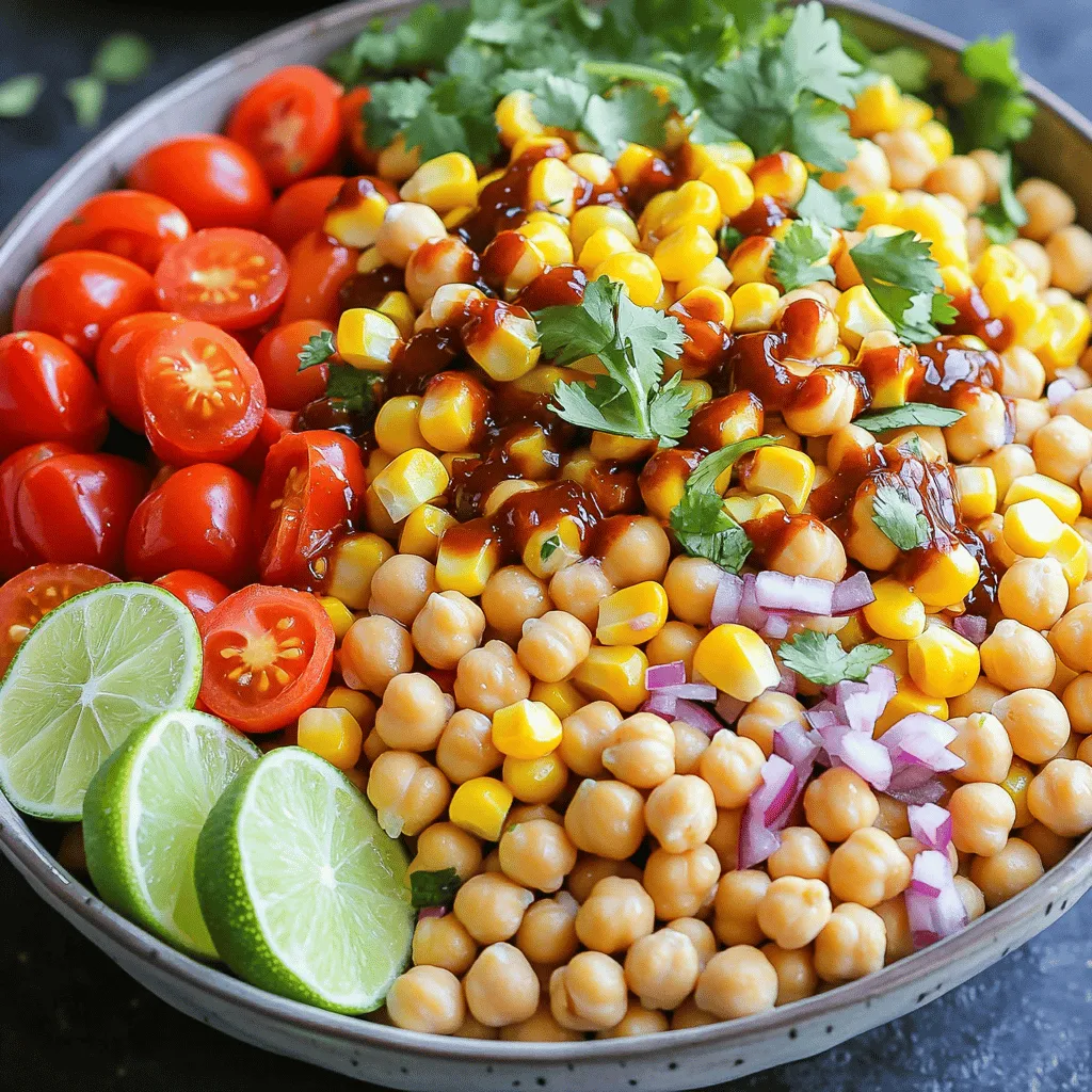 - 1 can chickpeas, drained and rinsed - 1 cup corn kernels (fresh or canned) - 1 red bell pepper, diced - 1 cup cherry tomatoes, halved - ½ red onion, finely chopped - ½ cup fresh cilantro, chopped - ½ cup BBQ sauce (store-bought or homemade) - 2 tablespoons olive oil - 1 tablespoon lime juice - 1 teaspoon smoked paprika - Salt and pepper to taste - Mixing bowls - Whisk - Measuring cups and spoons - Chopping board and knife When I create this BBQ Chickpea Salad, I focus on fresh, vibrant ingredients. Each item adds its own unique taste. Chickpeas are my base. They bring a great texture and protein. Corn adds a sweet crunch, while the red bell pepper gives a nice pop of color and flavor. Cherry tomatoes burst in your mouth, making every bite exciting. The red onion adds a sharp bite that balances everything beautifully. I finish with fresh cilantro for a burst of herbal freshness. For the dressing, I choose a rich BBQ sauce. It ties all the flavors together. Olive oil adds smoothness, while lime juice brightens the dish. Smoked paprika gives a warm, smoky note that enhances the BBQ flavor. I always season with salt and pepper to taste. This simple dressing brings life to the salad. You’ll need a few tools for this recipe. A large mixing bowl is key for combining all the salad components. A whisk helps mix the dressing perfectly. Measuring cups and spoons ensure you get the right amounts. A chopping board and knife make it easy to prep your veggies. As you prepare this salad, remember to enjoy the process. The colors and smells will inspire you to create a dish that is fresh and flavorful. First, grab a large mixing bowl. Combine the chickpeas, corn, diced red bell pepper, halved cherry tomatoes, and finely chopped red onion. This mix gives your salad color and texture. You can use canned or fresh corn. I love the crunch from fresh veggies. Make sure to stir gently to mix everything well. In a separate small bowl, whisk together the BBQ sauce, olive oil, lime juice, smoked paprika, salt, and pepper. This dressing adds a smoky and sweet flavor. You can use store-bought BBQ sauce or make your own. I prefer to make it for a fresher taste. Ensure all ingredients blend smoothly. Now, pour the BBQ dressing over the salad ingredients. Toss gently to coat everything evenly. Be careful not to mash the veggies. Finally, fold in the chopped cilantro for a fresh flavor boost. Let the salad sit for 15 minutes. This helps all the flavors mix well. Serve chilled or at room temperature to enjoy this refreshing dish! Let your BBQ Chickpea Salad sit for 15 minutes before you serve it. This allows the flavors to blend well. The mix of sweet, smoky, and tangy notes will come alive. You will notice how the taste deepens. This step makes each bite more enjoyable. Serve your salad chilled or at room temperature. Both options work well to highlight its freshness. A cold salad feels refreshing, especially on a hot day. Room temperature also helps the flavors shine without being muted by cold. Garnish your BBQ Chickpea Salad with extra cilantro and lime wedges. This adds a vibrant look and a pop of color. The herbs and citrus make the dish more appealing. A pretty presentation invites everyone to dig in and enjoy. {{image_2}} You can add more veggies to enhance the salad's flavor and texture. Avocado brings creaminess. Cucumber adds crunch. Jalapeños give a spicy kick. Each adds a unique twist to the dish. Feel free to mix and match these options to suit your taste. If you want a heartier salad, consider adding protein. Grilled chicken is a great option. It adds a nice smoky flavor. Tofu is another excellent choice for a plant-based boost. Just grill or sauté it lightly before mixing it in. This makes the salad filling and satisfying. Experimenting with dressings can change the whole vibe of this salad. You can try making your own BBQ dressing. Use ingredients like honey or mustard for a twist. A light vinaigrette also pairs well. It adds brightness without overpowering the salad. This way, you can customize flavors to your liking. Store leftovers in an airtight container in the refrigerator for up to 3 days. This keeps the salad fresh and tasty. I always make sure to use a container that seals well. This helps maintain the flavors and crunchiness of the veggies. It’s not recommended to freeze this salad. Freezing can change the texture of the chickpeas and veggies. If you freeze it, the salad may become mushy when thawed. Enjoy it fresh instead! Serve this salad cold. No reheating is needed. Chilling it enhances the flavors, making it more refreshing. I love taking it right from the fridge to the table. It’s a quick and easy dish that stays delicious! Yes, but you'll need to soak and cook them beforehand. Dried chickpeas need time to soften. Soaking them overnight helps. Then, boil them until they are tender. This way, you get fresh, flavorful chickpeas. Absolutely, it can be prepared in advance for quick meals throughout the week. Just store it in an airtight container. When you are ready to eat, enjoy it cold or at room temp. This saves time on busy days. Alternatives include honey mustard or a yogurt-based dressing for different flavor profiles. You can also try a spicy sauce if you like heat. Each option brings a unique taste. Combine ketchup, brown sugar, vinegar, and spices for a basic recipe. Mix them well in a bowl. Taste and adjust to your liking. This sauce adds a personal touch to the salad. Yes, it’s perfect for gatherings as a refreshing side dish or a main course. The bright colors and flavors make it a hit. Plus, it’s easy to serve, so guests can help themselves. For a detailed view, refer to the full recipe for BBQ Chickpea Salad . This BBQ Chickpea Salad is a vibrant mix of flavors. You’ve learned how to combine chickpeas, corn, and fresh veggies to create a tasty dish. Using a simple BBQ dressing adds a kick that brings it all together. Remember to chill the salad for the best taste. You can add other veggies or proteins for variety. This salad is perfect for meal prep or parties. Enjoy your fresh, healthy creation!