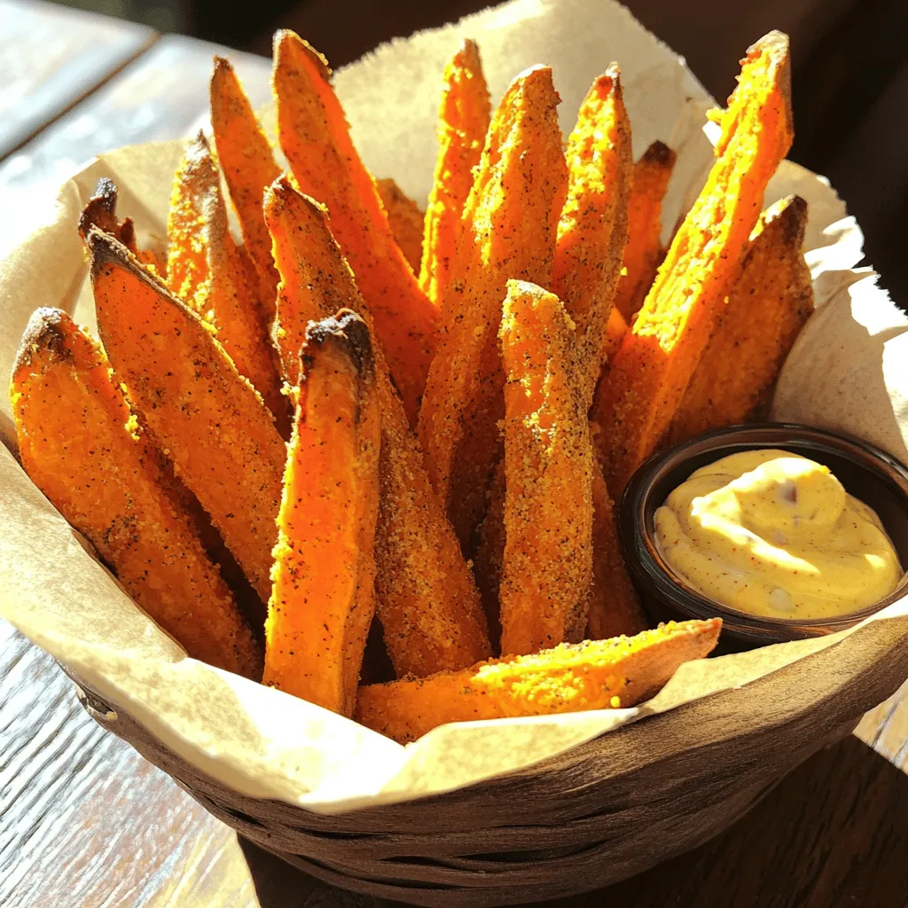To make tasty baked sweet potato fries, gather these simple ingredients: - 2 large sweet potatoes - 2 tablespoons olive oil - Spices and seasonings: smoked paprika, garlic powder, onion powder, sea salt, black pepper - Optional ingredient for extra crispiness: cornstarch Sweet potatoes bring a natural sweetness that pairs well with spices. Olive oil helps the fries get that perfect golden-brown color. The spices, like smoked paprika, add depth and flavor. If you want more crunch, cornstarch does the trick! Having the right tools makes cooking easier. For this recipe, you will need: - Baking sheet - Parchment paper - Mixing bowl - Knife and cutting board Using parchment paper keeps the fries from sticking. A good mixing bowl helps you combine everything well. A sharp knife makes cutting the sweet potatoes quick and easy. With these tools, you can whip up your fries in no time! For the full recipe, check out the detailed steps later on. - Preheat the oven to 425°F (220°C). - Peel and cut sweet potatoes into fries. First, set your oven to 425°F (220°C). This high heat helps make the fries crispy. While the oven heats, peel your sweet potatoes. Cut them into thin, even strips. Aim for about a quarter-inch thickness. This size helps them cook evenly. - Combine sweet potatoes with olive oil and spices. - Optional: Add cornstarch for extra crunch. In a large mixing bowl, add the sweet potato fries. Pour in 2 tablespoons of olive oil. Then, add 1 teaspoon of smoked paprika, garlic powder, onion powder, sea salt, and black pepper. Mix well to coat all the fries. If you want extra crunch, add 1 tablespoon of cornstarch. This step gives your fries a wonderful crispy texture. - Spread fries on a baking sheet. - Bake and flip fries for even cooking. Line a baking sheet with parchment paper. Spread the fries out in a single layer. Avoid stacking them, as space helps with crispiness. Bake them in the preheated oven for 25-30 minutes. Flip the fries halfway through. This ensures they cook evenly and get golden brown. When they are done, let them cool for a couple of minutes. Enjoy your crispy, flavorful snack! For more details, check out the Full Recipe. To get crispy fries, spread them in a single layer. This keeps them from steaming. When fries overlap, they turn soggy. Flip the fries halfway through baking. This helps both sides cook evenly and become golden. Serve your fries in a rustic basket or on a wooden platter. This adds charm to your meal. Pair them with dipping sauces like spicy mayo or garlic aioli. These flavors complement the sweetness of the potatoes. Sweet potatoes are rich in vitamins and minerals. They provide fiber, which helps digestion. They also contain antioxidants, which support overall health. Choosing sweet potatoes is a smart move for a healthy diet. They are lower in calories than regular potatoes, making them a great option. For a complete baking experience, check out the Full Recipe. {{image_2}} You can make baked sweet potato fries even better with different spices. Try adding a sprinkle of cinnamon for a sweet twist. If you like heat, cayenne pepper gives a nice kick. Fresh herbs also add flavor. Rosemary or thyme pairs well with sweet potatoes. Just chop them finely and mix them in with the fries. You can easily make this recipe gluten-free. Just use gluten-free cornstarch if you want extra crunch. For a vegan option, look for plant-based dipping sauces. Hummus or guacamole can be a great choice. They add creaminess and flavor without any animal products. If you want a quick cook time, use an air fryer. Set it to 400°F (200°C) and cook for about 15-20 minutes. Shake the basket halfway through for even cooking. If you have a convection oven, it cooks faster too. Set it at 425°F (220°C) and keep an eye on the fries. They should be crispy and golden in about 20-25 minutes. Explore these variations to find your favorite way to enjoy baked sweet potato fries. For the full recipe, check out the detailed instructions above! To keep your baked sweet potato fries fresh, place them in an airtight container. Let them cool completely first. You can store them in the fridge for up to four days. If you want the best taste, eat them sooner. When it's time to enjoy your leftovers, reheating them right is key. The oven is the best method. Preheat it to 400°F (200°C) and bake for about 10-15 minutes. This helps regain their crispy texture. The microwave works too, but it can make them soggy. If you use a microwave, heat them for 30 seconds. Check and repeat if needed. You can freeze baked sweet potato fries for longer storage. For this, let them cool completely. Spread them on a baking sheet and freeze for one hour. Then, transfer them to a freezer bag. Seal it tightly, pushing out as much air as possible. They can last up to three months in the freezer. To reheat, thaw them overnight in the fridge. Bake them again at 400°F (200°C) until hot and crispy. This method keeps the flavor and texture intact. For the full recipe, check the earlier sections. Baked sweet potato fries usually take 25 to 30 minutes to cook. I recommend checking them halfway through. Flip them for even cooking. This will help them crisp up nicely. Cooking time may vary based on your oven. Always look for a golden brown color to know they are done. Yes, you can use regular potatoes instead of sweet potatoes. However, they will taste different. Sweet potatoes give a natural sweetness. Regular potatoes are more starchy and less sweet. The texture will also change. Sweet potatoes tend to be softer and creamier. Regular potatoes may turn out crispier but less flavorful. Some popular dipping sauces for sweet potato fries include spicy mayo, garlic aioli, and ranch. You can also make your own sauce. Try mixing yogurt with lime juice and spices for a fresh kick. Another great option is honey mustard. It pairs well with the sweet flavor of the fries. Explore different sauces to find your favorite! For the full recipe, check out the recipe above. You now have all the tools to make tasty baked sweet potato fries. We covered the ingredients, tools, and clear steps for cooking. I shared tips for getting that perfect crispy texture. You learned fun ways to change flavors and textures. Don’t forget about reusing leftovers or freezing them. Making sweet potato fries is not only easy but also good for you. Enjoy experimenting with this healthy snack in your kitchen. Dive in and taste the deliciousness today!