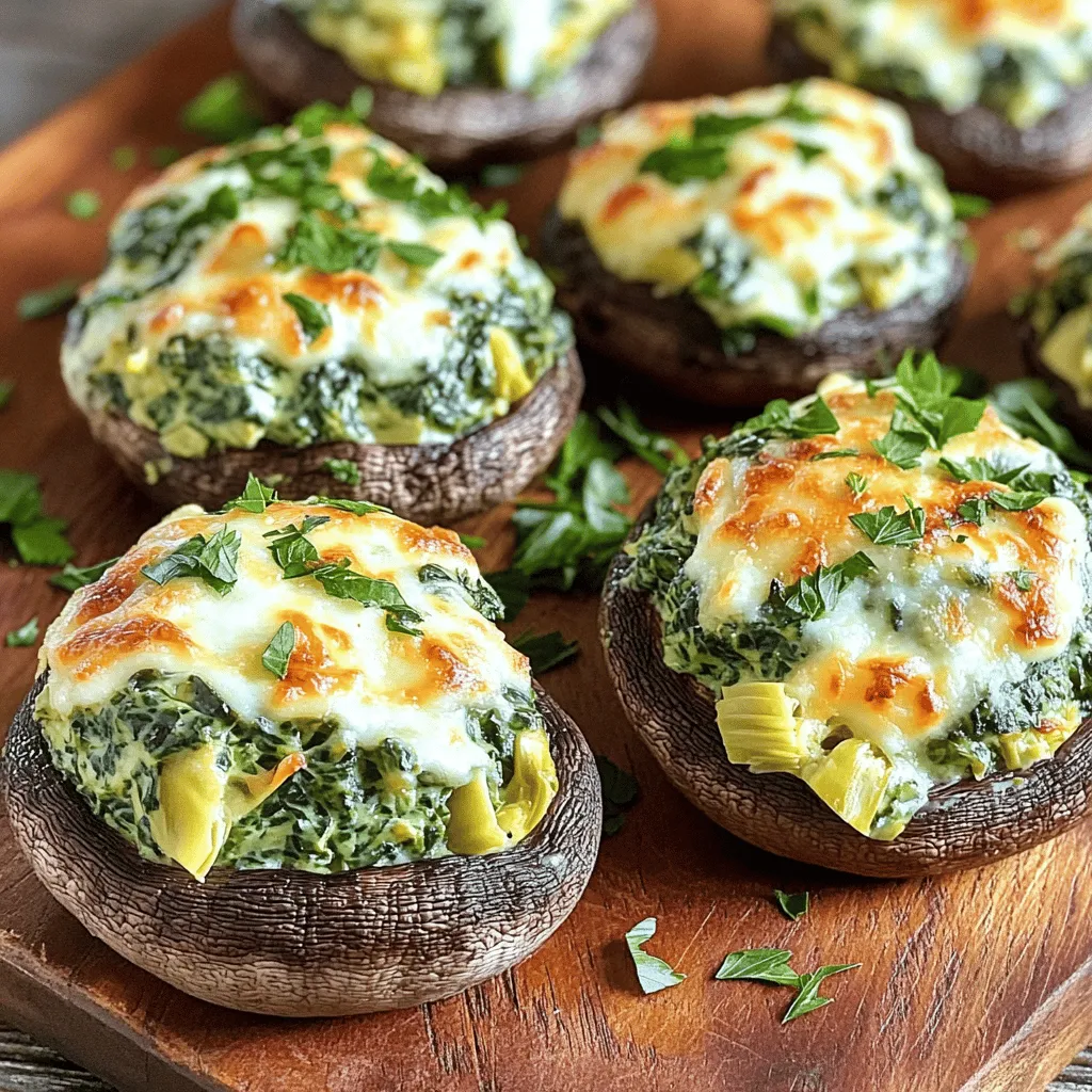 To make these tasty spinach artichoke stuffed mushrooms, you need the following: - 16 large portobello or cremini mushrooms, stems removed - 1 cup fresh spinach, chopped - 1 cup artichoke hearts, chopped (canned or frozen) - 1/2 cup cream cheese, softened - 1/2 cup grated Parmesan cheese - 1/4 cup shredded mozzarella cheese - 2 cloves garlic, minced - 1 teaspoon lemon juice - 1 teaspoon olive oil - Salt and pepper to taste - Fresh parsley, chopped (for garnish) When picking mushrooms, look for firm ones with no dark spots. Avoid those that feel slimy. For artichokes, fresh is best, but canned or frozen work well too. If you want to swap the cream cheese, try ricotta or goat cheese. For the cheeses, you can use any hard cheese in place of Parmesan. These substitutions can change the flavor profile, so choose what you like best! For a healthier twist, consider using low-fat cream cheese. This recipe gives you options while keeping it delicious. Want the full recipe? Check out the full recipe for more details! First, we need to prep our mushrooms. Start by cleaning them gently. Use a damp cloth to wipe away dirt. Next, remove the stems. You want to create a nice cup for the filling. This will hold all the tasty goodness. Next, let’s sauté the spinach and artichokes. Heat a skillet over medium heat. Add a teaspoon of olive oil and the minced garlic. Sauté for about one minute. This will make your kitchen smell amazing. Then, toss in the chopped spinach and artichoke hearts. Cook for three to four minutes. Keep stirring until the spinach wilts down. Once done, remove it from heat. Now, it’s time to mix the cheese filling. In a bowl, combine the softened cream cheese, grated Parmesan, and lemon juice. Mix until it is smooth and creamy. Then, carefully fold in the sautéed spinach and artichokes. Make sure to add salt and pepper to taste. This blend will be rich and flavorful. Preheat your oven to 375°F (190°C). This helps the mushrooms cook evenly. Once it’s ready, spoon the cheese mixture into each mushroom cap. Pack it in generously for the best flavor. After that, place the stuffed mushrooms on a baking sheet. Sprinkle shredded mozzarella cheese on top of each one. Bake them for 15 to 20 minutes. You want the mushrooms to be tender and the cheese bubbly. Keep an eye on them so they don’t overcook. After baking, let them cool for a few minutes. This cooling time helps the flavors settle. For a great presentation, arrange the stuffed mushrooms on a nice platter. Sprinkle freshly chopped parsley over the top. This adds a bright pop of color. Enjoy them warm for the best taste. Check out the Full Recipe for all the details! To enhance flavor, consider adding herbs like thyme or basil. A pinch of crushed red pepper gives a nice kick too. If you want, you can mix in some lemon zest for brightness. You can make these stuffed mushrooms ahead of time. Just prepare them and store them in the fridge for a day. They also freeze well. Just thaw and bake when you’re ready. For serving, arrange the mushrooms on a nice platter. Pair them with a fresh salad or some crusty bread. They make a great appetizer for any gathering. If your filling turns out dry, add a splash of cream or more cream cheese. This will bring moisture back to the mix. If the mushrooms end up too salty, add a squeeze of lemon juice. A bit of sugar can also help balance flavors. If they taste bland, sprinkle in some seasoning. To make sure the cheese melts perfectly, cover the mushrooms with foil for the first half of baking. Then remove it to let the cheese brown nicely. {{image_2}} You can switch up the cheese for fun flavors. Try using blue cheese or feta. These cheeses add a tangy twist that surprises your taste buds. If you want a dairy-free option, go for vegan cream cheese or cashew cheese. They work well and keep the dish creamy. Want to make your stuffed mushrooms heartier? You can add proteins like chicken or crab meat. Just chop them finely and mix them with the filling. If you prefer a vegetarian option, use tofu or lentils. They soak up flavors and make your dish filling. Spice it up! Add red pepper flakes for heat or fresh herbs like thyme or basil for extra flavor. You can also switch the mushrooms. Portobello mushrooms are meaty, while button mushrooms are small and cute. Each type brings its own taste and texture to the dish. For the complete recipe, check out the Full Recipe. To keep your spinach artichoke stuffed mushrooms fresh, follow these tips: - Refrigerate leftovers: Place the stuffed mushrooms in an airtight container. This keeps them moist and flavorful. They stay good for about 3-4 days in the fridge. - Freezing stuffed mushrooms: If you want to save them for later, freeze them before baking. Wrap each stuffed mushroom in plastic wrap and then in foil. They can last up to 2 months in the freezer. When it’s time to enjoy your leftovers, reheating properly is key: - Microwave vs. oven reheating: The microwave is quick, but it can make the mushrooms soggy. The oven keeps the texture better. Preheat the oven to 350°F (175°C) and bake for about 10-15 minutes. - Keeping the texture and flavor intact: If using the microwave, cover the mushrooms with a damp paper towel. This helps to keep them from drying out. If using the oven, add a little water to the baking dish to create steam. For the full recipe, refer to the section above on Spinach Artichoke Stuffed Mushrooms. How do I prepare mushrooms to prevent them from getting soggy? To keep mushrooms from getting soggy, start by cleaning them gently with a damp cloth. Avoid soaking them in water. Remove the stems and dry the caps before stuffing. Cooking them at a high temperature helps, too. Can I use frozen spinach in this recipe? Yes, you can use frozen spinach. Just thaw it, drain excess water, and chop it finely. This saves time and still gives great flavor to your stuffed mushrooms. What are the best side dishes to serve with Spinach Artichoke Stuffed Mushrooms? Perfect sides include a crisp salad, garlic bread, or a light pasta. These dishes balance the rich flavors of the stuffed mushrooms. Caloric content and macronutrient breakdown One serving of Spinach Artichoke Stuffed Mushrooms has about 220 calories. It contains around 12 grams of protein, 15 grams of fat, and 10 grams of carbs. This makes it a satisfying snack or appetizer. Health benefits of the main ingredients - Spinach: Loaded with iron and vitamins A and C, it supports overall health. - Artichokes: High in fiber, they help digestion and maintain heart health. - Mushrooms: Provide vitamin D and antioxidants, boosting your immune system. Notable local restaurants serving Spinach Artichoke Stuffed Mushrooms Look for places like "The Cozy Bistro" or "Gourmet Garden." They offer delicious stuffed mushrooms that rival homemade versions. Tips for finding quality stuffed mushrooms in restaurants When searching for great stuffed mushrooms, check the menu for fresh ingredients. Ask if they use real cheese and seasonal veggies. A good restaurant will showcase vibrant flavors and quality mushrooms. In this post, we covered everything from selecting fresh ingredients to making and storing stuffed mushrooms. I shared tips on enhancing flavor and fixing common cooking issues. You can explore variations to suit your taste, like adding proteins or using different cheeses. Remember, cooking is about experimenting and having fun. Use these steps to create your own delicious spinach artichoke stuffed mushrooms. Enjoy the process and share your tasty results!