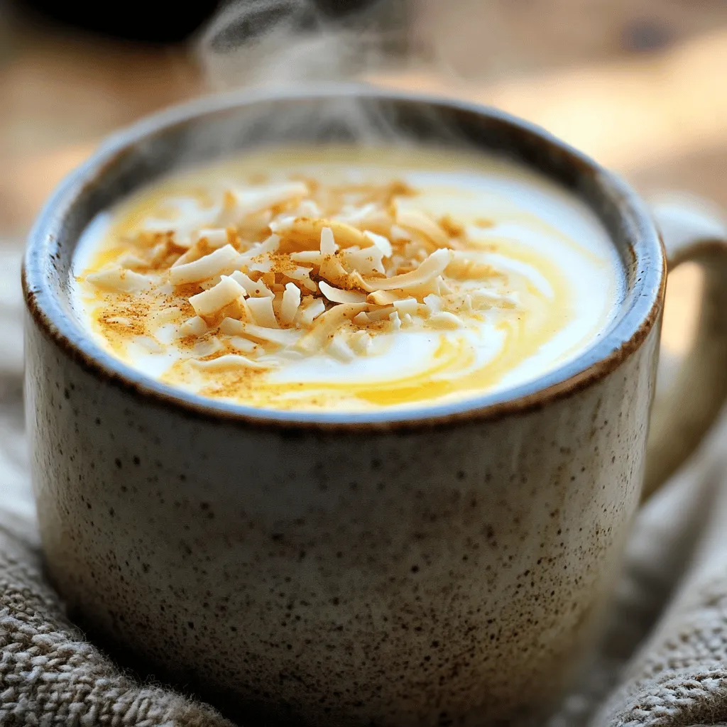 To make a delicious Coconut Chai Latte, gather these items: - 1 cup coconut milk - 1 cup water - 2 tablespoons loose chai tea or 2 chai tea bags - 1 tablespoon honey or maple syrup (adjust to taste) - 1 teaspoon ground cinnamon - 1/2 teaspoon ground ginger - 1/4 teaspoon ground cloves - 1/4 teaspoon ground cardamom - 1/4 teaspoon vanilla extract - Pinch of sea salt - Optional: toasted coconut flakes for garnish When measuring your ingredients, use a liquid measuring cup for coconut milk and water. For dry spices, a set of measuring spoons works best. If you find yourself unsure, always measure a bit less first. You can add more later to reach your desired flavor. You can switch some ingredients if needed. If you want to avoid sugar, try using stevia instead of honey or maple syrup. Almond milk or oat milk can replace coconut milk if you prefer. For a caffeine-free option, use herbal chai tea. Don't hesitate to mix and match spices to find your perfect blend! To make your coconut chai latte, gather all your ingredients first. This makes cooking easy. You need coconut milk, water, chai tea, honey, and spices. Prepare your tools too: a medium saucepan and a whisk. 1. In your saucepan, mix one cup of coconut milk and one cup of water. 2. Heat the mix on medium heat until it is warm. Do not let it boil. 3. Add the chai tea. If you use loose tea, use a strainer later. Let it steep for 5 to 7 minutes. 4. Remove the tea bags or strain the loose tea. Now stir in honey or maple syrup, ground cinnamon, ginger, cloves, cardamom, vanilla extract, and a pinch of sea salt. 5. Whisk the mixture for about one minute. This makes it frothy and fun. 6. Taste your chai latte. Adjust the sweetness or spice if needed. 7. Pour your hot latte into mugs. Top with toasted coconut flakes for a nice crunch. Whisking is key to a good coconut chai latte. Use a whisk that feels good in your hand. Move it up and down quickly. You can also use an electric frother for more bubbles. If you want a thicker froth, whisk longer. The more you whisk, the better the foam! To make your Coconut Chai Latte even better, try adding a few spices. For a warm kick, add a dash of cayenne pepper. If you like it sweet, try adding vanilla bean or a splash of almond extract. Fresh ginger can also give a nice zing. Experiment with these flavors to find what you love best. You can prepare your Coconut Chai Latte ahead of time. Make a big batch and store it in the fridge. Just heat it up when you’re ready to enjoy. This is great for busy mornings or when guests drop by. If you plan to drink it later, keep the frothing separate. This way, it stays creamy and delicious. Frothing coconut milk can be tricky. Start with chilled coconut milk for the best foam. Use a handheld frother or a blender to create a light texture. Whisk vigorously for about a minute. If you want thicker foam, you can add a bit of regular milk. This gives you a better frothy top. Always whisk right before serving for that fresh, creamy feel. {{image_2}} You can switch the coconut milk for other options. Almond milk works well. Oat milk is creamy and tasty too. If you want a nut-free choice, try soy milk. Each milk gives a unique flavor. Taste different milks to find your favorite! Spices are key to a great chai latte. You can add or remove spices as you like. For more heat, add black pepper. If you love sweetness, try adding nutmeg or star anise. Adjusting spices lets you create your own mix. Find a balance that makes you smile! Want a cold treat? Make an iced version! Start with the same ingredients. Prepare the coconut chai latte and let it cool. Pour it over ice in a tall glass. You can top it with whipped coconut cream for fun. Enjoy this refreshing drink on a hot day! Explore the Full Recipe to discover how to make this delightful drink. Coconut milk is creamy and rich. It provides healthy fats called medium-chain triglycerides (MCTs). These fats can boost energy and help with weight loss. Coconut milk also has vitamins C, E, and several B vitamins. These vitamins are good for your skin and can help your body fight off sickness. Plus, it has minerals like magnesium and potassium, which support heart health and muscle function. Chai tea combines many spices, each offering unique benefits. Cinnamon helps control blood sugar levels. Ginger can reduce nausea and improve digestion. Cloves are full of antioxidants, which fight free radicals in the body. Cardamom may help lower blood pressure and improve oral health. Together, these spices can boost your immune system and improve your overall well-being. Using honey or maple syrup in your Coconut Chai Latte is healthier than refined sugar. Natural sweeteners contain vitamins and minerals that refined sugar lacks. They also have a lower glycemic index, meaning they do not spike your blood sugar as much. When you use these sweeteners, you get flavor and health benefits. You can enjoy your drink while being kinder to your body. Want to make this delicious drink? Check out the Full Recipe! Coconut Chai Latte tastes best fresh. If you store it, keep it in the fridge. It will last for 3 to 5 days. Always use an airtight container. Before drinking, stir it well. The flavors may settle in the fridge. Yes, you can use pre-made chai concentrate! This option saves time and adds convenience. Just mix it with coconut milk and water. Follow the same steps in the recipe for a quick drink. Adjust sweetness to your taste. You can find ready-to-drink Coconut Chai Latte at many grocery stores. Look in the beverage aisle or near the coffee section. Some health food stores carry it as well. Check online for special brands. You might find unique flavors that you love! This blog post covered all the essentials for making a Coconut Chai Latte. We explored the ingredients, including measurement tips and substitutions. I provided step-by-step cooking instructions and useful tips for whisking and frothing. You also learned about flavor enhancements and health benefits of the ingredients used. In closing, making a Coconut Chai Latte can be fun and rewarding. With these tips, enjoy a delicious drink tailored to your taste. Now, grab your ingredients and start brewing!