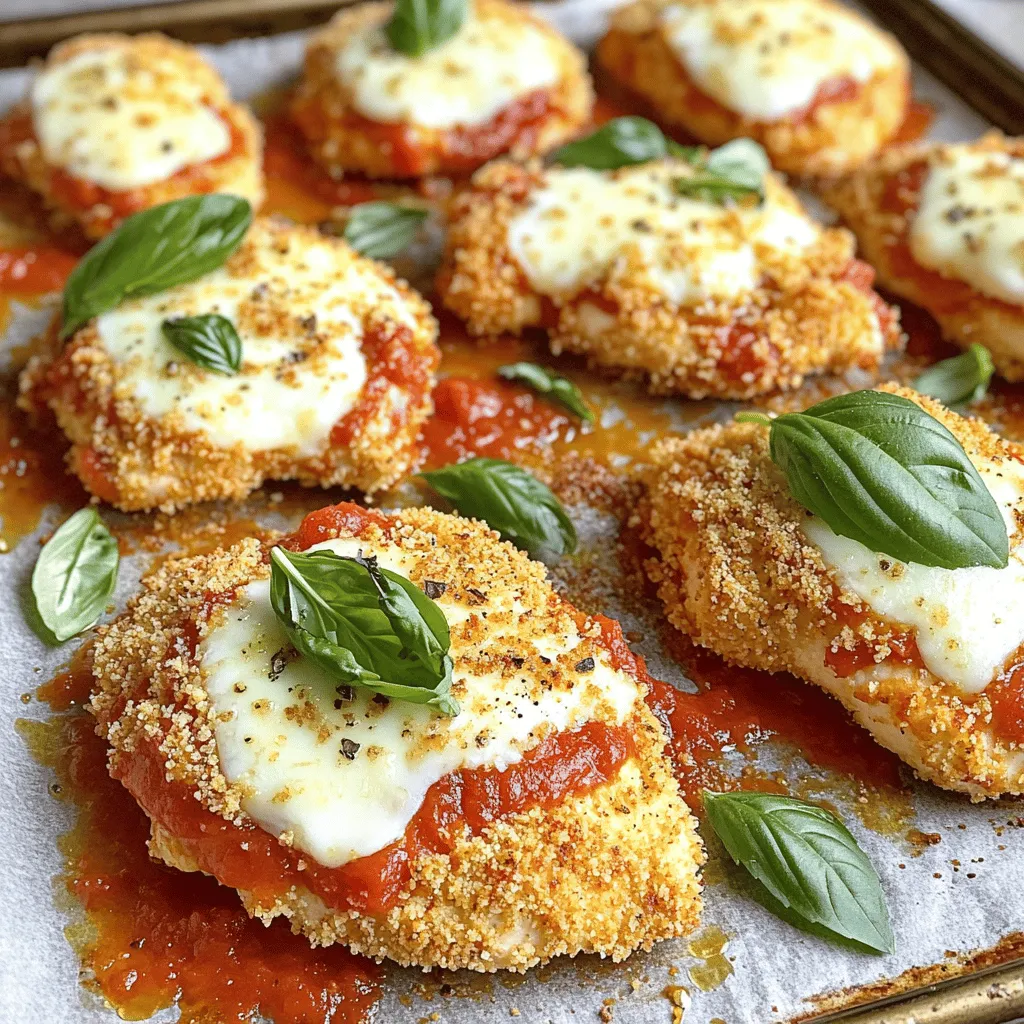 For a tasty Baked Chicken Parmesan, you need: - 4 boneless, skinless chicken breasts - 1 cup breadcrumbs (panko works best) - 1/2 cup grated Parmesan cheese - 1 teaspoon Italian seasoning - 1 teaspoon garlic powder - 1/2 teaspoon salt - 1/4 teaspoon black pepper - 2 large eggs - 1 cup marinara sauce - 1 1/2 cups shredded mozzarella cheese - Fresh basil leaves for garnish - Olive oil spray These ingredients make a delicious dish that everyone will love. To boost the flavor of your chicken, consider these options: - Fresh herbs like parsley or oregano - A pinch of red pepper flakes for heat - Lemon zest for a fresh twist - Additional spices like paprika or onion powder Adding these can make your dish even more special. To make this recipe easier, gather these tools: - Baking sheet - Parchment paper - Shallow bowls for mixing - Whisk for beating eggs - Meat mallet for flattening chicken (optional) Having the right tools helps you cook smoothly and enjoy the process. If you want to follow the Full Recipe, it has all the steps you need! Start by preheating your oven to 400°F (200°C). This step is key for cooking the chicken well. Next, line a baking sheet with parchment paper. Make sure to lightly spray it with olive oil. This helps the chicken crisp up. Now, prepare the breadcrumb mix. In a shallow bowl, combine the breadcrumbs, grated Parmesan cheese, Italian seasoning, garlic powder, salt, and pepper. Stir until all ingredients blend nicely. In another bowl, beat the two eggs until mixed well. Take each chicken breast. Dip it into the egg first. Let any extra egg drip off. Then coat it in the breadcrumb mixture. Press gently to ensure the crumbs stick well. Place the coated chicken on the baking sheet. Lightly spray the tops with olive oil. It’s time to bake! Put the chicken in the preheated oven for 25 to 30 minutes. Check that it reaches an internal temperature of 165°F (74°C). You want it cooked through and golden brown. After baking, remove the chicken from the oven. Spoon marinara sauce generously over each piece. Spread it evenly to cover the chicken. Then, sprinkle shredded mozzarella cheese on top. Return the chicken to the oven for 5 to 7 minutes. Bake until the cheese melts and bubbles. This adds a delicious finish to your dish. Once the cheese is melted, take the chicken out of the oven. Let it rest for a few minutes before serving. This helps with the flavors. For a nice touch, garnish with fresh basil leaves. You can serve the baked chicken parmesan over spaghetti or with a fresh salad. The Full Recipe is easy to follow, making this dish a delight to share. Coating chicken the right way makes a big difference. First, make sure your chicken is dry. Use paper towels to pat it down. This helps the coating stick. Next, dip the chicken in egg. Make sure to cover it well. Then, roll it in your breadcrumb mix. Press down gently to help the crumbs stick. This method gives you a nice, thick crust. To get that perfect crunch, spray the chicken lightly with olive oil. This helps it crisp up in the oven. Use panko breadcrumbs for extra crunch. They are lighter and crispier than regular breadcrumbs. Bake the chicken at 400°F for about 25-30 minutes. This temperature cooks the chicken quickly while keeping it moist. Baked chicken parmesan pairs well with many sides. Serve it over spaghetti for a classic touch. A fresh side salad adds a nice crunch and balance. Garlic bread is another great option to soak up the sauce. For a lighter meal, try steamed veggies. They add color and nutrients to your plate. For the full recipe, check out the earlier section. Enjoy your meal! {{image_2}} You can easily switch up the cheese in this recipe. Instead of just mozzarella, try using provolone or gouda. These cheeses can add a new taste and texture. Provolone melts beautifully and gives a nice smoky flavor. Gouda, on the other hand, adds creaminess. Mixing cheeses can make your dish even more exciting. For those who need a gluten-free option, you can use gluten-free breadcrumbs. They work just as well as regular breadcrumbs. Look for ones made from rice or corn. Also, check that your marinara sauce is gluten-free. This way, you can enjoy the same great taste without any gluten. If you want a vegetarian version, consider using eggplant or zucchini. Slice the vegetables into thick rounds. Coat and bake them just like chicken. These veggies soak up flavor well and give a hearty bite. You can also try using portobello mushrooms. Their meaty texture makes them perfect for this dish. Each of these options offers a tasty twist on the classic chicken parmesan, helping you explore new flavors while keeping the spirit of the dish. For the full recipe, check the earlier sections. To keep your baked chicken parmesan fresh, store it in an airtight container. Let it cool down to room temperature first. This helps prevent condensation inside the container, which can make it soggy. You can store it in the fridge for up to three days. If you want to keep it longer, consider freezing it. When you're ready to enjoy the leftovers, reheating is key. Preheat your oven to 350°F (175°C). Place the chicken on a baking sheet. Cover it with foil to keep the moisture in. Heat for about 20 minutes. This ensures the chicken stays juicy and the cheese melts nicely. You can also use a microwave, but the oven gives a better texture. Freezing is a great option if you want to save some for later. After cooking, let the chicken cool completely. Then, wrap each piece tightly in plastic wrap. Place the wrapped chicken in a freezer bag. Remove as much air as possible. It can last up to three months in the freezer. To reheat, let it thaw in the fridge overnight before following the reheating instructions. Baked Chicken Parmesan takes about 25 to 30 minutes to cook. You should bake it at 400°F (200°C). Ensure the chicken reaches an internal temperature of 165°F (74°C). This way, it is safe to eat and perfectly juicy. Yes, you can make Baked Chicken Parmesan ahead of time. You can prep the chicken and coat it with breadcrumbs. Store it in the fridge for up to 24 hours before baking. Just remember to add a few extra minutes to the cooking time if it's cold from the fridge. There are many ways to customize your Baked Chicken Parmesan. You can use different cheeses like provolone or fontina. Add herbs like fresh thyme or oregano for more flavor. You can even switch up the marinara sauce with pesto or Alfredo sauce for a twist. You can find the Full Recipe for Baked Chicken Parmesan in the main article. It includes all the steps and tips you need to make this dish a success! Baked Chicken Parmesan is easy and fun. We covered key ingredients, tools, and step-by-step instructions. Tips for crispy chicken and tasty sides will help you shine. Variations like gluten-free and vegetarian options let you mix it up. Plus, knowing proper storage makes leftovers last longer. Enjoying this dish can bring smiles to the table. With these insights, you can make a delicious meal everyone will love.