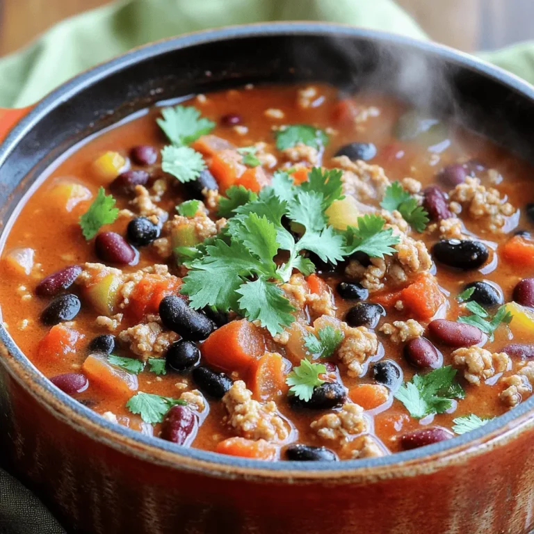 - 1 pound ground turkey - 1 can (15 oz) black beans, rinsed and drained - 1 can (15 oz) kidney beans, rinsed and drained - 1 can (14.5 oz) diced tomatoes with green chilies - 1 medium onion, chopped - 3 cloves garlic, minced - 1 bell pepper (red or green), chopped The main ingredients in this turkey chili add both flavor and nutrition. Ground turkey is a lean meat choice. It keeps the chili healthy while adding protein. The canned beans bring fiber and texture. They also make the dish filling. Diced tomatoes add moisture and a hint of spice. Onions and garlic are key for a robust base. They build layers of flavor right from the start. - 2 tablespoons chili powder - 1 teaspoon cumin - 1 teaspoon smoked paprika - 1/2 teaspoon salt - 1/4 teaspoon black pepper - 1 tablespoon olive oil Spices and seasonings make this chili stand out. Chili powder gives it warmth and depth. Cumin adds an earthy note that pairs well with turkey. The smoked paprika brings a subtle smokiness, making every bite satisfying. Salt and pepper enhance all the flavors. Olive oil is key for sautéing the veggies, making them tender and tasty. - 1 cup corn (fresh, frozen, or canned) - Fresh cilantro for garnish (optional) Optional ingredients can elevate your chili even more. Corn adds sweetness and a pop of color. It helps balance the heat from the spices. Fresh cilantro is a great garnish. It gives a burst of freshness and a nice visual touch. Feel free to add these ingredients based on your taste! For the full recipe, check out the details above. To start, gather all your ingredients. You’ll need fresh veggies like onion, garlic, and bell pepper. Chop the onion and bell pepper into small pieces. Mince the garlic cloves finely. This helps release their great flavor. Next, measure out your spices. You will need chili powder, cumin, smoked paprika, salt, and black pepper. This step makes cooking faster and easier. Now, it’s time to cook! Heat olive oil in a large pot over medium heat. Once hot, add the chopped onion and bell pepper. Stir in the minced garlic. Sauté for about 5 minutes until the veggies soften. Then, add the ground turkey to the pot. Cook it for 7 to 8 minutes, breaking it into small pieces as it cooks. This makes it tender and juicy. After it browns, stir in your spices. Cook for another minute so the spices become fragrant. Next, it’s time to add the beans, tomatoes, and broth. Pour in the diced tomatoes along with their juice. Add in the black beans, kidney beans, corn, and chicken broth. Mix everything well. Bring the mixture to a boil, then reduce the heat to low. Cover the pot and let it simmer for 30 to 40 minutes. Stir occasionally to keep it from sticking. After simmering, taste the chili. Adjust the seasoning as needed. If you want a thicker chili, simmer it uncovered for an extra 10 to 15 minutes. This helps the flavors deepen and blend well. Once ready, ladle the chili into bowls. You can garnish it with fresh cilantro if you like. This adds a pop of color and freshness to each bowl. For the full recipe, check the detailed instructions above. Enjoy your healthy turkey chili! To thicken your chili, let it cook longer without a lid. This allows steam to escape, making the chili denser. You can also mash some beans against the pot. This adds body and creaminess. If your chili is too thick, add more broth. Use low-sodium chicken broth for flavor without too much salt. Adjusting broth helps you find your preferred texture. For best seasoning, add spices when you sauté the vegetables. This helps release their flavors. Taste your chili as it cooks. You can always add more spices later. If you like it spicy, toss in some cayenne pepper or diced jalapeños. Start small and increase as needed. This way, you control the heat. Use a sturdy pot, like a Dutch oven or a large saucepan. These hold heat well, which helps in even cooking. A wooden spoon works great for stirring. A ladle is handy for serving. If you want to save time, a slow cooker can be useful. Just combine the ingredients and let it cook. This makes the process easier and gives you more free time. For the full recipe, refer to the Healthy Turkey Chili section. {{image_2}} You can swap ground turkey with lean beef or chicken. These meats work well and still keep the dish healthy. If you want a meat-free option, use lentils or mushrooms. They add great texture and flavor. Feel free to add more vegetables to your chili. Zucchini, carrots, or spinach all boost nutrition and taste. You can also try different beans. Chickpeas or pinto beans can change the flavor profile. For toppings, add shredded cheese, sour cream, or avocado. Fresh herbs like cilantro enhance the dish. Serve your chili with cornbread or over rice for a hearty meal. You can even use it as a filling for tacos or burritos. Check out the Full Recipe for more delicious ideas! To store leftovers safely, let the chili cool down first. This prevents bacteria growth. Place the chili in airtight containers. Glass or plastic containers work well. Avoid leaving it out for more than two hours. To freeze chili, allow it to cool completely. Use freezer-safe containers or bags. Remove as much air as possible to prevent freezer burn. For thawing, move the chili to the fridge overnight. When reheating, warm it on the stove over low heat. Stir often to heat evenly. In the fridge, chili lasts about 3 to 4 days. In the freezer, it can last up to 3 months. Check for any off smells or changes in color before eating. If it looks or smells bad, throw it away. Enjoy your Healthy Turkey Chili packed with flavor and nutrition! For the Full Recipe, click here. Using turkey and beans adds a lot of nutrition to this chili. Ground turkey has less fat than beef, making it a smart choice for a healthy meal. It's high in protein, which helps you feel full and satisfied. Beans are full of fiber, which is great for digestion and helps lower cholesterol. They also provide vitamins and minerals, like iron and magnesium. Together, these ingredients make this chili both tasty and nourishing. Yes, you can make this chili ahead of time. It tastes even better after sitting for a day. To meal prep, cook the chili as instructed. Once cooled, store it in airtight containers. The chili will keep well in the fridge for up to three days. To reheat, simply warm it on the stove or in the microwave. Stir it well and enjoy the flavors again. No problem! This chili is flexible. If you lack certain beans, use what you have on hand. You can swap black beans for pinto beans or chickpeas. If you don’t have fresh bell peppers, add any other veggies, like zucchini or carrots. You can also change spices based on your taste. This recipe lets you be creative while cooking. For the full recipe, check the overall guide. This chili recipe uses ground turkey, beans, and spices for a tasty meal. We discussed how to prepare and cook it step by step. You learned tips for the right consistency and flavor. Remember, you can easily customize this dish with different ingredients or toppings. Whether you store leftovers or freeze it, the chili stays fresh. Explore the health benefits and meal prep options. By making this chili, you enjoy a delicious and nutritious dish that's simple to prepare.