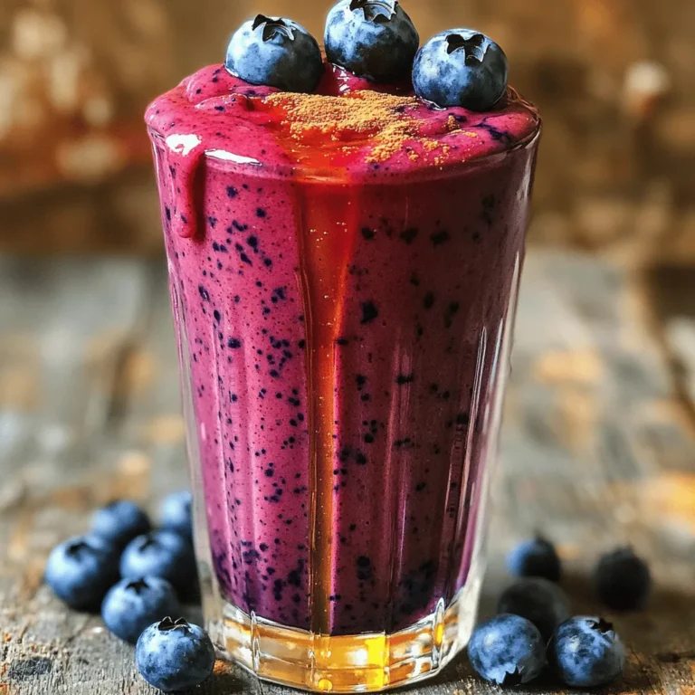 To make the Blueberry Almond Butter Shake, gather these simple ingredients: - 1 cup fresh or frozen blueberries - 1 banana, frozen - 2 tablespoons almond butter - 1 cup almond milk (or any milk of your choice) - 1 tablespoon honey or maple syrup (optional) - 1 teaspoon vanilla extract - A pinch of cinnamon - Ice cubes (optional, for a thicker shake) - Blueberries: These tiny fruits are packed with antioxidants. They help keep your heart healthy and may boost brain health. - Banana: Bananas add natural sweetness and creaminess. They are high in potassium and can give you energy. - Almond Butter: This nut butter is rich in healthy fats and protein. It supports muscle health and keeps you full longer. - Almond Milk: A great dairy alternative, almond milk is low in calories and can help with weight management. - Honey or Maple Syrup: These natural sweeteners add flavor and give quick energy. Use them if you want a sweeter shake. - Vanilla Extract: This adds a warm, sweet flavor. It can help make the shake taste more dessert-like. - Cinnamon: A pinch adds warmth and may help control blood sugar levels. - Ice Cubes: They make your shake cold and refreshing. Adding ice can also thicken the texture. If you don’t have an ingredient, here are some easy swaps: - Blueberries: Use strawberries or raspberries for a different flavor. - Banana: Avocado can add creaminess if you want to skip the banana. - Almond Butter: Peanut butter or sunflower seed butter works well too. - Almond Milk: Any milk, like oat milk or soy milk, can replace almond milk. - Honey or Maple Syrup: Agave syrup or stevia can be good alternatives. - Vanilla Extract: You can use almond extract for a nutty twist. - Cinnamon: Nutmeg or pumpkin spice can add a nice flavor change. - Ice Cubes: Skip the ice if you want a lighter shake. To make the Blueberry Almond Butter Shake, start by gathering all your ingredients. You will need fresh or frozen blueberries, a frozen banana, almond butter, and almond milk. Place these ingredients in your blender. I love using frozen bananas because they add creaminess. If you want some sweetness, add honey or maple syrup next. Don't forget to include vanilla extract and a pinch of cinnamon for flavor. Blend everything on high until the mix is smooth and creamy. This usually takes about 30 seconds. If you want a colder shake, toss in some ice cubes and blend again until thick. This method gives you a delightful texture that feels like a treat. For a perfect creamy shake, the order of your ingredients matters. Always add the liquid first. This helps the blades move smoothly. If your shake feels too thick, don’t worry! Just add a splash more almond milk. Using frozen fruit, like the blueberries and banana, is key. They chill the shake and make it thick. If you want even more creaminess, try adding an extra tablespoon of almond butter. This will also give it a rich, nutty taste that pairs well with the blueberries. Taste your shake before serving. If you want it sweeter, add more honey or maple syrup. Blend for a few seconds after adding sweetener. If the shake is too thick, simply add more almond milk until it reaches your desired consistency. You can also play with the flavors. If you like a touch of spice, add more cinnamon. It adds warmth and depth. Remember, the beauty of this shake is that you can make it just how you like it. For the full recipe, check the details above. Adding spices can change your shake. A pinch of cinnamon adds warmth. You might also like nutmeg for a cozy taste. Try a dash of ginger for a spicy kick. These spices boost the health benefits and flavor. You can use fresh or frozen blueberries. Fresh blueberries are sweet and juicy. Frozen blueberries are great for a thick shake. They chill the drink without ice. If using frozen bananas, they give a creamy texture. Both choices work well; it just depends on what you have. Serve your shake in a tall glass. Top it with a few fresh blueberries. You can also sprinkle some chopped nuts on top for a crunch. Enjoy it with a slice of whole-grain toast. It makes a great breakfast or snack. For a fun twist, pair it with a piece of dark chocolate. This shake is tasty and can fit into any meal plan. For the complete recipe, check out the full recipe section. {{image_2}} If you want a dairy-free option, almond milk works great. You can also use oat milk or coconut milk. These milks blend well with the shake and keep it creamy. If you’re vegan, use maple syrup instead of honey. This keeps your shake plant-based and still sweet. Want to boost the nutrition? Try adding superfoods! Chia seeds are a fantastic choice. They add fiber and protein. Just one tablespoon will do. You can also mix in a handful of spinach. Spinach has many vitamins and minerals but won’t change the flavor much. Both options make your shake even healthier without losing taste. For a fun twist, consider adding cocoa powder. Just one tablespoon can give your shake a chocolatey flavor. It pairs well with blueberries. You can also experiment with peanut butter or other fruits like strawberries. Each new flavor makes your shake exciting and unique. For the complete recipe, check out the Full Recipe section! You might have some shake left after your tasty treat. Store it in the fridge. Use a clean glass or jar with a tight lid. It stays fresh for about 24 hours. When you’re ready to drink it, shake it well. This helps mix the ingredients again. If you want to save the shake for a longer time, freezing is a great option. Pour the shake into an ice cube tray or a freezer-safe container. Leave some space at the top, as liquids expand when frozen. When you want to enjoy it, just blend the frozen shake cubes. You can also add a little milk for a smoother texture. Choose containers that seal tightly. Glass jars work well and keep the shake fresh. Plastic containers are light and easy to handle. Make sure they are safe for freezing if you plan to freeze your shake. Always label your containers with the date to keep track of freshness. Yes, you can make this shake ahead of time. Just blend the ingredients and store it in the fridge. It will stay fresh for up to 24 hours. If the shake separates, just give it a quick stir before drinking. This makes it great for busy mornings or on-the-go snacks. Almond butter is packed with nutrients. It is high in healthy fats, protein, and fiber. These help keep you full and satisfied. Almond butter also contains vitamin E, which is good for your skin. Plus, it has magnesium, which supports muscle and nerve function. Adding almond butter to your shake boosts its nutrition. If you don’t have a blender, you can still make this shake. Start by mashing the banana and almond butter in a bowl. Then, mix in the almond milk, honey, and vanilla extract. Use a whisk or fork to combine everything well. Finally, fold in the blueberries. This method won't be as smooth but will still taste good. You can enjoy it with a spoon or as a chunky smoothie. For the full recipe, click here. This guide covered everything you need to make a healthy shake. We discussed key ingredients, their nutrition, and great swaps. The step-by-step instructions will help you blend to creamy perfection. You'll find tips to boost flavor and storage advice for leftovers. You can try fun variations to keep things fresh. With this knowledge, enjoy creating smoothies that please your taste buds and keep you healthy. Keep experimenting and share your favorite mixes!
