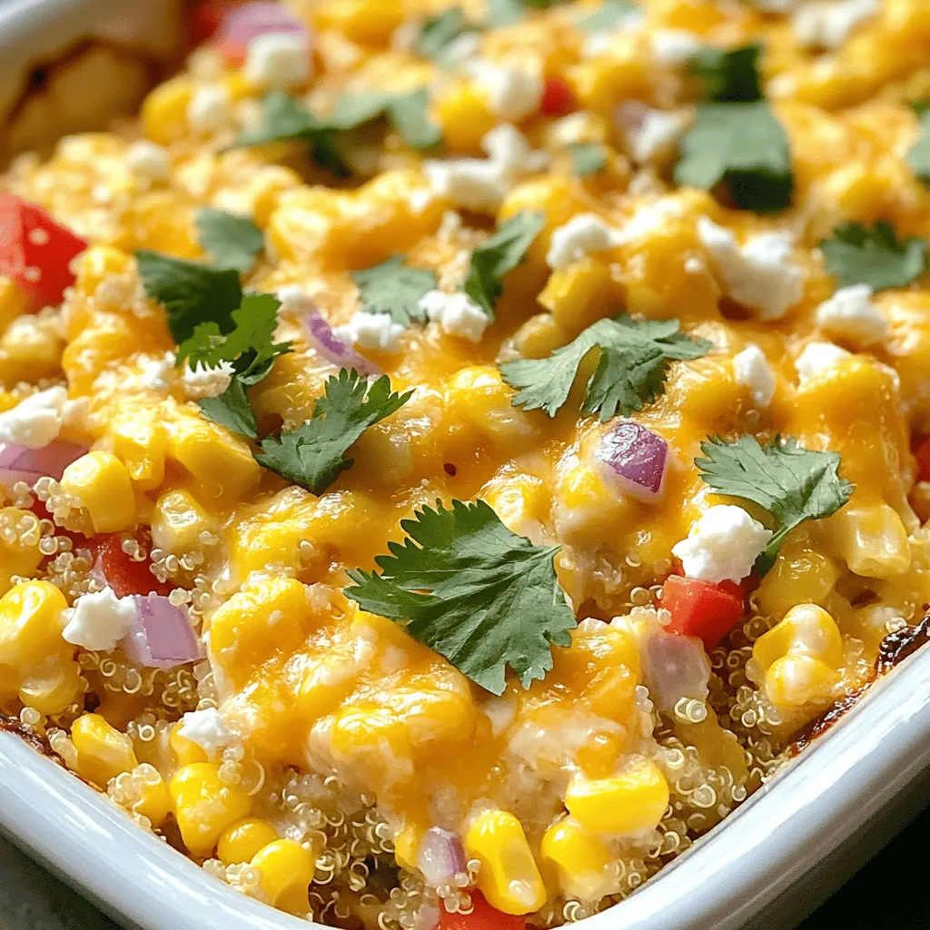 - Corn options: You can use fresh, frozen, or canned corn. Each type brings its own flavor. Fresh corn adds sweetness, while frozen and canned are easy and quick. Drain canned corn well to avoid extra moisture. - Quinoa and rice alternatives: I like using cooked quinoa for a boost in protein. You can also use cooked rice if you prefer. Both options work great to add texture and fill the casserole. - Dairy options: For creaminess, I mix mayonnaise with Greek yogurt. You can also use sour cream if you want. Feta cheese adds a salty kick, while cheddar cheese provides a gooey finish. Feel free to mix and match. - Spices and seasoning: I use chili powder and cumin to create warmth and depth. Lime juice adds brightness. Adjust the spices to suit your taste. If you want more heat, try adding a pinch of cayenne pepper. This combination of ingredients makes Mexican Street Corn Casserole rich in flavor and fun to eat. For the complete recipe, check out the Full Recipe. - Preheat your oven to 375°F (190°C). - Grease a 9x13 inch baking dish. - In a large bowl, mix 4 cups of corn, 1 cup of cooked quinoa, 1/2 cup of diced red bell pepper, and 1/2 cup of diced red onion. Stir well until all the pieces blend together. - In another bowl, whisk together 1/2 cup of mayonnaise, 1/4 cup of Greek yogurt, 1 tablespoon of lime juice, 1 teaspoon of chili powder, 1/2 teaspoon of cumin, and salt and pepper to taste. Keep whisking until the mixture is smooth. - Pour the creamy mixture over the corn and quinoa mix. Stir until everything is coated. - Fold in 1 cup of crumbled feta cheese, saving a bit for topping. - Transfer this mixture to the greased baking dish and spread it evenly. - Sprinkle 1/2 cup of shredded cheddar cheese and any leftover feta on top. - Place the dish in the oven and bake for 25-30 minutes. The top should be golden and bubbly. - After baking, let it cool slightly. Garnish with fresh cilantro before serving. For the full recipe, check out the detailed instructions above. Enjoy this easy, flavorful dish! To keep your casserole from being too dry, I suggest using fresh or frozen corn. The moisture from the corn helps keep the dish creamy. When mixing the ingredients, add enough creamy mixture to coat everything well. If it seems too dry, a splash of broth or more yogurt can help. For a golden crust, bake at the right temperature and time. Keep an eye on it as it cooks. When the top gets bubbly and golden, it’s ready. You can also broil it for a minute at the end for extra color. Just watch closely to avoid burning. A fresh salad pairs well with the casserole. Try a simple green salad with lime vinaigrette. You can also serve tortilla chips on the side for a nice crunch. For toppings, chopped cilantro adds a fresh kick. Squeeze lime juice over the casserole right before serving for extra flavor. You can also sprinkle more feta or cotija cheese on top for a salty bite. Enjoy these ideas to make your meal fun and tasty! For the full recipe, check the section above. {{image_2}} You can easily modify this dish to fit your tastes. If you want a vegetarian option, skip the meat and add more beans. Black beans or pinto beans work great here. You can also use tofu for protein. If you crave a heartier meal, add cooked chicken or shrimp. Both options enhance the flavor and make the dish more filling. You can even mix in some cooked sausage for a smoky taste. This dish is flexible and welcomes your personal touch. Adjust the spice level based on your preference. For mild heat, stick with the chili powder. If you want more kick, add jalapeños or cayenne pepper. You can also use smoked paprika for a different flavor. Cheese is another way to change the taste. While feta or cotija cheese brings a salty flavor, you could swap in Monterey Jack or pepper jack. Each cheese adds its unique twist to the casserole. The choices are endless, so feel free to experiment and find your favorite mix. For the full recipe, check out the complete guide above. To keep your Mexican Street Corn Casserole fresh, store leftovers in an airtight container. Make sure the casserole cools down to room temperature before sealing it. This helps maintain its taste and texture. When stored properly, it can last in the fridge for about three to four days. When reheating, I suggest using an oven or a microwave. If using the oven, preheat it to 350°F (175°C). Place the casserole in a baking dish and cover it with foil. Heat for about 15-20 minutes. This keeps it moist. If you use a microwave, heat in short bursts. Stir between sessions to ensure even warmth. If you have extra casserole, freezing is a great option. Allow the casserole to cool completely. Then, cut it into portions. Wrap each piece tightly in plastic wrap and place them in a freezer-safe bag. You can store it in the freezer for up to three months. For thawing, move the casserole to the fridge the night before you plan to cook it. This gentle thawing keeps its flavor. Once thawed, you can reheat it in the oven as mentioned before, or in the microwave until hot. Enjoy your delicious casserole even after freezing! What to serve with Mexican Street Corn Casserole? You can serve this casserole with grilled chicken or fish. It also pairs well with a fresh salad or some tortilla chips. For drinks, a cold soda or a fruity agua fresca works great. Can this dish be made ahead of time? Yes, you can make this dish the day before. Just prepare it and cover it well. Store it in the fridge. When you are ready, bake it to warm it up. How can I make it gluten-free? This recipe is naturally gluten-free if you use gluten-free corn and quinoa. Always check labels to ensure all ingredients meet gluten-free standards. Can I use different types of corn? Absolutely! You can use fresh corn, frozen corn, or canned corn. Each type brings its own taste and texture. Just be sure to drain canned corn well. What if I don’t have quinoa? If you don't have quinoa, you can use rice instead. Cooked brown rice or white rice both work well. They give a nice texture and flavor too. How do I know when the casserole is done? You will know it is done when the top is golden brown and bubbly. You can insert a knife in the center. If it comes out hot, it is ready to serve. Can I make this dish spicier? Yes! To add more heat, you can increase the chili powder. You can also add diced jalapeños for an extra kick. Adjust it to your taste! This blog post has covered how to make a tasty Mexican Street Corn Casserole. We discussed ingredients like corn, quinoa, and dairy options. I shared step-by-step instructions for preparation and cooking. You also learned tips to keep it moist and how to pair it with sides. Remember, you can customize it with proteins or spices to suit your taste. With these tips, you can create a dish that everyone will love. Enjoy your cooking adventure!