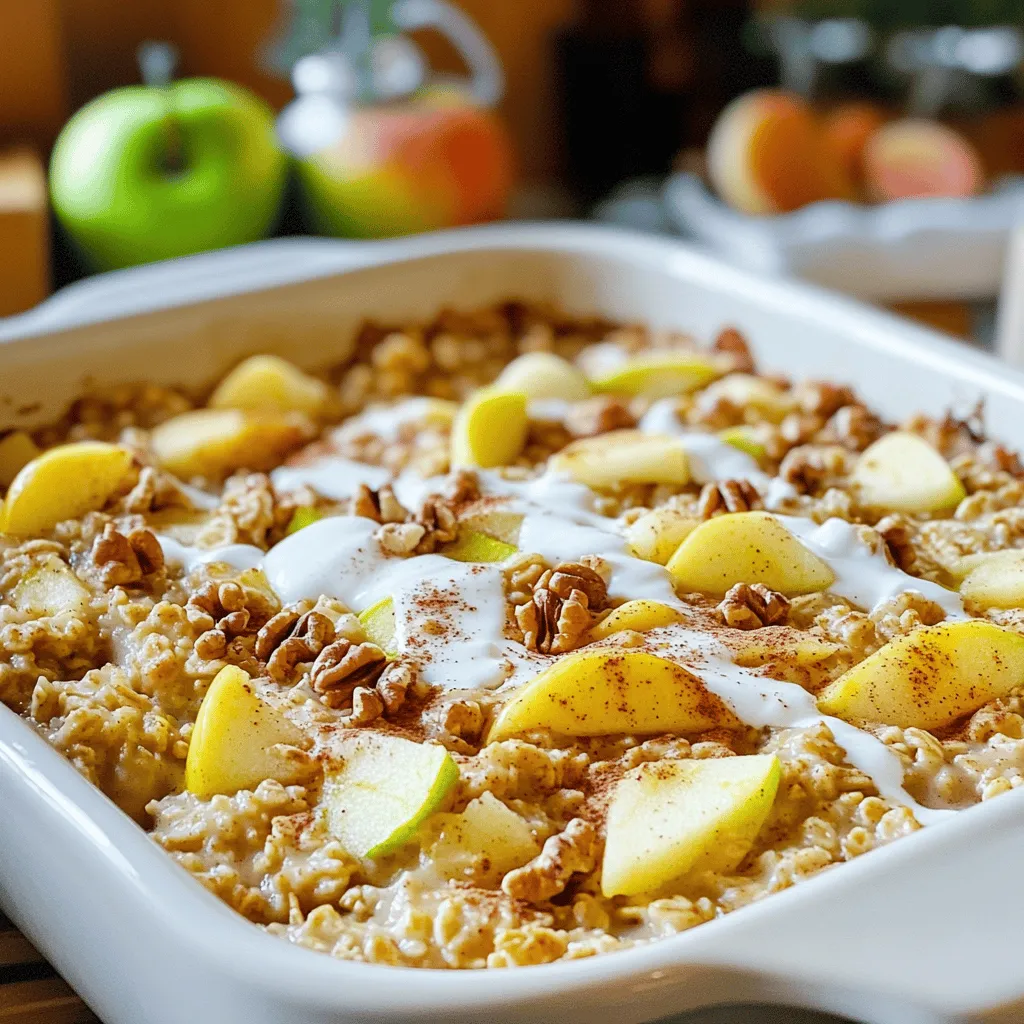 - 2 cups rolled oats - 2 large apples (Granny Smith or Honeycrisp) - 1 teaspoon ground cinnamon - 1/2 teaspoon ground nutmeg - 1/4 cup Greek yogurt - 1/4 cup chopped walnuts or pecans - Extra apple slices for topping - You can use any milk instead of almond milk. - Maple syrup is a great choice instead of brown sugar. When you make Baked Apple Cinnamon Oatmeal, the ingredients are key. The rolled oats form a hearty base. They soak up flavors and create a soft texture. Use Granny Smith or Honeycrisp apples for a sweet and tart bite. Ground cinnamon and nutmeg add warmth and spice. For a creamy touch, consider adding Greek yogurt. It makes the dish rich without being heavy. Nuts, like walnuts or pecans, bring crunch and healthy fats. You can also top your oatmeal with extra apple slices. This adds color and makes it pretty. If you need to swap ingredients, don’t worry! Almond milk can be replaced with regular milk or oat milk. You can also switch brown sugar for maple syrup. This keeps the dish sweet but adds a fun twist. For the full recipe, check out the details above! - Preheat oven to 350°F (175°C). - Grease the baking dish. Start by preheating your oven. This step is key for even cooking. While the oven heats, grab your baking dish. A square dish works well for this recipe. Use a bit of oil or cooking spray to grease it. This will help your oatmeal come out easily later. - Combine dry ingredients. - Whisk wet ingredients. In a large bowl, combine the rolled oats, diced apples, ground cinnamon, ground nutmeg, salt, and brown sugar. Mix them well. This ensures every bite has flavor. In another bowl, whisk the almond milk, Greek yogurt (if you’re using it), and vanilla extract. Mixing these wet ingredients until smooth is important. It helps them blend well with the dry mix. - Pour the mixture into the greased dish. - Bake for 30-35 minutes. Once mixed, pour the oatmeal mixture into your greased dish. Spread it out evenly. This helps it bake nicely. Now, pop it into the preheated oven. Bake for 30 to 35 minutes. The top should be golden brown, and the oatmeal will set nicely. After baking, let it cool for a few minutes. Then, slice it up and enjoy your warm Baked Apple Cinnamon Oatmeal. For the full recipe, check the details above. To achieve a creamy oatmeal consistency, use rolled oats. They soak up moisture well and cook evenly. If you prefer a creamier dish, add Greek yogurt into the mix. This will give it a lovely richness. For a thicker texture, reduce the almond milk slightly. Adjusting baking time for different ovens can make a big difference. Every oven heats a little differently. Start checking your oatmeal around 30 minutes. The top should be golden and the edges should puff up. If it looks too wet, give it a few extra minutes. Adding spices like nutmeg or clove can elevate your dish. Nutmeg gives a warm, comforting flavor, while clove adds a hint of zest. Just a pinch of each can make a big impact. Don't forget to stir them in well with the oats. Incorporating dried fruits can also enhance the flavor. Dried cranberries or raisins blend nicely with apples. They add sweetness and a chewy texture. Feel free to mix them into the oatmeal before baking. For the best toppings, think about what you enjoy. A sprinkle of chopped nuts adds nice crunch. You can also use extra apple slices for a fresh touch. Drizzle some honey or maple syrup for added sweetness. Pairing with yogurt or milk makes this dish even more satisfying. A dollop of Greek yogurt brings creaminess and protein. Almond milk or regular milk can add extra moisture. Enjoy it warm for a cozy breakfast experience. For the full recipe, check out the complete instructions provided above. {{image_2}} You can easily make this dish fit your needs. For a gluten-free option, use certified gluten-free oats. This will keep the texture just right while ensuring you avoid gluten. If you want a vegan version, swap the Greek yogurt with plant-based yogurt. This gives you creaminess without dairy. Feel free to switch up the fruits. Instead of apples, try using pears or other seasonal fruits. Each fruit will change the taste in a fun way. You can also play with different nuts. Almonds, hazelnuts, or even seeds can add a nice crunch and unique flavor. Baking a larger batch saves time. You can enjoy leftovers for breakfast throughout the week. Just store them in the fridge. If you want to keep some for later, freeze portions in airtight containers. When you’re ready to eat, just reheat in the oven or microwave. This makes it easy to enjoy a warm meal anytime. To store leftovers, first let the oatmeal cool to room temperature. Then, place it in an airtight container. This keeps it fresh and tasty. Use a glass or plastic container that seals well. You can also cover it tightly with plastic wrap. For freezing baked oatmeal, cut it into portions. Wrap each piece in plastic wrap, then place them in a freezer bag. Make sure to remove as much air as possible. This helps prevent freezer burn. When you want to eat it, simply take a piece out and thaw it in the fridge overnight. To reheat, pop it in the microwave for a few minutes, or warm it in the oven at 350°F (175°C) until hot. In the refrigerator, baked apple cinnamon oatmeal lasts about 4 to 5 days. If you see any mold or bad smell, it's best to toss it out. Signs of spoilage include a change in color or texture. Always trust your senses when it comes to food safety. How long does it take to bake Baked Apple Cinnamon Oatmeal? It takes about 30 to 35 minutes to bake this dish. You want it to turn golden on top. The oatmeal should be set, not runny. Can I use steel-cut oats instead of rolled oats? Steel-cut oats will not work the same way. They need longer cooking times and more liquid. I recommend sticking with rolled oats for this recipe. Is it possible to make this dish nut-free? Yes, you can make this dish nut-free. Just skip the walnuts or pecans. You can add seeds for crunch instead, like pumpkin or sunflower seeds. Can I add chocolate chips or other add-ins? Definitely! Add chocolate chips for a sweet twist. You can also mix in dried fruits or spices for extra flavor. Get creative with what you like! What is the ideal serving size for this recipe? This recipe serves about six people. Each person gets a nice, hearty portion of oatmeal. Can I scale the recipe for more servings? Absolutely! You can double the recipe to serve more guests. Just use a larger baking dish and adjust the baking time if needed. Check for doneness with a toothpick. For the full recipe, check the ingredients and instructions above. This blog post shared all you need to make Baked Apple Cinnamon Oatmeal. We covered required and optional ingredients, easy steps, and helpful tips. Remember to adjust flavors and toppings to suit your taste. This dish even offers ways to meal prep and store for later. You can enjoy it fresh or save it for busy days. With this guide, you can create a warm, hearty breakfast. Enjoy experimenting and make it your own!