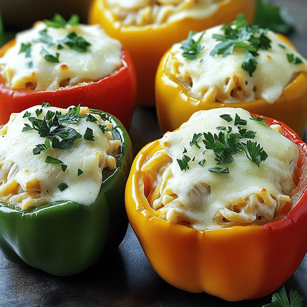 To make Chicken Alfredo Stuffed Peppers, you need some key ingredients. Here is a simple list: - 4 large bell peppers (any color) - 2 cups cooked chicken (shredded or diced) - 1 cup fettuccine pasta (cooked and drained) - 1 cup Alfredo sauce (store-bought or homemade) - 1 cup shredded mozzarella cheese - 1/2 cup grated Parmesan cheese - 1 teaspoon garlic powder - 1 teaspoon Italian seasoning - Salt and pepper (to taste) - Fresh parsley (for garnish, optional) You can adjust some ingredients for different diets or preferences: - Bell Peppers: Try zucchini or eggplant for a low-carb option. - Chicken: Use turkey or tofu for a plant-based choice. - Pasta: Swap for gluten-free pasta if needed. - Alfredo Sauce: Make your own using cashews for a dairy-free version. - Cheese: Use nutritional yeast for a vegan option. Using these ingredients, you can create a dish that's both flavorful and easy. Each bite is packed with taste and comfort. Check the full recipe for more details! First, let’s get ready before we cook. Start by preheating your oven to 375°F (190°C). This step helps the dish cook evenly. Next, take your bell peppers. Cut off the tops and remove the seeds and membranes. Place them upright in a baking dish. This makes it easy to fill them later. Now, grab a large mixing bowl. Combine the shredded chicken, cooked fettuccine, and Alfredo sauce. Add half of the mozzarella cheese, garlic powder, Italian seasoning, salt, and pepper. Mix all these tasty ingredients well. This step ensures every bite is full of flavor. It’s time to bake! Spoon the chicken Alfredo mixture into each bell pepper. Pack it in slightly to fit all the filling. Then, sprinkle the rest of the mozzarella cheese and the grated Parmesan cheese on top. Cover the baking dish with foil. Place it in the preheated oven and bake for 25 minutes. After 25 minutes, carefully remove the foil. Bake for another 10 to 15 minutes. This is when the cheese gets bubbly and golden. To check for doneness, look for golden cheese and soft peppers. You want them tender but not mushy. Once cooked, take the peppers out of the oven. Let them cool for a few minutes before serving. This helps avoid burns. For a lovely finish, garnish with fresh parsley if you like. It adds color and a fresh taste. Now, you have a delicious Chicken Alfredo stuffed pepper ready to enjoy! If you're curious about the whole recipe, check the Full Recipe. To make sure your flavors blend well, mix the chicken, pasta, and sauce thoroughly. This way, every bite bursts with flavor. Also, let your mixture rest for a few minutes before stuffing the peppers. This allows the flavors to deepen. To perfect your stuffed peppers, pack the filling tightly. This keeps them from falling apart during baking. If you're allergic to certain foods, you can swap ingredients easily. Use quinoa instead of pasta for a gluten-free option. For those who don’t eat chicken, try ground turkey or mushrooms. You can also use plant-based Alfredo sauce for a vegan meal. To personalize flavors, add different spices. For example, try smoked paprika for a smoky taste. Pair your stuffed peppers with a crisp salad or garlic bread for a complete meal. A light white wine, like Pinot Grigio, complements the dish well. For a fun presentation, slice the stuffed peppers in half and plate them on a colorful platter. Garnish with fresh parsley for a pop of color. Check out the Full Recipe for more serving ideas! {{image_2}} You can switch up the protein in Chicken Alfredo Stuffed Peppers to keep things fresh. Instead of chicken, try ground turkey or beef. Both options give a nice twist and add rich flavor. You can even use shrimp or crab for a seafood touch. If you're looking for vegetarian options, consider using black beans or lentils. Both add protein and fiber. Another great idea is to use sautéed mushrooms, which give a nice umami flavor. Mixing in some spinach or kale can add nutrients and color. When it comes to the sauce, you have choices. You can go with store-bought Alfredo for quick prep. Just grab a jar and you’re set! But if you want to impress, making homemade Alfredo is simple. All you need is butter, cream, and Parmesan cheese. You can also explore other sauces. For a twist, try a marinara or pesto. A creamy spinach sauce can bring a new taste. Each sauce changes the flavor and vibe of your dish. If you want some heat, adding spices is easy. You can mix in red pepper flakes or chili powder for a kick. Use diced jalapeños or serrano peppers for a fresh spice. Start small, and taste as you go! For those who prefer mild flavors, skip the heat. You can use more herbs instead, like basil or oregano. These add flavor without burning your mouth. Adjust the spices to fit everyone's taste. Store your Chicken Alfredo stuffed peppers in the fridge. First, let them cool down. Then, place them in an airtight container. This keeps the peppers fresh and tasty. They can last for about 3 to 4 days. If you want to make them last longer, consider freezing them. Use glass or plastic containers that are safe for freezing. You can reheat your stuffed peppers in two ways: the microwave or the oven. The microwave is quick, but it may make the peppers a bit soggy. Place the pepper on a microwave-safe plate. Heat for about 2 to 3 minutes. The oven method is better for keeping that nice texture. Preheat your oven to 350°F (175°C). Place the peppers in a baking dish, cover with foil, and heat for about 15 minutes. To freeze your stuffed peppers, wrap each one in plastic wrap. Then, place them in a freezer-safe bag or container. This helps keep out air. When you're ready to eat, take them out and let them thaw overnight in the fridge. You can also cook them from frozen. Just add extra baking time. Ensure they reach an internal temperature of 165°F (74°C) before serving. Chicken Alfredo stuffed peppers will last about three to four days in the fridge. To keep them fresh, store them in an airtight container. Make sure they cool completely before sealing. Check for any signs of spoilage, like an off smell or mold, before eating. Yes, you can prep Chicken Alfredo stuffed peppers ahead of time. Prepare the filling and stuff the peppers. Cover and chill them in the fridge for up to a day before baking. This saves time for busy nights. Just add a few extra minutes to the baking time if they are cold from the fridge. You can serve many tasty sides with Chicken Alfredo stuffed peppers. Here are some ideas: - Garlic bread for dipping - A fresh garden salad for crunch - Steamed vegetables for added nutrition - Roasted potatoes for a filling meal These sides complement the creamy flavor of the stuffed peppers. If you want to try different vegetables, many options work well. You can use: - Zucchini for a lower-calorie choice - Eggplant for a hearty texture - Tomatoes for a juicy option These alternatives add different flavors and textures to your dish. Feel free to get creative! In this post, we explored how to make Chicken Alfredo Stuffed Peppers. We covered every step, from selecting ingredients to serving. You learned about ingredient substitutions, cooking tips, and tasty variations. We also discussed storing leftovers and reheating methods. Now, with this guide, you have all you need to create a delicious meal. Enjoy making stuffed peppers that suit your taste and dietary needs!