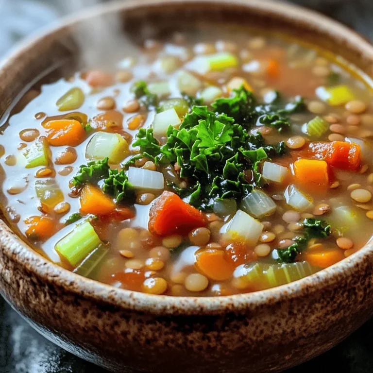 Lentils and Broth Requirements For a hearty vegan lentil soup, start with dried lentils. Use 1 cup of either green or brown lentils. Rinse them well before adding to your pot. You will also need 6 cups of vegetable broth. This broth adds rich flavor and depth to your soup. Fresh Vegetables and Seasonings Fresh vegetables make this soup healthy and tasty. You need: - 1 medium onion, diced - 2 cloves garlic, minced - 2 medium carrots, diced - 2 celery stalks, diced - 1 can (14 oz) diced tomatoes, no salt added - 2 cups kale or spinach, chopped For seasoning, use: - 2 teaspoons ground cumin - 1 teaspoon smoked paprika - 1 teaspoon dried thyme - 1 bay leaf - Salt and pepper to taste Optional Garnishes and Add-ins To elevate your soup, consider adding some garnishes. Fresh parsley adds color and freshness. A squeeze of lemon juice gives it a nice zing. You can also add more greens or spices based on your taste. For the full recipe, check out the details above. Preparing the Aromatics: Onion and Garlic Start by peeling and dicing the onion. Chop it into small pieces. This helps the onion cook evenly. Next, take two cloves of garlic. Mince them finely. Garlic adds great flavor to the soup. Chopping the Vegetables Now, wash and chop the carrots and celery. Cut the carrots into small cubes. Slice the celery into thin pieces. These veggies will give the soup texture and taste. Sautéing the Base In a large pot, heat two tablespoons of olive oil over medium heat. Once the oil is hot, add the diced onion. Sauté it for about five minutes. When the onion turns translucent, it is ready. Then, stir in the minced garlic, carrots, and celery. Cook for another five minutes. Combining the Ingredients Now, it’s time to add the rest of the ingredients. Pour in one cup of rinsed lentils and a can of diced tomatoes. Add six cups of vegetable broth, along with ground cumin, smoked paprika, dried thyme, and a bay leaf. Stir everything together well. Cooking Time and Techniques Bring the pot to a boil. Once boiling, reduce the heat to low. Cover the pot and let it simmer for 25 to 30 minutes. Check the lentils for tenderness. They should be soft but not mushy. Seasoning the Soup Once the lentils are cooked, remove the bay leaf. Add chopped kale or spinach to the pot. Cook for another five minutes until the greens have wilted. Season the soup with salt, pepper, and lemon juice to taste. Stir well to mix all the flavors. Garnishing Before Serving When serving, sprinkle fresh parsley on top. This adds a nice color and freshness. Your hearty and satisfying vegan lentil soup is now ready! Enjoy this delicious meal with family or friends. For the full recipe, check the [Full Recipe]. Cooking Lentils Perfectly To cook lentils just right, rinse them under cold water. This removes dirt and helps them cook evenly. Use dried green or brown lentils for this soup. They hold their shape well and add a nice bite. Simmer them for about 25 to 30 minutes. Check for tenderness. They should be soft but not mushy. Avoiding Overcooked Vegetables Add your veggies at the right time. Start with onions, garlic, carrots, and celery. Sauté them until soft but not brown. Then, add the tomatoes and broth. This way, the fresh taste of the vegetables stays bright in the soup. Adding Herbs and Spices Use herbs and spices to boost flavor. Ground cumin gives warmth and depth. Smoked paprika adds a bit of smoke and sweetness. Dried thyme brings an earthy note. Experiment with other herbs too, like basil or oregano, to find your favorite mix. Using Lemon Juice for Brightness Finish the soup with a squeeze of fresh lemon juice. This adds a bright, zesty flavor. It balances the rich taste of the lentils and vegetables. You can also serve lemon wedges on the side for extra brightness. Pairing with Bread or Rice This vegan lentil soup pairs well with bread or rice. Serve it with crusty bread for dipping, or pour it over rice for a heartier meal. Both options complement the flavors and add more texture. Storage and Reheating Tips Store leftover soup in an airtight container. It keeps well in the fridge for up to five days. You can also freeze it for up to three months. Reheat on the stove or in the microwave. If it thickens, add a splash of broth or water to loosen it up. Enjoy the warmth of this hearty soup again! {{image_2}} Different Types of Lentils You can use various lentils in your soup. Green and brown lentils are the most common. They hold their shape well. Red lentils break down and create a creamier texture. Black lentils add a nice bite and look great in the bowl. Try mixing them for fun colors and textures. Seasonal Vegetables You Can Include Seasonal vegetables add freshness. In spring, use peas and asparagus. Summer calls for zucchini and bell peppers. In fall, add squash and sweet potatoes. Winter is perfect for root veggies like parsnips and turnips. Feel free to swap what you have on hand! Adding Heat: Peppers and Spices Want more kick? Add chopped jalapeños or red pepper flakes. A pinch of cayenne can also spice things up. For a warm flavor, try adding smoked paprika. It gives depth and a slight smokiness to the soup. Creamy Versions with Coconut Milk For a rich twist, stir in a can of coconut milk. It adds creaminess and a hint of sweetness. You can mix it in during the last few minutes of cooking. This change makes the soup more filling and delicious. You can find the full recipe above to start creating your own variations! To keep your vegan lentil soup fresh, follow these tips. - Refrigeration Guidelines: Store the soup in an airtight container. It will stay fresh in the fridge for about 5 days. Make sure it cools down before sealing. This helps prevent moisture build-up. - Freezing for Later Use: You can freeze your soup for up to 3 months. Use freezer-safe containers or bags. Leave some space for expansion as it freezes. Thaw it overnight in the fridge before reheating. - How Long Will It Last?: In the fridge, your soup lasts about 5 days. In the freezer, it keeps well for 3 months. - Signs of Spoilage: Check for off smells or changes in color. If you see mold or separation, it's best to toss it. Always trust your senses when it comes to food safety. For the full recipe and more tips on making this comforting dish, check the Full Recipe. Can I make this soup in a slow cooker? Yes, you can make vegan lentil soup in a slow cooker. Just add all the ingredients to the slow cooker. Set it on low for 6-8 hours or on high for 3-4 hours. It will be warm and tasty when done. What can I substitute for vegetable broth? If you don’t have vegetable broth, you can use water. You can also mix water with a little soy sauce or miso for flavor. This will give your soup a nice taste. Are lentils healthy? Yes, lentils are very healthy. They are high in protein and fiber. This helps keep you full and satisfied. They also have vitamins and minerals, like iron and folate. What are the benefits of eating vegan soup? Vegan soup is great for many reasons. It is usually low in fat and high in nutrients. Eating vegan soup can boost your health. It can help with weight control and improve digestion too. How to make this soup thicker? To thicken your soup, you can mash some of the lentils. Use a fork or a potato masher. You can also add a little cornstarch mixed with water. This will help thicken it quickly. Can leftovers be reheated? Yes, you can reheat leftovers. Just store them in a tight container. When ready, heat on the stove or in the microwave. Add a little water if it gets too thick. Enjoy your warm bowl again! For the full recipe, check out the details above. You learned how to make a tasty vegan lentil soup. We covered essential ingredients, from lentils and fresh veggies to spices and garnishes. I shared step-by-step instructions for prep and cooking, plus tips for the best texture and flavor. Try different lentils and veggies to mix things up. Proper storage is key to enjoying leftovers later. With this recipe, you can create a warming dish packed with nutrients. Enjoy your cooking adventure!