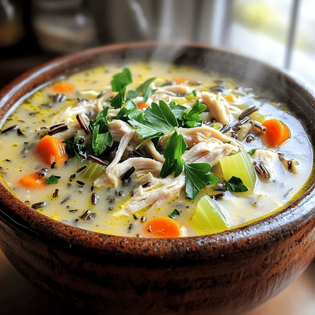 For a great chicken and wild rice soup, fresh ingredients make a big difference. Here’s what you need: - 1 tablespoon olive oil - 1 medium onion, diced - 2 carrots, diced - 2 celery stalks, diced - 3 garlic cloves, minced - 1 teaspoon dried thyme - 1 teaspoon dried rosemary - 6 cups chicken broth - 1 cup wild rice blend, rinsed - 2 cups cooked chicken, shredded - 1 cup heavy cream (or coconut milk for a lighter option) - 1 cup fresh spinach, chopped - Salt and pepper to taste - Fresh parsley for garnish When you pick fresh vegetables, choose ones that look bright and firm. The onion, carrots, and celery form the base of your flavor. They bring sweetness and depth. Garlic adds a nice punch. The thyme and rosemary uplift the soup with warm notes. Now, let’s look at pantry staples. Chicken broth is key. You can use homemade or store-bought. Wild rice blend gives a nutty taste and unique texture. Heavy cream adds richness, but coconut milk is a great alternative for a lighter option. You can also add some optional flavors. Consider mushrooms for earthiness or peas for a splash of color. A squeeze of lemon juice brightens the taste too. Now that you know the essential ingredients, you can start making your cozy chicken and wild rice soup. Check out the Full Recipe for complete instructions and enjoy this hearty dish! To start, we need to sauté the vegetables and aromatics. Heat 1 tablespoon of olive oil in a large pot over medium heat. Add the diced onion, carrots, and celery. Cook these for about 5 to 7 minutes until the onion turns soft and clear. This mix will give your soup a great base. Next, stir in 3 minced garlic cloves, 1 teaspoon of dried thyme, and 1 teaspoon of dried rosemary. Cook this mix for 1 to 2 minutes. It will smell amazing! Now, pour in 6 cups of chicken broth and bring this to a boil. Once boiling, add 1 cup of rinsed wild rice blend. Reduce the heat and cover the pot. Let it simmer for about 40 to 45 minutes, or until the rice is tender and fluffy. Once the rice is ready, it’s time to incorporate the chicken and cream. Stir in 2 cups of shredded cooked chicken. For a rich taste, add 1 cup of heavy cream or coconut milk. Heat this for another 5 to 10 minutes until warm. Now, it’s time to add some greens. Toss in 1 cup of chopped fresh spinach. Stir until it wilts. Season your soup with salt and pepper to taste. For the best experience, serve your Chicken and Wild Rice Soup hot. Pair it with crusty bread or a fresh salad for a complete meal. To make it even more special, garnish the soup with fresh parsley before serving. This adds a nice touch and a pop of color. Enjoy your hearty comfort meal! For the full recipe, you can refer to the earlier section. To make a great soup, start with fresh ingredients. Fresh vegetables give the best flavor. I use onion, carrots, and celery as my base. Sauté them until soft. This helps bring out their natural sweetness. When you add garlic and herbs, do this after the veggies are soft. Cooking garlic too long can make it bitter. You want just enough time to bring out its flavor. A good broth makes a big difference. Use quality chicken broth for a rich taste. If you have homemade broth, that’s even better! It adds depth and warmth to your soup. For the wild rice, rinse it well before adding. This helps remove excess starch. It also keeps the soup from becoming too thick. Let the rice simmer gently. This will help it cook evenly and absorb all the flavors. What are common mistakes to avoid? A common mistake is not sautéing your veggies long enough. Make sure they are soft before adding the broth. Another mistake is adding too much rice at once. This can make your soup too thick. How do I adjust thickness and creaminess? If your soup is too thick, add more broth until it reaches your desired consistency. For creaminess, add heavy cream or coconut milk. Start with a small amount and stir well. Taste it before adding more. This way, you control the creaminess without overpowering the soup. For a lighter option, use coconut milk. It gives a nice taste while keeping it light. Enjoy your cooking journey with this cozy Chicken and Wild Rice Soup! If you want the full recipe, check out Cozy Chicken & Wild Rice Soup. {{image_2}} Gluten-Free Alternatives If you follow a gluten-free diet, don't worry! You can easily adapt this soup. Use gluten-free broth and check the wild rice blend for gluten. Most wild rice is naturally gluten-free, making it a great choice. You can also use brown rice or quinoa for a different texture. Dairy-Free Options For a dairy-free version, swap the heavy cream for coconut milk. This gives the soup a rich flavor without dairy. You can also try almond or soy milk. Just ensure you choose unsweetened options. This makes the soup creamy while keeping it light. Adding Herbs or Spices To boost flavor, add fresh herbs like parsley or dill. They add a bright taste to the soup. You can also spice it up with paprika or cayenne for some heat. Experiment with different herbs to find your favorite mix. Incorporating Other Vegetables or Proteins Feel free to add more veggies! Peas, mushrooms, or zucchini work well. They add color and nutrition. If you want extra protein, try adding cooked lentils or beans. They make the soup heartier and filling. For a twist, use turkey instead of chicken. For the full recipe, check out Cozy Chicken & Wild Rice Soup. You'll find all the steps to create this warm, comforting dish. Short-Term Storage in the Refrigerator You can store your chicken and wild rice soup in the fridge for up to three days. Make sure to let it cool to room temperature before placing it in an airtight container. Label the container with the date. This way, you can enjoy your hearty soup later in the week without worry. Long-Term Freezing Tips For long-term storage, freeze your soup in a freezer-safe container. It can last for up to three months. To freeze, let the soup cool completely, then portion it into smaller containers. This makes it easy to thaw just what you need. Always leave some space at the top for expansion. Best Methods for Keeping Soup Fresh When reheating your soup, the best method is on the stovetop. Pour the soup into a pot and heat it on low to medium heat. Stir often to avoid scorching. You can also use the microwave. Just heat it in short bursts, stirring in between. This keeps the flavors intact. Tips for Storing Leftovers Securely Always store leftovers in airtight containers. This prevents freezer burn and keeps your soup fresh longer. If you have a lot, consider freezing some in individual servings. This way, you can grab a quick meal whenever you want. What kind of rice is best for this recipe? I recommend using a wild rice blend. This mix gives the soup a great texture. It also adds a nutty flavor that pairs well with chicken. You can find this blend in most grocery stores. It cooks differently than regular white rice, so keep that in mind. Can I use leftover chicken? Yes, you can use leftover chicken! It’s a great way to save time. Shredded rotisserie chicken works well. Just make sure it is heated through before adding it to the soup. Using leftover chicken makes this dish even easier. Estimated Calories and Macronutrients One serving of this soup has about 350 calories. It contains around 20 grams of protein, 15 grams of fat, and 30 grams of carbs. The heavy cream adds richness, but you can swap it with coconut milk for a lighter option. Health Benefits of Ingredients This soup is not just tasty; it’s also healthy. Wild rice is high in fiber and contains vitamins. Chicken is a great source of lean protein. Fresh spinach adds iron and vitamins too. All these ingredients make for a wholesome meal. How to Make it Low-Sodium To make this soup low-sodium, choose low-sodium chicken broth. You can also limit added salt. Fresh herbs can help boost flavor without added sodium. This way, you keep the taste while making it healthier. Vegetarian Substitutes If you prefer a vegetarian version, replace chicken with mushrooms or beans. Use vegetable broth instead of chicken broth. Coconut milk can still provide creaminess. This way, you get a delicious, plant-based soup that everyone can enjoy! This chicken and wild rice soup is a warm, tasty meal. Fresh vegetables and chicken come together with wild rice for a hearty dish. You can tweak it for special diets or add spices for more flavor. Remember to store leftovers well and reheat them right. With these tips, you can avoid common mistakes. Enjoy this soup for a quick lunch or dinner. It’s simple to make and full of goodness. Now, go ahead and make your own delicious bowl!