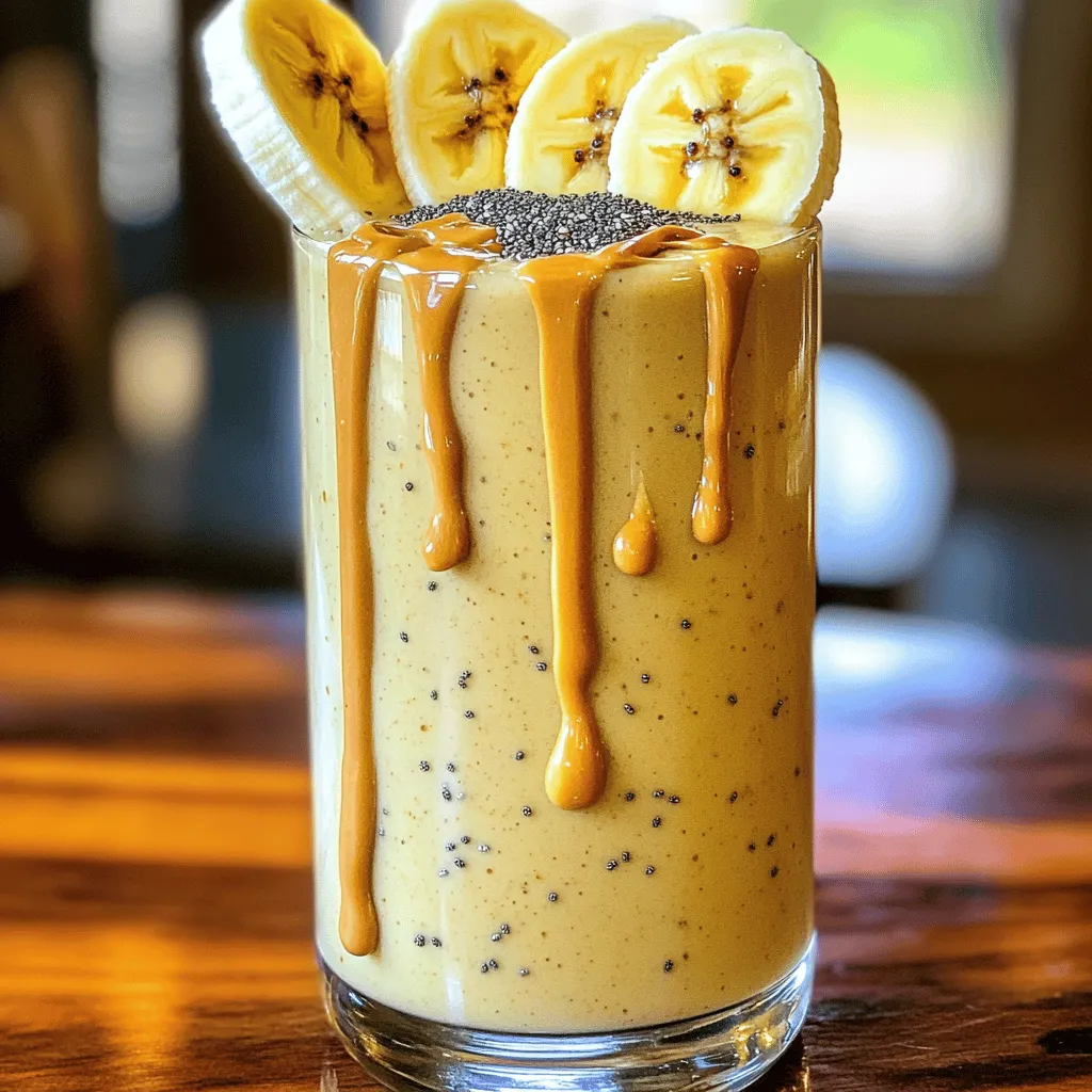- 2 ripe bananas, frozen - 2 tablespoons smooth peanut butter - 1 cup almond milk (or any milk of your choice) - 1 tablespoon honey or agave syrup (optional) - 1 tablespoon chia seeds - 1/2 teaspoon vanilla extract - A handful of ice cubes (optional) When I make a Peanut Butter Banana Smoothie, I focus on fresh, simple ingredients. The base starts with two ripe bananas. Freezing them gives a creamy texture. Smooth peanut butter adds richness. You can use any milk, but I love almond milk for its light flavor. Sweetness can come from honey or agave syrup. Chia seeds are my go-to for a health boost. Lastly, ice cubes can make the drink colder and thicker. - Calories: Approximately 300 per serving - Protein: About 8 grams - Fat: Around 14 grams - Carbohydrates: Roughly 40 grams - Fiber: About 6 grams This smoothie packs a punch in nutrition. Each serving has around 300 calories, making it a great snack. The protein helps you stay full longer. Healthy fats from peanut butter support your heart. Plus, the carbs from bananas provide energy. You also get fiber, which aids digestion. - High in potassium - Source of healthy fats - Antioxidant properties The Peanut Butter Banana Smoothie is more than tasty. It is packed with health benefits. Bananas are high in potassium, which helps heart health. Peanut butter offers healthy fats that keep you satisfied. Chia seeds add antioxidants, which can help fight inflammation. This smoothie is a great choice for a quick breakfast or snack. If you want to learn how to make it, check the [Full Recipe]. - Step 1: Freeze the bananas Start by freezing ripe bananas. Peel and slice them. Freeze for at least two hours. Frozen bananas make the smoothie creamy. - Step 2: Add ingredients to a blender In a blender, place the frozen bananas. Add two tablespoons of smooth peanut butter. Pour in one cup of almond milk. If you want it sweeter, add one tablespoon of honey or agave. Don’t forget one tablespoon of chia seeds and half a teaspoon of vanilla. - Step 3: Blend until smooth Blend on high speed. Keep blending until the mixture is smooth and creamy. If you like it thicker, toss in a handful of ice cubes and blend again. - Step 4: Adjust sweetness to taste Taste your smoothie. If it needs more sweetness, add more honey. Blend again to mix it well. - Pour the smoothie into a glass or bowl. This makes it easy to enjoy. - For a fun look, add toppings. Try banana slices or a sprinkle of chia seeds. You can even drizzle peanut butter on top for flair. - Don’t use fresh bananas. Fresh bananas will make the smoothie watery. Always use frozen ones for the best texture. - Blend long enough. If you stop early, the smoothie won’t be creamy. Blend until it looks smooth and thick. To get the best texture, always use frozen bananas. They make your smoothie thick and cold. Fresh bananas can make your smoothie too runny. If you forget to freeze your bananas, peel and slice them, then freeze for at least two hours. To achieve the desired thickness, blend on high. If it’s too thin, add a handful of ice cubes. Blend again until it’s smooth and creamy. This step is key for a perfect texture. You can swap peanut butter with other nut butters. Almond, cashew, or sunflower butter work well. Each nut butter adds its own unique flavor. For dairy-free and vegan options, use almond milk or coconut milk. These choices keep the smoothie creamy without dairy. You can also skip honey for a vegan-friendly drink. This recipe makes two servings. If you need more, double the ingredients. For a quick breakfast, serve it in a bowl. You can also enjoy it as a snack anytime. If you want smaller portions, pour into smaller cups. This way, you can share with friends or family. The Peanut Butter Banana Bliss Smoothie fits well into any part of your day! {{image_2}} You can make your smoothie even better with add-ins. Here are two great options: - Protein powder options: Adding protein powder gives your smoothie a boost. Use whey, pea, or hemp protein, depending on your choice. - Leafy greens add-ins: Adding a handful of spinach or kale is an easy way to sneak in extra vitamins. The taste stays mild, so you won’t even notice them! Want to change the flavor? Here are some fun ideas: - Adding cocoa powder: If you love chocolate, mix in a tablespoon of cocoa powder. It adds a rich, chocolatey taste that pairs well with banana and peanut butter. - Incorporating spices: Adding a sprinkle of cinnamon or nutmeg can change the game. These spices add warmth and depth to your smoothie. You can turn your smoothie into a smoothie bowl with just a few tweaks. Here’s how: 1. Instructions for a thicker smoothie bowl: Use less almond milk to make it thicker. You want the mixture to be spoonable, not drinkable. 2. Topping suggestions for decoration: Top your bowl with sliced bananas, berries, nuts, or granola. This makes it look pretty and adds texture. For the full recipe, check out the Peanut Butter Banana Bliss Smoothie! You can keep your peanut butter banana smoothie in the fridge for up to 24 hours. Use an airtight container to store it. This helps keep it fresh and prevents it from picking up smells from your fridge. If you have leftover smoothie, freezing is a great option. Pour it into ice cube trays or freezer-safe bags. This way, you can use it later for quick smoothies or snacks. When you are ready to enjoy it, let it thaw in the fridge overnight. You can also pop it in the microwave for a few seconds. Then, just blend it again to get that creamy texture back. After storage, the best way to serve it is cold. If it thickens in the fridge, add a splash of milk and blend. This will help refresh the texture. For a tasty twist, top it with banana slices or a drizzle of peanut butter. Enjoy this quick and creamy delight anytime! To make a Peanut Butter Banana Smoothie, follow these easy steps: 1. Freeze ripe bananas for at least 2 hours. 2. In a blender, mix frozen bananas, peanut butter, almond milk, chia seeds, and vanilla extract. 3. Blend until the mixture is smooth and creamy. 4. Adjust sweetness with honey if needed. 5. Pour into a glass and enjoy! This process takes only about 10 minutes. You can find the full recipe above. Yes, the Peanut Butter Banana Smoothie is quite healthy. It offers many benefits: - Bananas provide potassium, which is good for your heart. - Peanut butter gives healthy fats and protein, helping you feel full. - Chia seeds add fiber and omega-3 fatty acids, boosting nutrition. - Almond milk is lower in calories than regular milk, making it a great choice. This smoothie can fit well into a balanced diet and is perfect for breakfast or a snack. Absolutely! You can use different types of milk for your smoothie. Here are some great options: - Cow's milk adds creaminess and protein. - Soy milk is rich in protein and a good choice for vegans. - Coconut milk gives a tropical flavor and creamy texture. - Oat milk is sweet and great for those with nut allergies. Feel free to experiment and find your favorite milk for this smoothie! This blog post walks you through making a Peanut Butter Banana Smoothie. We listed ingredients, detailed health benefits, and provided easy steps to blend a tasty drink. You learned tips for creaminess and how to personalize your smoothie. Remember, using frozen bananas is key for texture. Enjoy this smoothie as a quick snack or breakfast. Healthy and fun, it’s a great way to start your day right! Follow these tips, and you’ll make a delicious treat every time.
