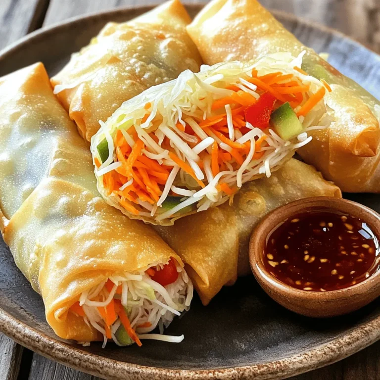 When making crispy veggie spring rolls, the right ingredients make all the difference. Here’s what you need: - 1 cup shredded carrots - 1 cup shredded cabbage - 1 cup bean sprouts - 1 bell pepper, thinly sliced - 2 green onions, chopped - 2 cloves garlic, minced - 1 tablespoon soy sauce - 1 teaspoon sesame oil - 1 package spring roll wrappers - Oil for frying - Salt and pepper to taste Each ingredient plays a key role. The shredded vegetables give crunch and color. Bell pepper adds sweetness, while garlic gives a nice depth. Soy sauce and sesame oil pack a flavor punch, making every bite tasty. Wrappers keep everything together and turn golden when fried. Choosing fresh vegetables is crucial. They enhance flavor and texture. I love using a mix of colors for visual appeal. It makes my spring rolls look as good as they taste. For frying, use oil with a high smoke point. This helps achieve that perfect crispy texture. Always ensure you have enough oil in the pan. This way, the spring rolls can float and cook evenly. If you want the full recipe, check out the detailed instructions! To start, gather all your shredded vegetables in a large bowl. I like to use: - 1 cup shredded carrots - 1 cup shredded cabbage - 1 cup bean sprouts - 1 bell pepper, thinly sliced - 2 green onions, chopped - 2 cloves garlic, minced Mix these together well. This blend offers great color and crunch. Next, add 1 tablespoon of soy sauce and 1 teaspoon of sesame oil. Stir it well to combine all the flavors. This adds a rich depth to your veggie mix. Now it’s time to wrap! Lay a spring roll wrapper flat on a clean surface. Make sure one corner is pointing toward you. Spoon about 2 tablespoons of the veggie mixture onto the bottom third of the wrapper. Next, fold the bottom corner over the filling. Then, fold in the sides tightly. Roll away from you to form a spring roll. Use a little water to seal the edge. This helps keep everything inside. Repeat this with the rest of the wrappers and filling. Frying is where the magic happens! Heat oil in a deep pan over medium heat. You want the oil to be hot but not smoking. A good test is to drop a small piece of wrapper in; it should sizzle. Carefully add a few spring rolls to the hot oil. Fry them for about 3-4 minutes, or until they turn golden brown and crispy. It’s best to avoid overcrowding the pan. This keeps them crispy. Once done, remove them and let them drain on paper towels. This step helps get rid of any excess oil. Serve them hot, optionally paired with a tasty dipping sauce! You can find the Full Recipe for more details. To make spring rolls crispy, oil temperature is key. Heat the oil to around 350°F before frying. Too cool oil makes soggy rolls. Too hot oil burns them quickly. Avoid overcrowding in the frying pan. Fry in small batches. This helps each roll cook evenly and stay crispy. Fry for about 3-4 minutes per batch. Look for a golden brown color. Rolling and sealing can be tricky. Make sure to fold tightly. If the rolls are loose, they might open while frying. Use a little water to seal the edges well. Be careful with seasoning. Too much can overpower the fresh veggies. Too little makes them bland. Taste the filling before rolling to adjust the flavor. Pair your spring rolls with tasty dipping sauces. Sweet chili sauce works great, adding a nice kick. Soy sauce is a classic choice, too. For side dishes, consider a fresh salad or rice. These complement the rolls well. Enjoy your meal! For the full recipe, click here: [Full Recipe]. {{image_2}} You can switch up the veggies in your spring rolls. Try mushrooms for a rich taste. Zucchini adds a nice crunch too. Feel free to mix and match based on what you have. You can also use different wraps. Rice paper is great for a fresh bite. Whole wheat wraps can make them a bit heartier. Want some heat? Add chili flakes or Sriracha to your veggie mix. This gives your rolls a nice kick. You can also serve them with hot dipping sauces. A spicy soy sauce can be a perfect match. Baking is a healthier choice for spring rolls. Preheat your oven to 400°F. Place the rolls on a baking sheet. Brush them lightly with oil. Bake for about 20 minutes, turning halfway through. This method gives you a nice crisp without the extra oil. Adjust your time if you make larger rolls. Keep an eye on them for a golden finish. You can check the [Full Recipe] for more details on how to make these delicious crispy veggie spring rolls. To keep your crispy veggie spring rolls fresh, place them in the fridge. Use an airtight container to prevent them from drying out. This method helps keep their taste and texture intact. Make sure to store them within two hours after cooking for the best results. When you want to reheat your spring rolls, use the oven or air fryer. Preheat your oven to 375°F (190°C). Place the spring rolls on a baking sheet and heat for about 10 minutes. This method makes them crispy again. Avoid using the microwave, as it can make them soggy. You can freeze uncooked spring rolls easily. Just wrap each one tightly and place them in a freezer-safe bag. Make sure to remove as much air as possible. To freeze cooked spring rolls, let them cool first. Then, place them in an airtight container. They can stay fresh for up to three months. Yes, you can make crispy veggie spring rolls ahead of time. To do this, prepare the filling and roll them up. Place the rolled spring rolls on a baking sheet in a single layer. Then, cover them with plastic wrap and freeze. This way, you can fry them later when you need a quick snack or meal. There are many tasty options to serve with crispy veggie spring rolls. Popular choices include: - Sweet chili sauce - Soy sauce - Peanut sauce - A fresh salad - Fried rice These sides add flavor and complement the spring rolls well. To test if the oil is hot enough, drop a small piece of bread or a tiny bit of the filling into the oil. If it sizzles and bubbles right away, the oil is ready. If not, wait a bit longer and test again. This step helps ensure your spring rolls turn out crispy and golden brown. Crispy veggie spring rolls are easy to make and fun to enjoy. Start by prepping shredded vegetables and seasoning them well. Master the art of wrapping, then fry them to golden perfection. For extra tips, remember not to overcrowd the pan and choose the right dipping sauces. You can experiment with different fillings or methods like baking. Store leftovers properly to keep them fresh. With practice, you’ll create amazing spring rolls your friends will love. Enjoy cooking and share your delicious results!
