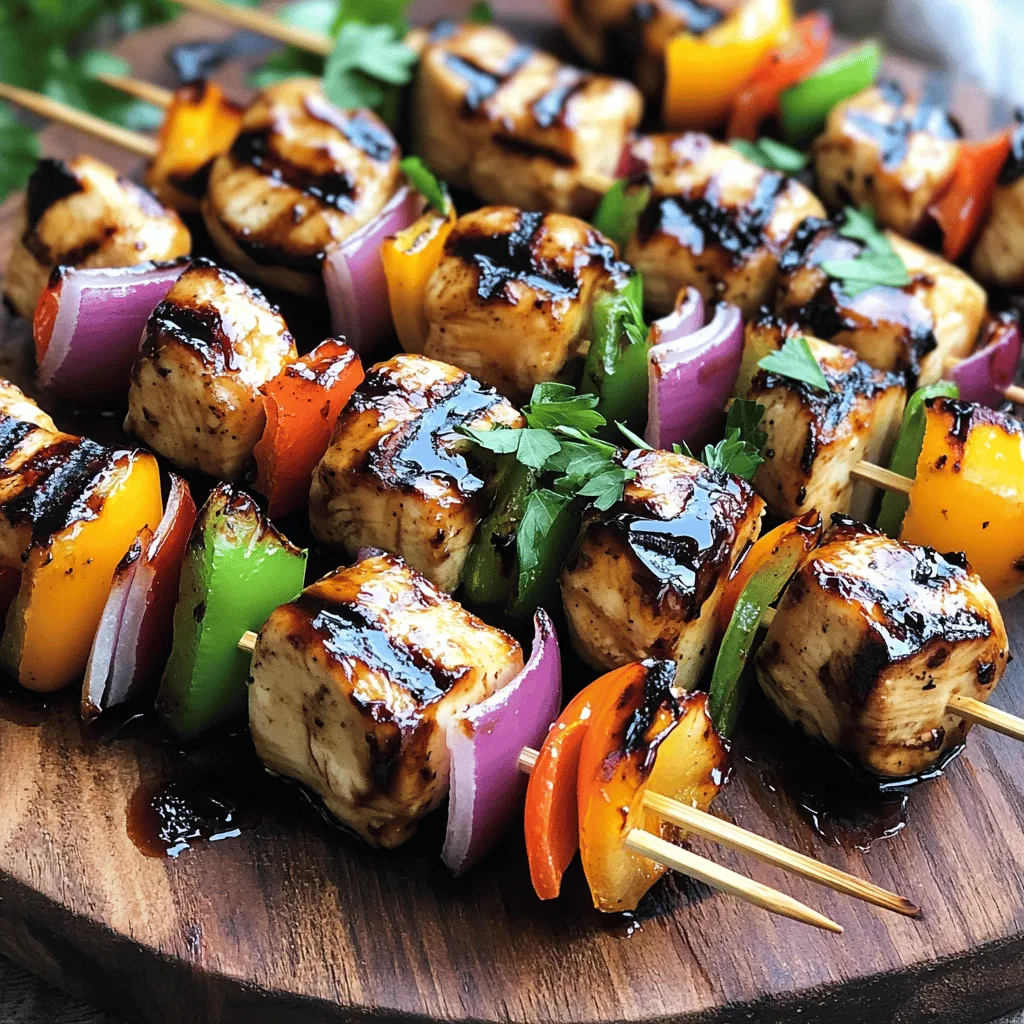 For these skewers, you need simple but fresh ingredients. Here’s what to gather: - 1 pound chicken breast, cut into 1-inch cubes - 1/2 cup balsamic vinegar - 2 tablespoons honey - 2 tablespoons olive oil - 2 cloves garlic, minced - 1 teaspoon fresh rosemary, chopped - 1 teaspoon salt - 1/2 teaspoon black pepper - 1 bell pepper, cut into 1-inch pieces (any color) - 1 red onion, cut into 1-inch pieces - Skewers (wooden or metal) Using fresh chicken breast gives the skewers a nice taste and texture. The marinade combines balsamic vinegar, honey, and spices to create a sweet and tangy flavor. The bell pepper and onion add color and crunch. Choosing the right balsamic vinegar is key to great flavor. Here are a few brands I trust: - Colavita: A fine choice with rich flavor. - Kirkland Signature: Offers great value without sacrificing taste. - Cavalli: Known for its smooth and sweet profile. Also, for honey, consider brands like Manuka or Nature Nate’s for quality. For olive oil, California Olive Ranch or Bertolli promise freshness. These ingredients elevate your dish, making it truly special. For the full recipe, check out the ingredients listed above. To make the marinade, mix balsamic vinegar, honey, olive oil, garlic, rosemary, salt, and pepper in a bowl. Whisk until well combined. This blend gives the chicken a rich, sweet, and tangy flavor. Marinating the chicken is key. I recommend letting it sit for at least 30 minutes. For more flavor, you can marinate it for up to 2 hours. This time allows the chicken to soak up the marinade, making it juicy and tasty. If you use wooden skewers, soak them in water for 30 minutes. This step helps prevent burning on the grill. Once soaked, it’s time to assemble the skewers. Thread the marinated chicken, bell pepper, and onion onto the skewers. Alternate the chicken and vegetables for a fun and colorful look. This not only adds flavor but also makes each bite exciting. Before grilling, preheat your grill or grill pan over medium-high heat. This will help the chicken cook evenly and create nice grill marks. When the grill is hot, place the skewers on it. Cook for about 10-12 minutes, turning them occasionally. The chicken should reach an internal temperature of 165°F (75°C). This ensures your chicken is safe to eat. To add extra flavor, brush the remaining marinade over the skewers during the last few minutes of grilling. This step takes the taste to a new level! To make the best balsamic glaze, start with the right balance. You may want to switch the honey for maple syrup. This swap adds a warm, earthy flavor. If you prefer a tangy touch, add a squeeze of lemon juice. Adjust the salt to your taste, too. Different marinades can change the texture of your chicken. Try using yogurt-based marinades for a tender bite. A splash of soy sauce can add depth. Get creative, and find what you love! When skewering, layer chicken and veggies for a pretty look. I like to start with chicken, then add a piece of bell pepper, and follow with onion. This mix keeps flavors balanced. Use a pattern that excites your eyes! Metal skewers can be reused and heat evenly. Wooden skewers are great but soak them first. This step keeps them from burning on the grill. Whether you choose metal or wood, make sure to space out the pieces. Timing is key for glazing. Brush the glaze on during the last few minutes of cooking. This step keeps the glaze from burning. Get those beautiful grill marks by placing skewers on the grill and leaving them for a few minutes. Don't move them too soon! For perfect grill marks, heat your grill well. Aim for medium-high heat. Place the skewers at a 45-degree angle for a nice crosshatch. Flip them only when they lift easily. This ensures juicy, well-cooked chicken. {{image_2}} You can switch the chicken for other proteins. Beef works well, giving a hearty taste. Shrimp adds a nice touch of sweetness. Tofu is great for a meatless option. Just remember to adjust the cooking time. Shrimp cooks fast, while beef may need longer. Use the same marinade for tasty results. Feel free to add seasonal vegetables to your skewers. Zucchini, mushrooms, and cherry tomatoes are delicious choices. They grill well and soak up the balsamic flavor. If you want to swap bell peppers, try using asparagus or eggplant. Each brings a unique taste and texture. You can add spices or sauces to boost the flavor. Try red pepper flakes for heat or paprika for smokiness. Mixing in sauces like soy or teriyaki can create a twist. Fresh herbs like thyme or oregano work wonders too. They brighten up the dish and add freshness. Experiment and find what you love most! To keep your leftover balsamic glazed chicken skewers fresh, place them in an airtight container. This prevents air and moisture from spoiling the food. Use a container that fits the skewers snugly to avoid movement. You can also wrap them tightly in plastic wrap. Store the skewers in the fridge. They will stay good for 3 to 4 days. When reheating, avoid drying out the chicken. The best method is to use the oven. Preheat it to 350°F (175°C). Place the skewers on a baking sheet and cover them with foil. Heat for 10 to 15 minutes. This keeps them moist. You can also use a microwave. Heat in short bursts of 30 seconds. Check often to keep them juicy. To freeze the skewers, wrap them tightly in plastic wrap or foil. Place them in a freezer-safe bag or container. They can last up to 3 months in the freezer. For thawing, move them to the fridge overnight. Once thawed, grill them on medium heat until heated through. This keeps the flavor and texture intact. You can save time by prepping ahead. Cut the chicken and veggies the night before. Place them in a bowl with the marinade. This lets the flavors soak in while you rest. You can also use ready-made skewers or metal ones for easy cleanup. If you don’t have a grill, use a grill pan on your stove. It works great and is quick. These skewers pair well with many sides. You can serve them with a fresh salad for crunch. Grilled veggies like zucchini and asparagus also complement the dish. For a heartier meal, add rice or quinoa. You can even make a pita wrap with the skewers and some sauce. Yes, store-bought balsamic glaze is fine to use. Just check the label for quality. Look for one with fewer ingredients and no added sugars. Some brands offer rich flavors that can save you time. However, making your own glaze adds a fresh touch. It’s simple and quick. Use the leftover marinade to make your own glaze while grilling. Balsamic glazed chicken skewers are easy and fun to make. We covered the key ingredients, like chicken and veggies. You can use quality brands for balsamic vinegar and honey. I shared step-by-step instructions, from marinating to grilling. Remember to adjust flavors and try new veggies or proteins. With these tips, you'll impress everyone at your next cookout. Enjoy making and sharing these tasty skewers!