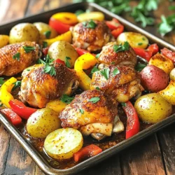 - 4 boneless, skinless chicken thighs - 1 red bell pepper, sliced - 1 yellow bell pepper, sliced - 1 small red onion, sliced - 2 cups baby potatoes, halved - 3 tablespoons olive oil - 2 tablespoons Cajun seasoning - 1 teaspoon garlic powder - 1 teaspoon onion powder - Salt and pepper to taste - Fresh parsley for garnish (optional) Choosing the right ingredients makes a big difference. For this Cajun Chicken Sheet Pan Dinner, I love using chicken thighs. They stay juicy and flavorful. Bell peppers add color and crunch. Use both red and yellow for the best taste. Baby potatoes are perfect here. They cook up soft and soak in all the flavors. Slice them in half for quicker cooking. You’ll also need olive oil for richness. Cajun seasoning brings that bold flavor. Garlic and onion powder add depth. Don’t forget salt and pepper to enhance every bite. Feel free to add fresh parsley on top. It gives a nice pop of color and flavor. For the full recipe, check the details. - Preheat the oven to 425°F (220°C). - Take your chicken thighs and place them in a large bowl. - Pour 1 tablespoon of olive oil over the chicken. - Add 1 tablespoon of Cajun seasoning, garlic powder, onion powder, salt, and pepper. - Mix everything well until the chicken is coated. - In another bowl, combine the sliced bell peppers, red onion, and halved baby potatoes. - Drizzle the remaining olive oil over the veggies. - Add the rest of the Cajun seasoning. - Toss the vegetables to coat them evenly with the oil and seasoning. - Grab a large baking sheet and arrange the chicken in the center. - Spread the seasoned vegetables around the chicken on the sheet pan. - Make sure they are evenly spaced for even cooking. - Bake in the preheated oven for about 25-30 minutes. - The chicken should reach an internal temperature of 165°F (75°C). - Check that the potatoes are tender. - Once done, take it out and let it rest for a few minutes. - You can garnish with fresh parsley before serving. For the full recipe, refer to the previous sections. Enjoy your simple and flavorful Cajun Chicken Sheet Pan Dinner! For a great Cajun Chicken Sheet Pan Dinner, cook the chicken until it hits 165°F (75°C). You can check this using a meat thermometer. Insert it into the thickest part of the thigh without touching the bone. This ensures juicy chicken every time. Let the chicken rest before serving. This helps keep the juices inside. If you skip this step, the chicken may dry out. Rest it for about five minutes on the pan before plating. You’ll see a big difference in taste and texture. To make your dish pop, consider garnishing with fresh herbs. Chopped parsley adds color and fresh flavor. It brightens up the meal and makes it more inviting. You can also add lemon wedges on the side. They add a zesty kick when squeezed over the chicken. Fresh herbs not only improve the look but also enhance the taste. They bring out that Cajun flair in every bite. {{image_2}} You can change up the vegetables in this dish. Try using zucchini, asparagus, or broccoli. These veggies add great taste without losing the fun of cooking. You can also switch the protein. Instead of chicken, use shrimp or sausage. Both options cook well and add a different flair to the meal. Shrimp cooks quickly, so be sure to adjust your cooking time. Sausage can add a heartier flavor, making it a filling choice. Want to spice up your Cajun chicken? You can add cayenne pepper for heat. A little goes a long way, so start small and taste as you go. You might also try adding fresh herbs like thyme or oregano. They can brighten the dish. For sauces, consider adding a splash of hot sauce or a drizzle of honey. Both can enhance the flavors and give your meal a unique twist. You can find the full recipe for all these ideas and more. To store your leftover Cajun Chicken Sheet Pan Dinner, let it cool first. Place the chicken and veggies in an airtight container. This keeps them fresh and tasty. You can store it in the fridge for up to three days. If you notice any odd smells or changes in color, it's time to throw it away. When you want to enjoy your leftovers, reheating is key. The best method is using the oven. Preheat it to 350°F (175°C). Place the chicken and veggies on a baking sheet and cover them with foil. Heat for about 15-20 minutes. This keeps everything juicy and tasty. If you want to freeze it, make sure it cools completely first. Place the food in freezer-safe bags or containers. It can last up to three months in the freezer. When you're ready to eat, thaw it in the fridge overnight before reheating. This keeps the flavor and texture just right. Cajun Chicken Sheet Pan Dinner shines with sides that complement its bold flavors. Here are some great options: - Rice: White or brown rice soaks up tasty juices. - Corn: Grilled or roasted corn adds sweetness. - Salad: A fresh green salad balances the spices. - Bread: Crusty bread makes a fun dipping tool. Yes, you can prepare Cajun Chicken Sheet Pan Dinner ahead. Season the chicken and veggies and store them in the fridge for up to 24 hours. This allows flavors to meld together. When you’re ready to cook, simply bake as directed in the Full Recipe. Cajun seasoning can be spicy, but you control the heat. If you want less spice, use less seasoning. Or, try a mild blend. You can also add sweet spices like paprika to balance heat. To keep the chicken juicy, avoid overcooking it. Use a meat thermometer to check the internal temperature. Aim for 165°F (75°C). Let the chicken rest for a few minutes after cooking. This helps the juices redistribute, making it tender and flavorful. In this blog post, we explored a simple Cajun Chicken Sheet Pan Dinner. You learned about the fresh ingredients needed, from chicken thighs to colorful veggies. I provided clear steps for preparation and cooking, along with helpful tips for perfecting your meal. Remember, you can switch up the ingredients and flavors to suit your taste. Enjoy your cooking adventure! This dish is sure to impress and satisfy, making it a great choice for any night.