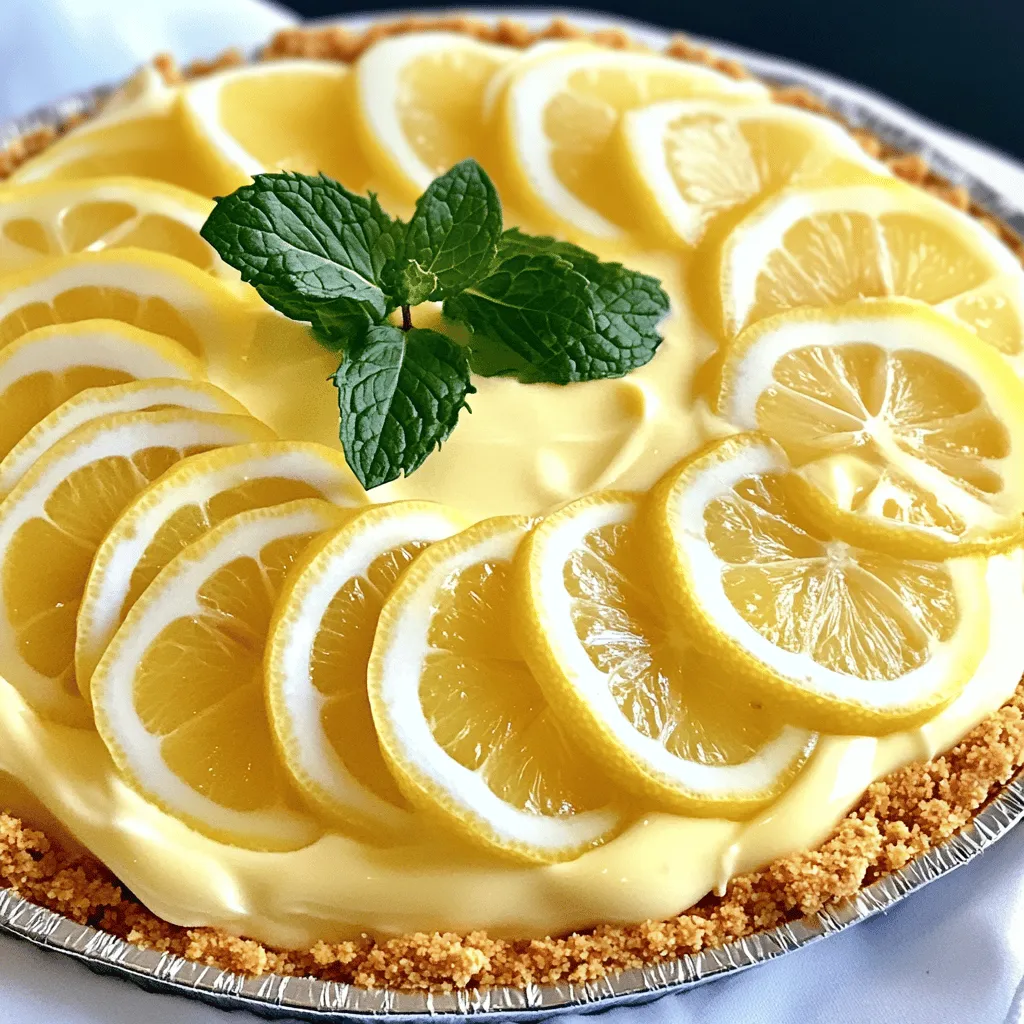 Here is what you need to make a No Bake Lemon Icebox Pie. The fresh flavors and creamy texture will wow everyone. - 1 ½ cups graham cracker crumbs - ½ cup unsalted butter, melted - 1 cup sweetened condensed milk - ½ cup fresh lemon juice (about 2-3 lemons) - Zest of 2 lemons - 1 cup heavy whipping cream - ½ cup powdered sugar - 1 teaspoon vanilla extract - Lemon slices and mint leaves for garnish These ingredients create a pie that is both tangy and sweet. The graham cracker crust gives a nice crunch. The filling is creamy and refreshing. Using fresh lemon juice and zest adds bright flavor. When you whip the cream, it makes the filling light and airy. Make sure to gather all these items before you start. You will love how easy it is to put this pie together. For the full recipe, please check the instructions later in the article. Start by mixing the graham cracker crumbs and melted butter in a medium bowl. You want the crumbs to be fully coated in butter. This step is key for a tasty crust! Next, press the mixture firmly into the bottom and up the sides of a 9-inch pie pan. Make sure it’s even and compact. Now, refrigerate the crust for about 30 minutes. This helps it set and hold its shape. In another bowl, whisk together the sweetened condensed milk, fresh lemon juice, and lemon zest. Keep whisking until the mixture is smooth and well combined. The lemon juice adds a bright, zesty flavor that will shine through in the pie. Now, take a separate bowl and beat the heavy whipping cream, powdered sugar, and vanilla extract with an electric mixer. Mix until you see soft peaks form. This step creates a light, airy cream that balances the dense filling. Gently fold the whipped cream into the lemon mixture. Use a spatula and be careful not to deflate the whipped cream. You want it to stay fluffy so your pie remains light and refreshing. Pour the lemon filling into the prepared graham cracker crust. Use a spatula to smooth out the top. It should look nice and even. Make sure to get every bit of that delicious filling into the crust! Cover the pie with plastic wrap and refrigerate it for at least 4 hours. For the best flavor, let it sit overnight. When you’re ready to serve, slice the pie and enjoy it chilled. Garnish with lemon slices and fresh mint leaves for a beautiful presentation. For the full recipe, check out the details provided earlier! For a great crust, graham cracker crumbs work well. But you can try other options. Use crushed vanilla wafers for a sweeter taste. For a nutty flavor, consider using almond flour mixed with butter. Even chocolate cookie crumbs can add a unique twist. Just make sure to press the crust firmly into the pan. This helps it hold its shape when you slice the pie. Whipping cream needs attention to get the right texture. Start with cold cream for the best results. Use a chilled bowl and beaters. This keeps the cream from warming up too fast. Beat until soft peaks form, which means the cream can hold its shape but is still smooth. Don't overbeat, or it can turn grainy. Gently fold this whipped cream into the lemon mixture. Want to amp up the flavor? Add a bit of lime zest along with the lemon zest. This adds a nice punch to the filling. You could also mix in some fresh herbs like basil for a surprising twist. For a sweeter taste, add a splash of vanilla or a hint of ginger. Each small change can create a whole new experience in your pie. {{image_2}} You can switch things up by using lime or orange juice. Lime adds a zesty kick. It gives the pie a fresh, tangy flavor. Orange juice offers a sweeter taste, perfect for those who prefer a milder zest. You can mix and match these juices. This will create a unique twist on your pie. You might even find a new favorite! If you want to replace sweetened condensed milk, try using coconut milk. This option keeps the pie creamy and rich. You can also use maple syrup or honey for a natural touch. Just remember, these sweeteners can change the flavor a bit. Adjust the amount to taste and keep it balanced. Experimenting with different sweeteners can lead to delicious surprises! For a dairy-free pie, use coconut cream instead of heavy whipping cream. It whips up beautifully and gives a lovely coconut flavor. You can also try almond milk or cashew cream as alternatives. These options allow everyone to enjoy this refreshing dessert. Just make sure to check the consistency and adjust as needed. This way, you keep the pie creamy and delicious! For the full recipe, check [Full Recipe]. Enjoy creating your own variations! To keep your No Bake Lemon Icebox Pie fresh, store leftovers in the fridge. Use a tight lid or wrap it well with plastic wrap. This helps keep the pie's creamy filling and crust from drying out. Make sure to refrigerate it right after serving. If you leave it out, the pie can spoil quickly. You can freeze this pie if you want to save it for later. First, let the pie chill in the fridge for at least four hours. Then, cover it with plastic wrap or aluminum foil. Place it in the freezer. When you're ready to eat it, thaw the pie in the fridge overnight. This way, it stays creamy and tasty. In the fridge, the pie lasts for about three to four days. After that, it may lose its flavor and texture. To enjoy it at its best, make sure to eat it within this time frame. If you freeze it, you can keep it for up to two months without losing quality. For the full recipe, check out the earlier sections. Yes, you can make No Bake Lemon Icebox Pie ahead of time. This pie tastes even better after chilling overnight. It allows the flavors to meld together nicely. Just cover it well with plastic wrap and keep it in the fridge. This makes it a perfect dessert for parties or gatherings. The pie needs at least four hours to set in the fridge. For the best results, I recommend chilling it overnight. This time helps the filling firm up and creates a nice texture. After it’s set, you can slice and serve it cold. While fresh lemon juice gives the best taste, you can use bottled lemon juice. Make sure it's pure lemon juice without added sugars or flavors. The flavor might be a bit different, but it will still work in the recipe. Fresh lemons add a bright, zesty flavor that enhances the pie. Yes, you can easily make this pie gluten-free. Simply replace graham cracker crumbs with gluten-free options. Look for gluten-free graham cracker crumbs or use ground nuts like almonds. This will keep the pie tasty while adhering to gluten-free diets. Enjoy your gluten-free treat! This blog post covered how to make a delicious No Bake Lemon Icebox Pie. We discussed the key ingredients, step-by-step instructions, and tips to enhance flavor and texture. You learned how to prepare the crust, fill it with a creamy lemon mixture, and chill the pie for the perfect dessert. In conclusion, this pie is easy, refreshing, and flexible. You can customize it to suit your taste and dietary needs. Try it out, and enjoy a sweet treat that is sure to impress!
