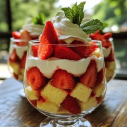 - 2 cups fresh strawberries, hulled and sliced - 1/4 cup granulated sugar (for strawberries) - 2 cups whipped cream (store-bought or homemade) - 1 pound vanilla sponge cake, cut into cubes (or ladyfingers) - 1 cup vanilla yogurt - 1 teaspoon vanilla extract - Fresh mint leaves, for garnish Each ingredient plays a key role in making the trifle shine. The strawberries bring freshness and sweetness. Mixing them with sugar helps release their juices, creating a syrupy delight. Whipped cream adds a light, airy touch, while vanilla yogurt offers creaminess and tang. Choosing the right base matters too. Sponge cake or ladyfingers soak up the flavors well. They provide structure and soak up the juices without getting soggy. Lastly, garnishes like fresh mint leaves add a pop of color and flavor. You can also sprinkle extra strawberries on top for a vibrant look. For the Full Recipe, you’ll find detailed steps to create this delightful dessert. Enjoy the process of layering and building flavors. Mixing and Marinating Start by hulling and slicing 2 cups of fresh strawberries. Place them in a medium bowl. Add 1/4 cup of granulated sugar to the strawberries. Mix well and let them sit for about 15 minutes. This step helps the strawberries release their sweet juices. The result is a juicy layer that enhances the trifle's flavor. Creating the Yogurt Mixture In another bowl, combine 1 cup of vanilla yogurt with 1 teaspoon of vanilla extract. Stir until the mixture is smooth and well-blended. This yogurt mix adds a creamy texture and a lovely flavor to your trifle. First Layer: Sponge Cake Grab your trifle dish or clear glasses. Begin with a layer of 1 pound of vanilla sponge cake cubes at the bottom. You can use ladyfingers if you prefer. Make sure to cover the bottom evenly. Subsequent Layers: Strawberries and Yogurt Next, add a generous layer of the sugared strawberries. Press them down gently to compact them a bit. Follow this with a layer of the yogurt mixture, smoothing it out evenly. This creates a beautiful contrast in colors and flavors. Adding Whipped Cream Now, add 2 cups of whipped cream on top. Spread it evenly over the yogurt layer. This whipped cream adds a light, fluffy texture that balances the dense layers below. Chilling Time for Flavor Fusion After you finish layering, chill the trifle in the refrigerator for at least 1 hour. This chilling time allows all the flavors to meld together. The trifle will taste even better when served cold. Enjoy the full recipe as you create this delightful layered dessert! - Over-mixing Ingredients: When you mix the yogurt and whipped cream, be gentle. Over-mixing can lead to a runny texture. Mix just until combined to keep it fluffy. - Not Allowing Proper Chilling Time: After you layer the trifle, let it chill. This step is key for flavor blending. I suggest at least one hour in the fridge. - Serving in Clear Glasses: Use clear glasses or a trifle dish to show off the beautiful layers. It makes your dessert look inviting. - Optional Sauce and Garnishes: Drizzle some strawberry sauce on top for color. Fresh mint leaves add a nice touch too. These small details elevate your trifle. - Using Store-bought Ingredients: To save time, consider using store-bought whipped cream and sponge cake. This helps speed up the process without losing taste. - Prepping Ahead of Time: You can prepare the strawberries and yogurt mix a day before. This way, you can assemble your trifle quickly when ready to serve. For the full recipe, refer to the details above. {{image_2}} What fruits can I use instead of strawberries? You can swap strawberries for many other berries. Blueberries, raspberries, and blackberries all work well. These berries add a burst of color and flavor. You can also mix different berries for a fun twist. What seasonal fruits can I try? During summer, peaches and cherries shine. In fall, try apples and pears. Each fruit brings its unique taste. Feel free to experiment with whatever is fresh and tasty. What is the difference between pound cake and sponge cake? Pound cake is dense and rich. It has a buttery flavor that pairs nicely with cream. Sponge cake is light and airy. It absorbs flavors well and makes a great base for trifles. Are there gluten-free options? Yes, you can use gluten-free sponge cake or ladyfingers. Many stores offer gluten-free options. You can also make your own using almond flour or coconut flour. This way, everyone can enjoy the dessert. How can I add more flavor? Adding extracts or zests can boost taste. Vanilla extract enhances sweetness, while lemon zest adds brightness. Experiment with almond or orange extracts for unique flavors. Can I use different creams? Absolutely! You can use mascarpone for a rich taste. Greek yogurt adds tang and creaminess. Mixing creams can create exciting textures and flavors. Be creative and have fun with it! For short-term storage, keep your trifle in the fridge. Use a tight lid or wrap it well. This keeps it fresh and tasty. The trifle stays good for about 3 days. After that, the layers might get soggy. Can you freeze strawberry shortcake trifle? Yes, but it’s tricky. The whipped cream and yogurt may not freeze well. If you want to freeze it, do so without the whipped cream. This way, the taste stays better. To thaw, move the trifle to the fridge. Let it sit for several hours or overnight. This helps it soften slowly and keeps the flavor intact. For leftover trifle, you can reassemble it. If the layers are mixed, just layer them again. This brings back the pretty look. You can also get creative. Use leftover strawberries in smoothies. Combine them with yogurt for a quick snack. The sponge cake can become a base for a new dessert. Just add some fresh fruit and whipped cream for a fresh treat. Strawberry Shortcake Trifle can last up to three days in the fridge. To keep it fresh, cover the trifle tightly with plastic wrap or a lid. Make sure to store it in the coldest part of your fridge. The strawberries may release juice over time, which can make the layers soggy. If you want to keep the layers crisp, try to eat it within two days. Yes, you can make Strawberry Shortcake Trifle the night before. This can actually help the flavors mix well. Just prepare the trifle as per the Full Recipe. After layering, cover it and place it in the fridge overnight. When you are ready to serve, just add the fresh mint leaves and any extra strawberries on top. If you want to substitute whipped cream, there are several options. For dairy-free needs, try coconut cream. It’s rich and has a nice flavor. If you want a lower-calorie option, use Greek yogurt. You can also whip up aquafaba, which is the liquid from canned chickpeas. This is a great vegan choice and can mimic the texture of whipped cream. You now know how to make a delicious strawberry shortcake trifle. We covered key ingredients, from strawberries to sponge cake. You learned helpful steps for preparation and layering. We also explored tips to avoid common mistakes and shared variations to fit your taste. Keep these ideas in mind to create an amazing trifle. Enjoy making and sharing this tasty dessert. It’s sure to impress everyone!