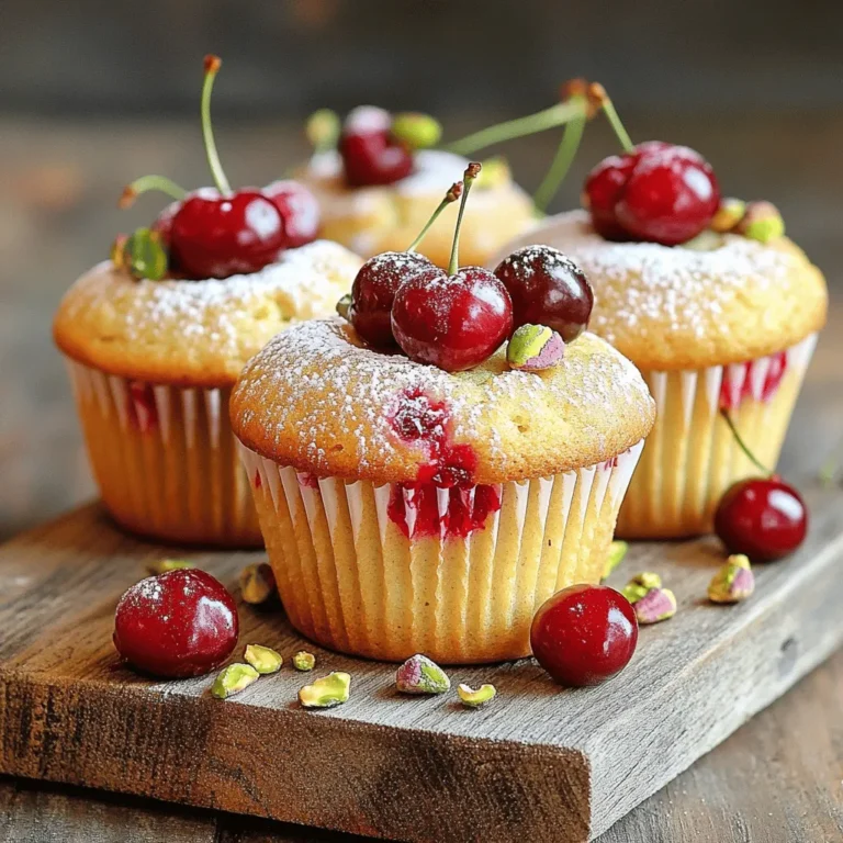 - 1 cup fresh cherries, pitted and chopped - 1/2 cup shelled pistachios, roughly chopped - 1 1/2 cups all-purpose flour - 1/2 cup granulated sugar - 1/2 cup brown sugar - 1/2 teaspoon baking powder - 1/2 teaspoon baking soda - 1/4 teaspoon salt - 1/2 cup unsalted butter, melted - 2 large eggs - 1 teaspoon vanilla extract - 1/2 cup Greek yogurt - 1/4 cup milk Gather these ingredients before you start. Fresh cherries bring sweetness and a pop of color. The pistachios add a nice crunch and a unique flavor. The combination of sugars balances the sweetness and moisture in the muffins. - Muffin tin - Mixing bowls - Whisk - Rubber spatula These tools make the process smooth and easy. A muffin tin shapes the muffins perfectly. Mixing bowls help you combine ingredients without a mess. Use a whisk to blend dry and wet ingredients well. A rubber spatula helps fold in those lovely cherries and pistachios without breaking them. Each muffin has about 180 calories. They include healthy fats from the pistachios and some protein from the Greek yogurt. The muffins also contain carbohydrates from the flour and sugars. Enjoy the balance of taste and nutrition with each bite! For the complete recipe, be sure to check the Full Recipe section. - Preheat your oven to 350°F (175°C). - Line your muffin tin with paper liners or spray with non-stick spray. - In a medium bowl, whisk together: - 1 1/2 cups all-purpose flour - 1/2 cup granulated sugar - 1/2 cup brown sugar - 1/2 teaspoon baking powder - 1/2 teaspoon baking soda - 1/4 teaspoon salt - In a separate large bowl, mix together: - 1/2 cup unsalted butter, melted - 2 large eggs - 1 teaspoon vanilla extract - 1/2 cup Greek yogurt - 1/4 cup milk - Gradually add the dry ingredients into the wet mixture. - Stir gently until just combined. Do not overmix; this keeps the muffins light. - Gently fold in: - 1 cup fresh cherries, pitted and chopped - 1/2 cup shelled pistachios, roughly chopped - Pour the batter evenly into the prepared muffin tin, filling each cavity about 2/3 full. - Bake for 18-20 minutes. Check with a toothpick; it should come out clean. - Remove the muffins from the oven and let them cool in the tin for 5 minutes. - Transfer them to a wire rack to cool completely. For more details, refer to the Full Recipe. - Avoiding overmixing: Mix the batter gently. Overmixing can make your muffins tough. Stir until just combined. You want a few lumps in the batter. - Importance of ingredient temperature: Use room temperature eggs and butter. This helps the batter mix well. Cold ingredients can lead to uneven baking. - Suggestions for spices or extracts: Add a pinch of cinnamon or nutmeg for warmth. You can also try almond extract for an extra layer of flavor. - Pairing with various toppings: Top muffins with a dollop of whipped cream or a scoop of vanilla ice cream. Fresh mint leaves can add a nice touch too. - Serving ideas for a visually appealing presentation: Serve muffins on a rustic wooden board. Dust them lightly with powdered sugar for a lovely finish. - Recommended garnishes for added flair: Add whole cherries and chopped pistachios on top. This makes the muffins look beautiful and inviting. For the full recipe, check out the detailed instructions above. Enjoy your baking! {{image_2}} If you need a gluten-free option, you can swap all-purpose flour for almond flour or a gluten-free blend. Both options work well with the cherry and pistachio flavors. When using almond flour, reduce the amount by about 1/4 cup. Your muffins may bake faster, so check them a few minutes early. You can play around with different fruits too! Try blueberries or raspberries with pistachios. They add a nice twist. If you're looking to change the sweetness, consider using honey or maple syrup instead of granulated sugar. This will give your muffins a unique flavor. Cherries come in many types, like Bing or Rainier, and they change with the seasons. You can try tart cherries in summer for a tangy taste. In fall, add warm spices like cinnamon or nutmeg to enhance the flavor. This makes your muffins perfect for any time of year. To keep your cherry pistachio muffins fresh, store them in an airtight container. This helps lock in moisture. You can use a plastic container or a resealable bag. Place parchment paper between layers to prevent sticking. Store them at room temperature. Avoid direct sunlight to keep them tasty. If you want to save some muffins for later, freezing is a great option. To freeze, first let the muffins cool completely. Then, wrap each muffin in plastic wrap. Place wrapped muffins in a freezer-safe bag. This helps avoid freezer burn. You can freeze them for up to three months. To thaw, take one muffin out and leave it at room temperature. It will be ready in a few hours. At room temperature, these muffins last about three days. After that, they may start to lose freshness. Look for signs of spoilage, like an off smell or mold. If the muffins feel dry or hard, they may not taste good anymore. Always trust your senses when deciding to eat leftover muffins. To make muffins moist, use ingredients that add moisture. Here are some tips: - Add Greek yogurt or sour cream to the batter. - Use melted butter instead of oil for richness. - Don’t overmix the batter; this helps keep them soft. - Add a bit of milk or extra egg for extra moisture. These steps will help you bake muffins that are soft and tender. Yes, you can use frozen cherries in this recipe. However, they do change the texture. Frozen cherries can be softer when baked. Their flavor may also be less bright than fresh ones. If using frozen cherries, thaw and drain them first. This prevents excess moisture in the batter. To check if your muffins are done, use a toothpick. Insert it into the center of a muffin. If it comes out clean, they are ready. You can also look for a golden top. The muffins should spring back when gently pressed. Another sign is a slight pull from the muffin tin's edges. These tips ensure your muffins are perfectly baked every time. For the full recipe, refer to the Cherry Pistachio Muffins section. This blog post covered how to make tasty muffins with cherries and pistachios. You learned about essential ingredients, kitchen tools, and nutrition. We walked through steps for preparing, baking, and presenting your muffins. Tips helped you achieve the perfect texture and flavor. Remember, feel free to try variations and store your muffins properly. With practice, your baking skills can shine! Happy baking, and enjoy every delicious bite!