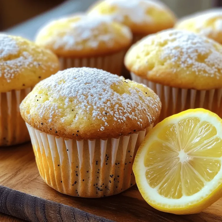 To make Lemon Poppy Seed Muffins, gather these simple ingredients: - 1 ½ cups all-purpose flour - 1 tablespoon poppy seeds - 1 teaspoon baking powder - ½ teaspoon baking soda - ¼ teaspoon salt - ¾ cup granulated sugar - 2 large eggs - ½ cup plain yogurt - ¼ cup vegetable oil - 2 tablespoons lemon juice - Zest of 2 lemons Each ingredient plays a key role in making these muffins tasty and delightful. For instance, the flour forms the base, while the baking powder and baking soda help them rise. Poppy seeds add a unique crunch and visual appeal. The sugar sweetens the muffins, balancing the tartness of the lemon juice and zest. The yogurt keeps the muffins moist, giving them a tender crumb. Finally, the lemon juice and zest provide that bright flavor you love. When you gather your ingredients, make sure they are fresh. Fresh lemon juice and zest make a big difference in flavor. Using plain yogurt adds creaminess and richness. This mix of flavors will create a muffin that is both simple and delightful. For the full recipe, just follow the steps after this section to bake these delicious treats! - Preheat the oven and prepare muffin tin Start by preheating your oven to 350°F (175°C). Line a muffin tin with paper liners. This will help the muffins come out easily. - Combine dry ingredients In a medium bowl, mix together 1 ½ cups all-purpose flour, 1 tablespoon poppy seeds, 1 teaspoon baking powder, ½ teaspoon baking soda, and ¼ teaspoon salt. Stir well to blend all the dry ingredients. - Mix wet ingredients In a large bowl, beat ¾ cup granulated sugar and 2 large eggs until light and fluffy. This takes about 2 minutes. Then, add ½ cup plain yogurt, ¼ cup vegetable oil, 2 tablespoons lemon juice, and the zest of 2 lemons. Mix until everything is smooth. - Combine wet and dry ingredients Gradually add the dry mix to the wet mix. Fold gently until just combined. It’s okay if there are a few lumps; don’t overmix or your muffins will be tough. - Fill muffin cups and bake Divide the batter evenly among the muffin cups, filling each about 2/3 full. This helps them rise nicely. Place the muffin tin in the oven and get ready for the delicious smell! - Baking time and temperature Bake the muffins in the preheated oven for 18-20 minutes. Keep an eye on them as they bake. - How to check for doneness To check if they are done, insert a toothpick into the center of a muffin. If it comes out clean, your muffins are ready. If it’s wet, bake a few more minutes. Following these steps, you will create delightful Lemon Poppy Seed Muffins. For the full recipe, check out the information provided. To bake great muffins, avoid overmixing the batter. When you mix too much, muffins can become tough. Stir gently until the dry and wet ingredients just blend. A few lumps are okay. To keep your muffins moist, use yogurt in your recipe. Yogurt adds moisture without making the muffins heavy. Also, make sure not to overbake them. Check for doneness by inserting a toothpick. If it comes out clean, they are ready. You can enhance the flavor of your muffins in fun ways. Add blueberries or raspberries for a fruity twist. You can also mix in some chopped nuts for a crunchy texture. When it comes to lemon juice, always choose fresh. Fresh lemon juice gives a brighter taste. Bottled juice may lack the zing you want. Remember to zest your lemons too; it adds a lovely aroma. For the complete recipe, check the Full Recipe section. {{image_2}} You can change the taste of your lemon poppy seed muffins. Adding fresh blueberries enhances the flavor. The blueberries burst in your mouth, creating a sweet and tart balance. If you want to keep it simple, just add more poppy seeds. This gives a nice crunch and more depth. Another great option is to swap the yogurt for sour cream. Sour cream adds a bit of tang. This change makes the muffins moist and rich. You can easily experiment with these flavors to find your favorite mix. If you need gluten-free muffins, it's easy to make that switch. Use a gluten-free flour blend in place of regular flour. Just make sure to check that your other ingredients are gluten-free too. These muffins will still be tasty and fluffy. For a vegan version, replace the eggs with flax eggs. Mix one tablespoon of ground flaxseed with three tablespoons of water. Let it sit for a few minutes to thicken. You can also use plant-based yogurt instead of regular yogurt. These tweaks keep the muffins delicious while meeting your dietary needs. For the Full Recipe, follow the steps and enjoy your baking adventure! To keep your lemon poppy seed muffins fresh, store them at room temperature. Place the muffins in an airtight container or a zip-top bag. This keeps them moist and tasty. You can also use a paper towel inside the container to absorb any extra moisture. They will stay good for about three days. If you want them to last longer, consider refrigerating them. Just remember, refrigeration can change the texture a bit. If you want to save muffins for later, freezing is a great option. Let them cool completely first. Then wrap each muffin tightly in plastic wrap. After that, place them in a freezer-safe bag. This helps prevent freezer burn. Muffins can stay frozen for up to three months. When you’re ready to eat them, just take one out and let it thaw at room temperature. You can also warm it in the microwave for about 15 seconds. Enjoy the freshness of your lemon poppy seed muffins anytime! For the complete recipe, see [Full Recipe]. How do I prevent muffins from sinking? To keep muffins from sinking, make sure to mix your batter gently. Overmixing can cause them to rise too quickly and then fall. Fill the muffin cups only about two-thirds full. This allows room for them to rise without collapsing. Can I use lemon extract instead of juice? Yes, you can use lemon extract. It will give you a strong lemon flavor. For every tablespoon of lemon juice, use about half a teaspoon of lemon extract. Adjust to taste as needed. What can I pair Lemon Poppy Seed Muffins with? These muffins pair well with tea or coffee. You can also enjoy them with butter or cream cheese. For a fun twist, try them with a light lemon glaze for extra sweetness. Are these muffins suitable for breakfast? Absolutely! Lemon poppy seed muffins make a great breakfast option. They are light and fresh, perfect for starting your day on a bright note. How long do they last? When stored in an airtight container, these muffins can last about three days at room temperature. If you want to keep them longer, you can freeze them. Just wrap each muffin tightly before freezing. They will stay fresh for about three months. Lemon Poppy Seed Muffins These muffins are bright, tasty, and easy to make. They have a soft crumb and a lovely lemon flavor. The poppy seeds add a fun texture. Let’s dive into the details for the full recipe! - 1 ½ cups all-purpose flour - 1 tablespoon poppy seeds - 1 teaspoon baking powder - ½ teaspoon baking soda - ¼ teaspoon salt - ¾ cup granulated sugar - 2 large eggs - ½ cup plain yogurt - ¼ cup vegetable oil - 2 tablespoons lemon juice - Zest of 2 lemons 1. Preheat your oven: Set your oven to 350°F (175°C). Line your muffin tin with paper liners to make clean-up easy. 2. Mix dry ingredients: In a medium bowl, whisk together the flour, poppy seeds, baking powder, baking soda, and salt. Make sure they blend well. 3. Combine wet ingredients: In a large bowl, beat the granulated sugar and eggs until light and fluffy for about two minutes. Then, add the yogurt, vegetable oil, lemon juice, and lemon zest. Mix until it's smooth. 4. Combine wet and dry: Gradually add the dry mix to the wet mix. Fold gently until just combined. A few lumps are okay. Avoid overmixing to keep your muffins light. 5. Fill the muffin cups: Use a spoon to divide the batter evenly among the muffin cups. Fill each cup about two-thirds full. 6. Bake: Place the muffin tin in the oven and bake for 18-20 minutes. Check if they are done by inserting a toothpick. It should come out clean. 7. Cool the muffins: After baking, let the muffins cool in the pan for five minutes. Then, move them to a wire rack to cool completely. Serve your muffins warm or at room temperature. Dust them with powdered sugar and add a slice of lemon for a nice touch. Enjoy baking these delightful Lemon Poppy Seed Muffins! In this post, we explored the delicious Lemon Poppy Seed Muffins. From the list of simple ingredients to the step-by-step instructions, making these treats is easy. I shared tips to keep your muffins moist and flavor ideas to make them unique. You learned how to store your muffins for the best taste, too. Enjoy baking these muffins, and don’t forget to share them with friends! You will love how they brighten your breakfasts and snacks.