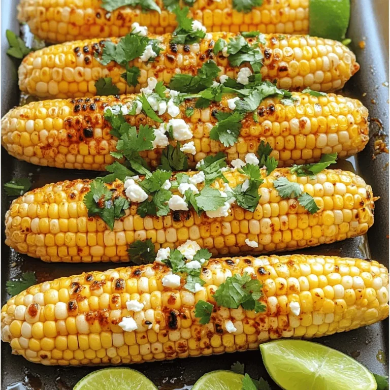 To make chili lime grilled corn, start with fresh corn. Look for ears that are bright green and firm. The silk should be silky and not dried out. Choose corn with plump kernels. You need 4 ears of fresh corn, husked. Next, gather your seasoning ingredients. These will add a lot of flavor. You will need: - 3 tablespoons olive oil - 1 teaspoon chili powder - 1 teaspoon smoked paprika - 1 lime, zested and juiced - 1/2 teaspoon garlic powder - Salt and pepper to taste Mix these together to create a tasty marinade for the corn. For a special touch, consider optional additions. These can enhance the dish even more: - 1/4 cup crumbled feta cheese (adds creaminess) - Fresh cilantro, chopped (for garnish) Using these optional ingredients can make your corn even more delicious. Feel free to explore different combinations! For the full recipe, check out the instructions that follow. Start by preheating your grill to medium-high heat. This step is key. A hot grill helps create those lovely char marks. Make sure the grates are clean for the best results. You want your corn to cook evenly. If you have a grill brush, give it a quick scrub. Next, gather your ingredients. You will need: - 3 tablespoons olive oil - 1 teaspoon chili powder - 1 teaspoon smoked paprika - 1 lime, zested and juiced - 1/2 teaspoon garlic powder - Salt and pepper to taste In a small bowl, mix the olive oil, chili powder, smoked paprika, lime zest, garlic powder, salt, and pepper. Stir until well combined. This marinade adds a punch of flavor to your corn. Brush it generously on all sides of each corn ear. Now it's time for the grill! Place the corn directly on the grates. Cook for about 10-12 minutes. Turn the corn every few minutes. This will help it cook evenly and develop that nice char. When the corn is tender and has charred spots, it's ready. When the corn is done, take it off the grill. Squeeze fresh lime juice over the hot corn. If you want a creamy touch, sprinkle crumbled feta cheese on top. For a pop of color, add chopped cilantro as a garnish. This makes the dish look great and adds freshness. Enjoy your chili lime grilled corn with friends and family! For the complete recipe, check out the Full Recipe section. Grilling corn is simple if you follow a few key steps. First, choose fresh corn with bright green husks. Look for kernels that are plump and juicy. This ensures maximum flavor. Husk the corn and remove all silk. Preheat your grill to medium-high heat. This helps achieve even cooking and good char. Brush the corn with your marinade before placing it on the grill. Turn the corn every few minutes for even grilling. Cook for about 10-12 minutes until charred and tender. Want to change the flavor? You can easily adjust the seasoning. For more heat, add a pinch of cayenne pepper to the marinade. If you love garlic, increase the garlic powder to taste. Try adding lime zest for a brighter taste. You can also swap feta for cotija cheese for a different flavor. Fresh herbs like basil or parsley can add a new twist. Feel free to experiment until you find your favorite mix. Sometimes things don’t go as planned. If your corn burns too quickly, lower the grill heat. Avoid cooking it too long, as it can dry out. If the corn sticks to the grill, make sure to oil the grates. If you forget to brush the corn with marinade, it may taste bland. Always check for seasoning before serving. Remember, cooking is about enjoying the process and learning from it. {{image_2}} You might want more heat in your Chili Lime Grilled Corn. To make it spicy, add fresh chopped jalapeños to your marinade. You can also use cayenne pepper instead of chili powder. Start with a small amount, then taste and adjust. This adds a bold kick that many love. If you want a vegetarian or vegan version, skip the feta cheese. Instead, you can sprinkle nutritional yeast on top for a cheesy flavor without dairy. Mix in fresh herbs like parsley or basil to enhance the taste. This keeps it light and fresh while being plant-based. Cheese can change the flavor of your corn. Feta is great, but try queso fresco for a milder taste. Cotija cheese is another option; it crumbles well and adds saltiness. You can even use a vegan cheese for a dairy-free option. Just sprinkle it on right after grilling for the best flavor. For the full recipe and more ideas, check out the [Full Recipe]. After you enjoy your chili lime grilled corn, you may have some left. Store it in an airtight container. Keep it in the fridge. It tastes best if eaten within three days. If you want to keep it longer, consider freezing it. To reheat, you can use a grill or stovetop. For the grill, heat it on medium. Place the corn back on for about five minutes. If you use the stovetop, warm it in a pan over low heat. Add a splash of water to keep it moist. Stir often to avoid burning. If you want to freeze corn, first let it cool. Wrap each ear tightly in plastic wrap. Then place them in a freezer bag. Make sure to squeeze out as much air as you can. Frozen corn can last up to six months. When you're ready to eat it, thaw it in the fridge overnight before reheating. Enjoy your chili lime grilled corn anytime with these simple storage tips! For the full recipe, check out the details above. Yes, you can use frozen corn. However, fresh corn gives the best taste. If you use frozen corn, thaw it first. Then, follow the same steps in the recipe. You can grill the corn in a grill basket or on skewers. This keeps it from falling through the grates. The flavor will still be good, but fresh corn is always better. You can make delicious Chili Lime Corn in the oven or on the stovetop. If using the oven, preheat it to 400°F (200°C). Wrap the corn in foil with the marinade. Bake for 20-25 minutes. If using a stovetop, heat a skillet over medium heat. Add the corn and cook for about 10-12 minutes, turning often. Both methods work well and keep the flavors intact. You can get creative with toppings for your Chili Lime Corn. Here are some ideas: - Crumbled queso fresco for a milder cheese taste - Diced avocado for creaminess - Sliced jalapeños for extra heat - Chopped green onions for a fresh bite - A sprinkle of chili flakes for a little kick These toppings add fun flavors and textures to your corn dish. This guide on grilling corn covers everything you need. We discussed fresh corn, seasoning, and optional additions. I shared step-by-step instructions for prepping your grill and making marinade. You learned tips for grilling and flavor tweaks, along with variations like spicy chili lime. Storage options keep your corn fresh for later. Now, with these insights, you can grill delicious corn with ease. Enjoy trying out different flavors and impress your friends!