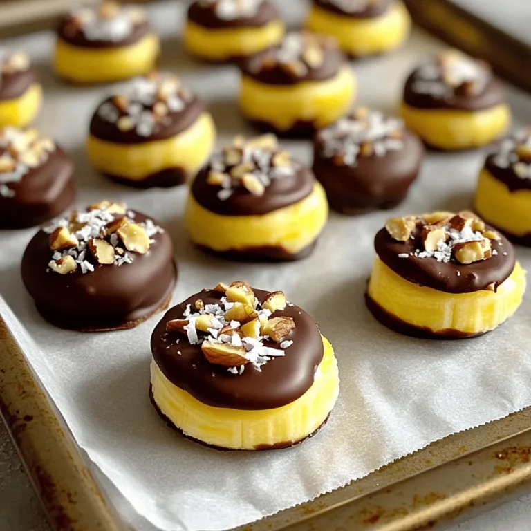 To make chocolate covered banana bites, you need just a few key items. Here’s what to gather: - 2 ripe bananas, sliced into 1-inch rounds - 1 cup dark chocolate chips (or dairy-free chocolate chips for a vegan version) - 1 tablespoon coconut oil These three ingredients create a delicious base for your bites. The bananas bring natural sweetness, while the chocolate adds rich flavor. You can make your banana bites even more fun with toppings. Consider these options: - 1/4 cup chopped nuts (like almonds or walnuts) - A sprinkle of sea salt (for a sweet-salty mix) - 2 tablespoons shredded coconut Feel free to mix and match these toppings. Each one adds a different taste and texture to the bites. Each serving of chocolate covered banana bites offers a tasty and healthy treat. Here’s a basic breakdown: - Calories: About 100 - Total Fat: 5g - Carbohydrates: 15g - Protein: 1g Bananas provide vitamins and minerals. Dark chocolate offers antioxidants. This snack is both fun and good for you. For the full recipe, check out the instructions above. To start, grab two ripe bananas. Slice them into 1-inch thick rounds. Lay the banana slices on a parchment-lined baking sheet. If you want firmer bites, freeze the slices for about 30 minutes. This makes them easier to coat later. Next, take 1 cup of dark chocolate chips and 1 tablespoon of coconut oil. Put these in a microwave-safe bowl. Heat them in the microwave for 30 seconds. Stir the mixture and heat again until smooth. This step is key to a great finish. Now, dip each banana slice into the melted chocolate. Make sure they are fully covered. Allow any extra chocolate to drip off. Place them back on the parchment paper. If you like, add toppings right away. Chopped nuts, shredded coconut, or a sprinkle of sea salt work great. After that, chill the baking sheet in the freezer for 15-20 minutes. This helps the chocolate set and harden. Enjoy your yummy creation right away or keep them in the freezer for later. You can find the full recipe for more details. To get the best coating on your banana bites, start with cold bananas. Slicing them into 1-inch rounds helps them stay firm. You can freeze them for 30 minutes before dipping. This step makes the coating easier and cleaner. When melting the chocolate, use a microwave. Heat it in 30-second bursts. Stir well between each burst. This keeps the chocolate from burning. Dip each banana slice fully to cover it. Allow extra chocolate to drip off before laying them on parchment. You can switch dark chocolate for milk chocolate or white chocolate. If you want a vegan version, use dairy-free chocolate chips. Try different oils like almond oil or sunflower oil for melting. For toppings, use crushed nuts, seeds, or dried fruit. You can even add a sprinkle of cinnamon for extra flavor. Want a crunch? Use pretzel bits or granola as toppings for fun textures. This gives your bites a unique twist. Serve your chocolate-covered banana bites straight from the freezer for a cool treat. Arrange them on a nice plate for a fun snack. You can also use sticks to make banana pops. This makes them great for kids. If you want to impress guests, serve them with fresh fruit or yogurt. For a quick snack, store them in an airtight container. This keeps them fresh and ready to enjoy. Check out the Full Recipe for more details on making this delightful snack! {{image_2}} You can use many types of chocolate for coating banana bites. Dark chocolate is my favorite. It gives a rich taste and pairs well with the sweet banana. You can also use milk chocolate for a creamier flavor. White chocolate offers a sweet touch if you like something sweeter. For a fun twist, try using flavored chocolate. Mint or orange-flavored chocolate adds a unique taste. Always choose high-quality chocolate for the best results. You can spice up your banana bites with fun flavors! Try adding peanut butter or almond butter. Just spread a little on each banana slice before dipping it in chocolate. This adds creaminess and a nutty flavor. You can also sprinkle cinnamon or nutmeg on top for warmth. Want a crunchy bite? Add crushed pretzels or granola for texture. Don't forget to experiment with toppings like mini marshmallows or flavored sprinkles. Serving your banana bites can be fun and creative! Arrange them on a colorful plate for a pop of color. Use cupcake liners for individual servings. This makes them easy to grab and adds a nice touch. You can also place them on a wooden board with fresh fruit. This gives a rustic, inviting look. Drizzle extra melted chocolate on top for a fancy finish. Your guests will love how they look and taste! To keep your chocolate-covered banana bites fresh, store them in an airtight container. Place a piece of parchment paper between layers if stacking. This helps to prevent sticking. Keep the container in the fridge for a quick snack. If you want to enjoy them later, freezing is a great option. For long-term storage, freeze your chocolate-covered banana bites. Place them on a baking sheet and freeze them first. This prevents them from sticking together. Once frozen, transfer the bites to a freezer-safe bag or container. Label the bag with the date. They can last up to three months in the freezer. Chocolate-covered banana bites stay fresh in the fridge for about a week. After that, they may lose their taste and texture. If you store them in the freezer, they maintain quality for up to three months. Always check for any signs of freezer burn or off smells before eating. Enjoy these treats while they are fresh for the best flavor! Yes, you can use milk chocolate. It adds a sweet taste. Just melt it like dark chocolate. The steps remain the same. Milk chocolate will give a different flavor but taste great too. Chocolate-covered banana bites last about one week in the fridge. They can stay fresh in the freezer for up to three months. Just keep them in an airtight container. This helps keep them tasty longer. Yes, bananas provide potassium and fiber. They are good for heart health and digestion. The dark chocolate also has antioxidants, which can be healthy. Enjoying these bites gives you both flavor and nutrients. You can find them at health food stores or some grocery stores. Many online shops sell them too. Just look for natural or organic brands for the best quality. To make vegan chocolate-covered banana bites, use dairy-free chocolate chips. The recipe works well with coconut oil too. Follow the same steps for easy, tasty bites that everyone can enjoy. For the full recipe, check out the main article. Making chocolate-covered banana bites is fun and easy. We covered the key ingredients and options. Then, I shared step-by-step instructions for perfect bites. We explored tips for better coating and tasty variations. Lastly, I explained how to store them for freshness. Enjoy these treats for a quick snack or dessert. You’ll love creating your own flavors and combinations!