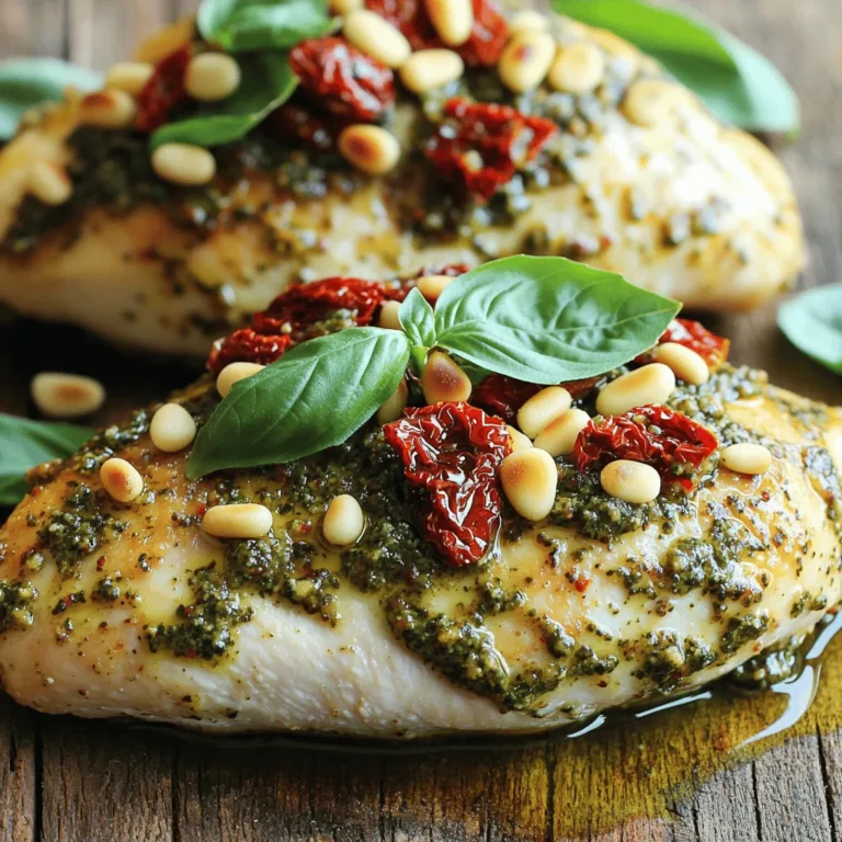 - 2 large chicken breasts - 1/2 cup sun-dried tomatoes in oil, drained and chopped - 1/3 cup fresh basil leaves, packed - 1/4 cup grated Parmesan cheese - 1/4 cup pine nuts, toasted - 2 cloves garlic, minced - 1/3 cup extra virgin olive oil - Salt and pepper to taste - Fresh basil for garnish These ingredients come together to make a tasty Sun-Dried Tomato Pesto Chicken. Each one plays a key role in building flavor and texture. The chicken breasts are the main part, juicy and tender. Sun-dried tomatoes add a rich, tangy taste. Fresh basil gives a bright touch. Grated Parmesan cheese adds a nice, salty bite. Pine nuts bring a little crunch and nuttiness. Garlic gives depth to the dish. Olive oil helps blend the pesto and keeps the chicken moist. Salt and pepper are simple but very important for seasoning. You can garnish with fresh basil for a lovely finish. For the full recipe, check out the details that guide you through each step of this delicious dish! To start, you need to make the pesto. In your food processor, combine these ingredients: - 1/2 cup sun-dried tomatoes in oil, drained and chopped - 1/3 cup fresh basil leaves, packed - 1/4 cup grated Parmesan cheese - 1/4 cup pine nuts, toasted - 2 cloves garlic, minced Pulse the mixture until it is coarsely chopped. This creates a flavorful base for your chicken. Next, with the processor running, slowly add 1/3 cup extra virgin olive oil. This step helps to make the pesto smooth. Taste it and add salt and pepper as needed. Adjust this to fit your flavor preferences. Now it's time to get your chicken ready. First, season the two large chicken breasts with salt and pepper on both sides. This adds flavor to the meat. While you season, preheat your oven to 375°F (190°C). This ensures that the oven is hot when you're ready to bake the chicken. Heat a large oven-safe skillet over medium heat. Add a drizzle of olive oil. Once the oil is hot, place the seasoned chicken breasts in the skillet. Sear each side for about 4-5 minutes until they turn golden brown. This gives the chicken a nice crust. After searing, remove the skillet from the heat. Use a spatula to spread the sun-dried tomato pesto generously over the tops of the chicken breasts. Make sure to cover them well for maximum flavor. Now, transfer the skillet to the preheated oven. Bake for 20-25 minutes. The chicken is done when it reaches an internal temperature of 165°F (75°C). Once finished, take the skillet out and let the chicken rest for 5 minutes. This step keeps the chicken juicy. Garnish with fresh basil before serving. Enjoy your delicious sun-dried tomato pesto chicken! For the full recipe, check the instructions above. To make sure your chicken is perfect, timing is key. Cook the chicken for about 20-25 minutes in the oven. A good rule is to sear it for 4-5 minutes per side first. Always check the internal temperature to ensure it’s safe to eat. Use a meat thermometer to check for 165°F (75°C). This way, you avoid undercooking or overcooking your chicken. If you can’t find sun-dried tomatoes, don’t worry! You can use roasted red peppers instead. They add a nice flavor and color. You can also spice up your pesto by adding red pepper flakes or lemon zest. These small changes can make your dish even more exciting. Experiment with different herbs too, like parsley or cilantro, for new tastes. For sides, I love pairing this chicken with garlic bread or roasted vegetables. A fresh salad with lemon dressing complements the dish well too. You can also serve it over pasta or rice for a heartier meal. These sides balance the rich flavors of the pesto and make your meal even more enjoyable. {{image_2}} You can switch the chicken for turkey or pork. Turkey gives a lighter taste. Pork adds a rich flavor. Both options work well with the pesto. For vegetarian options, try using eggplant or zucchini. They soak up the pesto's flavor beautifully. Feel free to add nuts or seeds for more crunch. Walnuts or sunflower seeds can add a unique twist. You can also use different herbs. Try cilantro or parsley for a fresh taste. Mixing in some spinach can boost the nutrients too. Grilling the chicken gives it a nice smoky flavor. It takes less time and adds a great texture. Baking is another easy method. It keeps the chicken juicy and tender. If you're short on time, use an Instant Pot. It cooks the chicken quickly while keeping it moist. To store leftovers, place the chicken in an airtight container. This keeps it fresh. You can also cover it tightly with plastic wrap. Store it in the fridge for up to 3 days. After that, the quality may drop. You can freeze the pesto for a longer shelf life. Place it in an airtight container or freezer bag. Make sure to leave some space for expansion. The pesto can last up to 3 months in the freezer. When you want to use it, transfer it to the fridge to thaw overnight. This helps maintain the flavor and texture. Reheat chicken gently to keep it moist. The best methods are in the oven or on the stove. For the oven, set it to 350°F (175°C) and cover the chicken with foil. Heat for about 15-20 minutes. On the stove, use medium heat in a skillet. Add a splash of water or broth to help it steam. This keeps the chicken juicy and tasty. Can I use dried basil instead of fresh? Yes, you can use dried basil. Use about one-third of the amount of fresh basil. Dried herbs are stronger, so less is better. What can I use instead of pine nuts? You can use walnuts or sunflower seeds. Both will add a nice crunch and flavor. Just toast them lightly for more taste. How do I know when the chicken is done? Check the chicken's internal temperature. It should be 165°F (75°C). You can also cut into it; the juices should run clear. What if I don’t have a food processor? If you don't have a food processor, use a blender. You can also chop ingredients finely by hand. It will take longer, but it works. Can I double the recipe? Yes, you can double the recipe. Just make sure your skillet is large enough. You may need to adjust cooking time slightly. What are the nutrition facts per serving? Each serving has about 350 calories, 30g of protein, and 25g of fat. It is a tasty and filling meal option. For the full recipe, check the details above. This recipe showcases easy steps to create delicious chicken with pesto. You learned about the key ingredients, like fresh basil and sun-dried tomatoes. The cooking process keeps your chicken moist and flavorful. With simple tips and variations, you can customize this dish to your taste. Remember to store any leftovers properly to enjoy later. Now, go ahead and impress your family with this tasty meal!