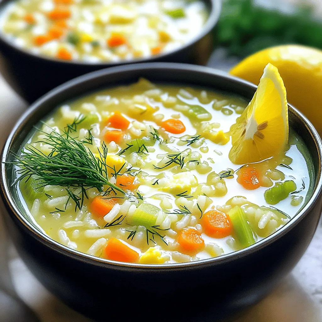 To make a delightful Greek Lemon Rice Soup, you need a few simple ingredients. Each one adds flavor and comfort to the dish. Here’s what you’ll need: - 1 cup long-grain rice - 8 cups vegetable broth - 2 tablespoons olive oil - 1 medium onion, finely chopped - 2 garlic cloves, minced - 2 large carrots, diced - 2 celery stalks, diced - 1 large lemon, juiced and zested - 2 large eggs - Salt and pepper to taste - Fresh dill or parsley for garnish These ingredients create a balance of flavors. The long-grain rice gives the soup a nice texture. The vegetable broth makes it rich and hearty. Olive oil adds a touch of smoothness, while onion and garlic bring warmth. Carrots and celery provide sweetness and crunch. The star of this soup is the lemon. Its bright flavor lifts the dish. The eggs add creaminess and help thicken the soup. Finally, the fresh herbs make it all shine. For the full recipe, follow the special steps to create this comforting dish. To start, I heat olive oil in a large pot over medium heat. I add finely chopped onion and sauté it until it turns soft and clear, about five minutes. Then, I mix in minced garlic and let it cook for one to two more minutes. The aroma fills the kitchen and makes my mouth water! Next, I add diced carrots and celery. I let these cook for another three to four minutes until they soften a bit. Once the veggies are ready, I pour in eight cups of vegetable broth and bring it to a boil. This broth is the heart of the soup. After it boils, I add one cup of long-grain rice, and reduce the heat to a gentle simmer. I let it cook for about 15 to 20 minutes, or until the rice is tender and fluffy. The rice should soak up all that rich flavor from the broth. Now comes the fun part! In a separate bowl, I whisk together two large eggs, the juice of one lemon, and the lemon zest. This mixture adds a bright, tangy flavor. To avoid scrambling the eggs, I need to temper them. I scoop a few spoonfuls of hot soup into the egg-lemon mix while whisking. This step is key! Then, I slowly pour the tempered mix back into the pot, stirring continuously. I let it cook for two to three more minutes until the soup thickens just a bit. To finish, I taste the soup and adjust the seasoning with salt and pepper. This step is crucial for bringing out the flavors. I then remove the pot from heat and let it sit for a few minutes. For serving, I ladle the soup into deep bowls. I love to garnish each bowl with fresh dill or parsley and add an extra lemon wedge on the side. This not only looks pretty but adds a fresh touch to each bite. For the full recipe, check out the detailed instructions! - Preventing scrambled eggs in the soup: When you add the egg mixture, do it slowly. Whisk the eggs with lemon juice first. Then, add a bit of hot soup to the eggs while whisking. This warms the eggs gently. It stops them from scrambling when you add them to the pot. - Not overcooking the rice: Keep an eye on the rice while it simmers. Overcooked rice can make your soup mushy. The rice should be tender but still hold its shape. Aim for about 15-20 minutes of cooking time. - Recommendations for additional herbs and spices: Fresh herbs like dill or parsley add great flavor. You can also try adding thyme or basil for a twist. A pinch of red pepper flakes gives a nice kick if you like heat. - Adjusting acidity with lemon juice: Taste your soup before serving. If it needs more brightness, add a bit more lemon juice. This brightens flavors and enhances the dish's freshness. - Best pot or pan to use: A large pot works best for this soup. It allows for even cooking and enough space for stirring. A heavy-bottomed pot helps prevent burning and sticking. - Essential kitchen tools for preparation: You’ll need a good whisk for mixing the eggs and lemon. A sharp knife helps with chopping veggies. A ladle is great for serving the soup. Have these tools ready for a smooth cooking process. For the full recipe, please refer to the Full Recipe section. {{image_2}} You can add protein to Greek lemon rice soup for a heartier meal. - Adding chicken or turkey: Cooked chicken or turkey adds flavor and texture. Simply shred or chop the meat and stir it in after cooking the rice. This gives you a rich, comforting bowl. - Vegetarian protein options: For a meatless option, use chickpeas or white beans. Both add protein and create a satisfying dish. Toss them in at the same time as the rice to warm them up. Changing up the vegetables can bring new flavors to your soup. - Other vegetables to include for flavor: Think about adding spinach or kale. These greens add color and nutrients. You can also try bell peppers or zucchini for extra crunch and taste. - Seasonal ingredient swaps: Use seasonal veggies to keep things fresh. In summer, add fresh corn or tomatoes. In winter, root vegetables like parsnips or turnips can work well. Not just rice! You can experiment with grains for different flavors. - Exploring other types of rice: Try jasmine or basmati rice for a fragrant twist. Short-grain rice can give a creamier texture, which is lovely. - Quinoa as an alternative: Quinoa is a great substitute for rice. It cooks quickly and adds a nutty flavor. Just rinse it before cooking and use it in the same way as rice in this recipe. For the full recipe, check out the detailed steps in the previous sections. To keep your Greek Lemon Rice Soup fresh, use proper containers. Glass containers or BPA-free plastic containers work well. Make sure they are airtight to keep the soup from drying out. Store the soup in the fridge for up to four days. If you want to keep it longer, you can freeze it. It will stay good in the freezer for about three months. When reheating your soup, use the stove for the best results. Pour the soup into a pot and heat it on low to medium heat. Stir it often to prevent sticking. If you prefer using a microwave, place the soup in a safe bowl and cover it. Heat in short intervals, stirring in between. To maintain the soup's texture, you might want to add a splash of broth or water. This helps keep it from becoming too thick. Enjoy your comforting bowl of soup, warmed to perfection! Greek Lemon Rice Soup, also called Avgolemono, is a warm bowl of comfort. It combines rice, lemon, and eggs in a rich broth. This dish is famous in Greek culture and often served when someone is sick. It warms your body and soul, making it a favorite for families. You can enjoy it at any meal. The bright lemon flavor makes this soup stand out. Yes, you can easily make this soup vegan! Instead of eggs, you can use silken tofu blended with lemon juice. This gives a creamy texture without the eggs. For broth, use vegetable broth instead of chicken broth. Make sure to use plant-based butter or olive oil for cooking. This way, you can keep the rich flavor while making it vegan-friendly. To thicken the soup, you have a few options. One way is to add more rice and cook it longer. The rice will absorb the broth and make the soup thicker. Another method is to blend a portion of the soup and mix it back in. This gives a creamy texture without changing the flavor. You can also add a cornstarch slurry for quick thickening. Just mix cornstarch with cold water and stir it in while cooking. This blog post shared a simple way to make Greek Lemon Rice Soup. We discussed the key ingredients like rice, broth, and fresh herbs. I walked you through the steps, from sautéing vegetables to adding the egg-lemon mix. Remember to avoid common mistakes, like overcooking rice. You can also try different proteins or grains to change it up. With easy storage and reheating tips, enjoy this warm dish anytime. Dive in and taste the bright flavors of this classic soup!