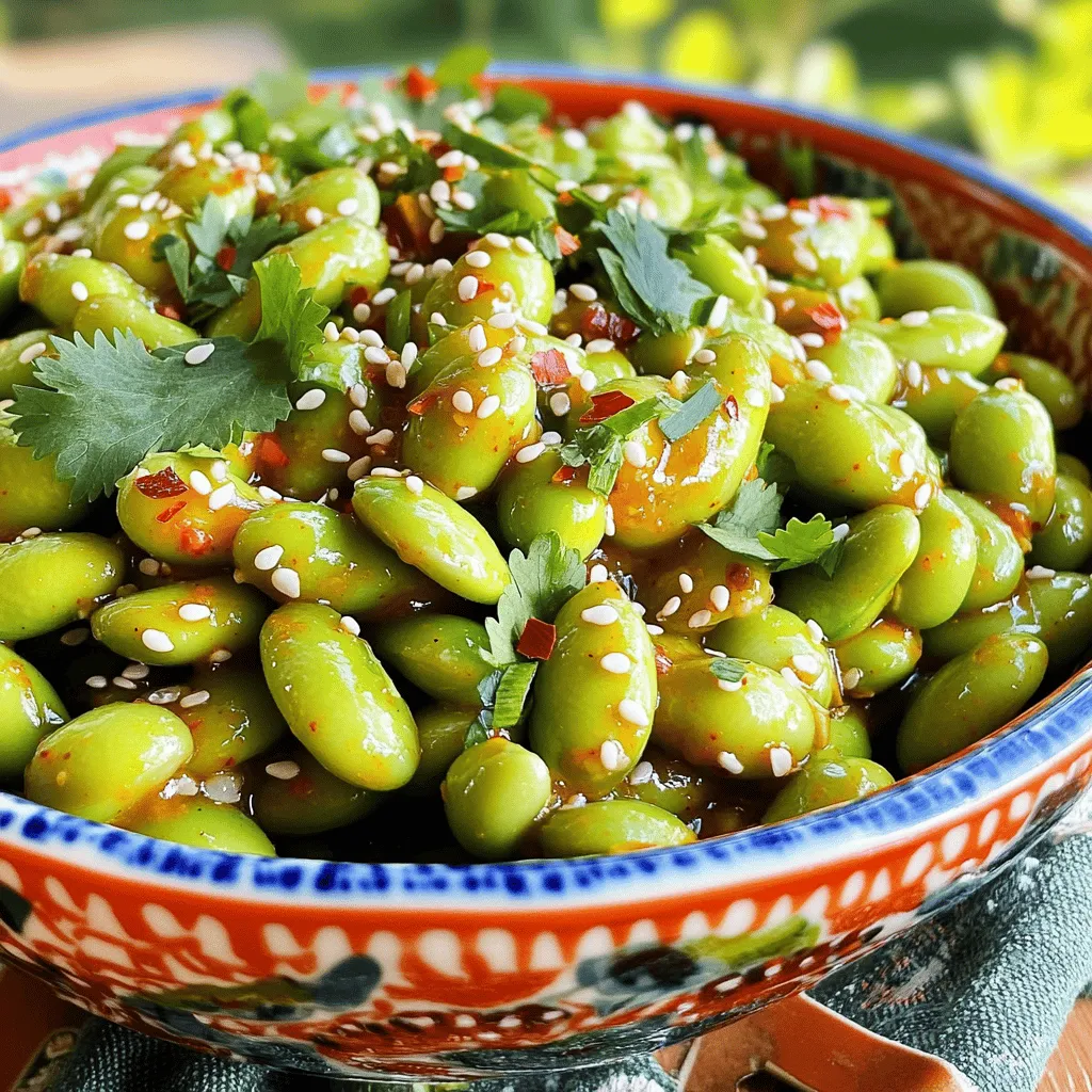 To make Sweet Chili Garlic Edamame, you need simple and fresh ingredients. Here is the list of what you will need: - 2 cups shelled edamame (fresh or frozen) - 3 tablespoons sweet chili sauce - 2 cloves garlic, minced - 1 tablespoon soy sauce - 1 teaspoon sesame oil - 1 teaspoon rice vinegar - 1 tablespoon olive oil - 1/2 teaspoon red pepper flakes (adjust for spice preference) - 1 tablespoon sesame seeds (for garnish) - Fresh cilantro or green onions for garnish This recipe uses edamame, a protein-rich snack. You can use fresh or frozen edamame. If using frozen, just cook it according to package instructions. The sweet chili sauce gives a nice flavor, while garlic adds depth. Soy sauce and sesame oil bring umami and richness. Red pepper flakes add the right amount of heat. Garnishing with sesame seeds and fresh herbs makes your dish pop! Each ingredient works together to create a balanced and tasty treat. For complete preparation steps, check the Full Recipe. First, take your frozen edamame. Cook it according to the package instructions. This usually means boiling or steaming for about 5 minutes. They should be tender when done. After cooking, drain the edamame and set it aside. This step is easy and quick! Now, let’s make the garlic sauce. In a small bowl, mix together sweet chili sauce, minced garlic, soy sauce, sesame oil, rice vinegar, and red pepper flakes. Stir until everything is well combined. This sauce adds flavor and a little heat to your dish. Next, heat olive oil in a large skillet over medium heat. Add your cooked edamame to the skillet. Sauté them for 2-3 minutes until they are heated through and slightly crispy. This adds a nice texture! Then, pour the garlic sauce over the edamame. Stir well to coat all the edamame. Cook for another 2-3 minutes, stirring occasionally. You want the sauce to thicken slightly. Once done, remove the skillet from heat. Transfer the edamame to a serving bowl. Sprinkle sesame seeds on top. You can also add fresh cilantro or sliced green onions for color and taste. Enjoy your flavorful Sweet Chili Garlic Edamame! For the full recipe, check out the earlier sections. You can cook edamame in three ways: boiling, steaming, or microwaving. - Boiling: This method is quick. Bring water to a boil, add edamame, and cook for 3-5 minutes. Drain and set aside. - Steaming: Steaming keeps more flavor. Place edamame in a steamer basket over boiling water. Steam for about 5 minutes. - Microwaving: This is the fastest way. Place edamame in a bowl with a bit of water. Cover and microwave for 3-4 minutes. Each method works well, so choose the one you like best. To adjust the heat in your dish, use red pepper flakes. You can increase or decrease the amount based on your taste. - For mild spice, use 1/4 teaspoon. - For medium heat, stick to 1/2 teaspoon. - For a fiery kick, add 1 teaspoon or more. Start small, and taste as you go to find your perfect balance. Adding extra ingredients can boost the taste of your edamame. Here are some ideas: - Lime Juice: A squeeze of lime adds a fresh zing. - Ginger: Fresh ginger gives a warm, spicy note. - Green Onions: Chopped green onions add crunch and color. Feel free to mix and match these flavors to make your dish even more exciting. For the complete guide, check out the Full Recipe. {{image_2}} You can switch up the sauce for your Sweet Chili Garlic Edamame. Try using teriyaki sauce for a sweet and savory taste. Hoisin sauce adds a rich flavor that pairs well with edamame. You can even mix these sauces together for a unique twist. Just make sure to keep the balance of flavors in mind. Adding veggies can make your edamame even healthier. Bell peppers add a nice crunch and bright color. Snap peas bring a sweet taste and extra fiber. You can sauté these with the edamame for a quick, nutritious boost. Just chop them into small pieces and add them to the skillet during cooking. If you're gluten-free, you can use tamari instead of regular soy sauce. This swap keeps the flavor while avoiding gluten. You can also check the sweet chili sauce for gluten-free options. Always read the labels to ensure everything fits your dietary needs. To store leftover Sweet Chili Garlic Edamame, place it in an airtight container. Make sure it cools first to avoid steam build-up. Store it in the fridge for up to three days. When you’re ready to eat, check for freshness before reheating. This way, you keep that great flavor. If you want to save edamame for later, freezing is a great choice. First, cool the cooked edamame completely. Then, spread it out on a baking sheet. Freeze it for about an hour. After that, transfer the edamame to a freezer bag. Remove as much air as possible before sealing. You can keep it in the freezer for up to three months. When reheating your edamame, use a skillet for the best results. Heat it on medium until warm, stirring often. This helps keep the texture nice and prevents it from becoming mushy. You can also microwave it, but be careful not to overcook it. Enjoy your Sweet Chili Garlic Edamame warm, just like when you first made it! For the complete recipe, check the Full Recipe section. Edamame is a great source of protein. It has around 17 grams of protein per cup. This makes it a smart choice for vegetarians and vegans. Edamame also contains fiber, which aids digestion. Each cup has about 8 grams of fiber. It is rich in vitamins and minerals too. You get vitamins A, C, and K, along with iron and calcium. Edamame is low in calories, making it a healthy snack option. This green bean is also high in antioxidants, which help fight free radicals. Overall, edamame packs a nutritious punch that benefits your health. Yes, you can make Sweet Chili Garlic Edamame ahead of time. It’s a great dish for meal prep. Cook the edamame and sauce as directed. After cooking, let it cool down completely. Store it in an airtight container in the fridge. It will stay fresh for up to three days. When you’re ready to eat, simply reheat it on the stove. Add a splash of water to keep it moist. You can also microwave it in a bowl with a cover. Just warm it for a minute or two. This makes it easy to enjoy a tasty snack or side dish anytime. Sweet Chili Garlic Edamame pairs well with many dishes. It makes a great appetizer or side. Try serving it with sushi rolls for a fun meal. It also goes well with rice bowls or stir-fries. You can add it to salads for extra flavor and crunch. If you want a light meal, serve it with grilled chicken or fish. For a vegetarian option, pair it with tofu or tempeh. Edamame's sweet and spicy flavor enhances many meals. Enjoy mixing and matching to find your favorite pairings. Sweet Chili Garlic Edamame is a quick and tasty dish. We explored ingredients, steps, and valuable tips to make it right. Keeping flavor and spice levels in mind enhances the experience. You can also try variations and storage ideas to enjoy it longer. This dish is healthy and simple, making it a great snack or side. Now you know how to prepare and customize it. Enjoy making your edamame unique and delicious!