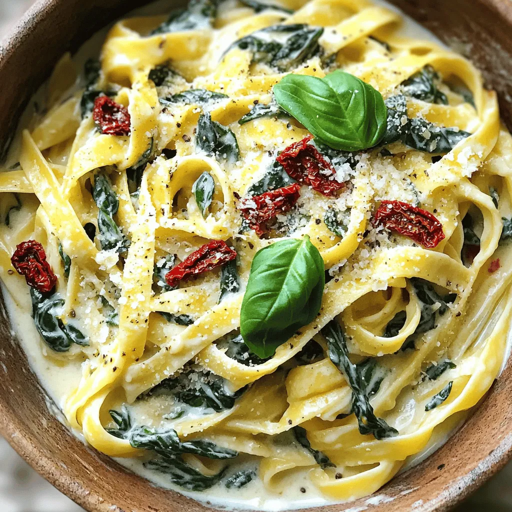 - 8 oz (225 g) pasta (fettuccine or penne) - 1 cup fresh spinach, chopped - 1/2 cup sun-dried tomatoes, sliced - 1 cup heavy cream - 1/2 cup grated Parmesan cheese - 2 tablespoons olive oil - 2 cloves garlic, minced - 1/4 teaspoon red pepper flakes (optional) - Salt and black pepper to taste - Fresh basil for garnish - Extra Parmesan cheese Let’s dive into the delicious ingredients that make Creamy Spinach Sun Dried Tomato Pasta a true delight. First, you need to choose your pasta. Fettuccine or penne works best, but any pasta you love will do. The creamy sauce clings nicely to these shapes. The star of this dish is the fresh spinach. I love the vibrant green color and the nutrients it brings. The sun-dried tomatoes add a sweet and tangy punch. Their rich flavor pairs well with the cream. Next, we have heavy cream. It turns this dish into a creamy dream. The Parmesan cheese adds a salty, nutty depth. Together, they create a luxurious sauce that will coat your pasta beautifully. Don't forget the olive oil and garlic! They build the base flavor. Garlic adds warmth, while olive oil gives richness. The red pepper flakes are optional but can add a nice kick. Lastly, for garnish, fresh basil and extra Parmesan make your dish pop. They add color and a burst of flavor! This mix of ingredients is what makes this recipe shine. You can find the full recipe to make this delightful dish and impress your family and friends. - Boil a large pot of salted water. - Add pasta and cook until al dente. - Drain the pasta and save about 1/2 cup of the cooking water. - In a skillet, heat olive oil over medium heat. - Add minced garlic and cook for 1 minute. - Add chopped spinach and stir until wilted. - Mix in sun-dried tomatoes and cook for 2 more minutes. - Reduce heat to low and pour in heavy cream. - Stir in grated Parmesan until smooth. - Season the sauce with red pepper flakes, salt, and black pepper. - Toss the cooked pasta in the cream sauce. - If the sauce is thick, add reserved pasta water slowly. - Plate the creamy pasta. - Add fresh basil and a drizzle of olive oil on top. - Enjoy your Creamy Spinach Sun Dried Tomato Pasta Delight! For the full recipe, check out Creamy Spinach & Sun-Dried Tomato Pasta. - Use fettuccine or penne for the best texture. - Boil pasta until it is al dente; this keeps it firm. - Always save some pasta water to help with the sauce. - Add pasta water to adjust the sauce’s thickness. - To prevent curdling, stir the cream gently and keep the heat low. - Mixing the cheese in slowly helps keep the sauce smooth. - Serve the creamy pasta in a big bowl for a fun look. - Top with extra Parmesan and a sprinkle of fresh basil for color. - Pair with a light white wine for a nice touch. - A side of garlic bread complements the dish well. For the full recipe, check the details above. Enjoy your cooking! {{image_2}} You have options if you follow a special diet. For gluten-free needs, try gluten-free pasta. Many brands offer great choices that taste good. They cook just like regular pasta. If you want a vegan version, use cashew cream. Blend soaked cashews with water until smooth. Add nutritional yeast for a cheesy flavor. This makes a creamy sauce without dairy. Boost flavors by adding protein. You can use cooked chicken, shrimp, or tofu. These add great taste and texture. Just cook them separately, then mix them in. You can also add more veggies. Peas, mushrooms, or artichokes work well. They add color and nutrition. Sauté them with garlic and spinach for extra flavor. Switch up the cheese for new tastes. Goat cheese adds a tangy touch. Mozzarella gives a creamy melt. Try using either in your sauce for a different twist. To lighten the dish, swap heavy cream for half-and-half or coconut milk. These options reduce fat but keep it creamy. Experiment to find your favorite version. You can find the Full Recipe to make this dish your own! To store your creamy spinach sun-dried tomato pasta, let it cool first. This helps keep moisture out. Place the pasta in an airtight container. It can last in the fridge for about 3 to 4 days. Remember to label the container with the date. This way, you can track how long it has been stored. You can freeze this pasta dish too. Start by letting it cool completely. Then, transfer it to a freezer-safe container. The pasta can stay fresh for up to 3 months in the freezer. When you are ready to eat, thaw the pasta overnight in the fridge. To reheat, warm it gently on the stove. This will help keep the flavors intact. You can add a splash of cream or broth to help with dryness. To reheat your pasta evenly, use a skillet on low heat. Stir often to prevent sticking. If the sauce gets too thick, add some reserved pasta water. This will help bring back its creamy texture. Enjoy your leftovers just as much as the first time! I recommend fettuccine or penne for this dish. Fettuccine holds the sauce well with its wide shape. Penne, with its tubes, catches bits of the creamy sauce inside. Both options cook nicely in boiling salted water. Make sure to cook until al dente for the best texture. Yes, you can prepare this dish ahead of time. Just follow the full recipe and let it cool. Store the pasta in an airtight container in the fridge. You can keep it for up to three days. When ready to eat, reheat it gently in a pan. Add a splash of water or cream to help loosen the sauce. Absolutely! This creamy pasta is perfect for meal prep. To store, let it cool first, then divide into portions. Use airtight containers to keep it fresh. When ready to eat, just reheat in the microwave or on the stove. For best results, add a little extra cream or water when reheating. You can easily change the spice level. To increase heat, add more red pepper flakes. Start with a pinch and taste as you go. If you want less spice, simply leave out the red pepper flakes. You can also add a dollop of sour cream to cool it down. Yes, there are several good alternatives to heavy cream. For a lighter option, use half-and-half. You could also use coconut milk for a dairy-free version. Another option is cashew cream, made by blending soaked cashews with water. Each choice will give a unique taste while keeping the dish creamy. This recipe shows how to make Creamy Spinach Sun-Dried Tomato Pasta easily. You start by cooking pasta, then create a creamy sauce with fresh ingredients. You can choose different pasta or add proteins for variety. Remember, leftover pasta can be stored and reheated well. Enjoy your creamy dish with fresh garnishes for a beautiful finish. Cooking is fun, and this dish is sure to impress!