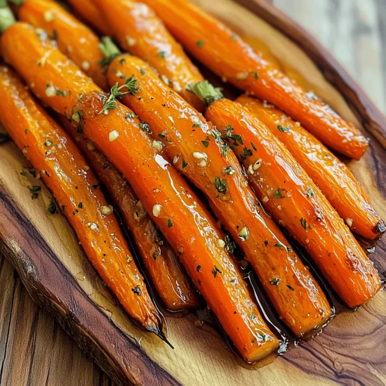 To make honey garlic roasted carrots, you need a few key items. Here’s what you will need: - 1 pound baby carrots, peeled - 3 tablespoons honey - 2 tablespoons olive oil - 4 cloves garlic, minced - 1 teaspoon fresh thyme leaves (or ½ teaspoon dried thyme) - Salt and pepper to taste - Fresh parsley for garnish (optional) These ingredients give the dish a sweet and savory flavor. The honey adds a natural sweetness, while the garlic brings a nice kick. You can add more ingredients if you want to boost the taste. Here are some ideas: - A splash of lemon juice for brightness - A pinch of red pepper flakes for heat - Chopped nuts like walnuts or pecans for crunch - Other herbs like rosemary or dill for a different twist These extras can make your dish stand out even more. Choosing the right carrots is key for great taste. Here are some tips to help you pick the best ones: - Look for bright orange color; this shows freshness. - Choose firm carrots without soft spots or blemishes. - If you can, buy organic carrots. They often taste better and are more flavorful. Fresh, quality carrots will make your honey garlic roasted carrots shine. You can find the full recipe for this dish in the article. Start by washing the baby carrots. You want them clean and bright. Peel them to remove any dirt. You can use larger carrots if you prefer, but baby carrots are sweet and tender. Cut larger ones into even pieces. This way, they cook evenly. Place the carrots in a large bowl. In a separate bowl, mix honey, olive oil, and minced garlic. Add thyme, salt, and pepper to taste. Use a whisk to blend it all together. You want a smooth sauce. The garlic should be well-distributed. This mix gives the carrots a sweet and savory flavor. You will love how it smells! Preheat your oven to 400°F (200°C). Spread the carrots on a parchment-lined baking sheet. Make sure they are in a single layer. Pour the honey garlic sauce over the carrots. Toss them gently to coat each carrot well. Roast them in the oven for 25-30 minutes. Halfway through, toss the carrots again. This helps them caramelize nicely. When they are tender and golden, they are ready! Let them cool for a few minutes before serving. You can sprinkle fresh parsley on top for extra color. Enjoy your delicious honey garlic roasted carrots! For the full recipe, check out the details above. Roasting carrots is easy. Start with fresh, young carrots for the best taste. Choose ones that are firm and bright in color. Peel them to get rid of any dirt or blemishes. Cut them into even sizes. This helps them cook at the same rate. Spread them out on the baking sheet. If they are too crowded, they will steam instead of roast. Caramelization makes carrots sweet and tasty. To get this, use a hot oven, around 400°F (200°C). Coat the carrots in honey and olive oil. This mixture helps them brown nicely. Toss the carrots halfway through roasting. This allows all sides to caramelize evenly. Keep an eye on them towards the end. They should be tender and golden brown. Avoid using old or wilted carrots. They do not taste good when roasted. Don't skip the oil or honey; both are key for flavor and texture. Be careful not to overcrowd the baking sheet. If you do, the carrots won’t caramelize. Allow them to cool for a few minutes before serving. This helps the flavors settle. For more detailed steps, check out the Full Recipe. {{image_2}} You can swap out honey for different sweeteners. Maple syrup stands out as a great choice. It adds a rich flavor. Agave nectar is another option. It has a mild taste and works well. Brown sugar offers a deep sweetness and enhances the caramelization. You can even try coconut sugar for a unique twist. Each sweetener gives a different taste, so feel free to experiment! Adding extra ingredients can make your carrots even better. Fresh herbs like rosemary or dill add a bright taste. You can also mix in a splash of balsamic vinegar for tanginess. A sprinkle of lemon zest brightens the dish, too. If you like nuts, try adding chopped walnuts or pecans for crunch. Each of these options can make your honey garlic roasted carrots exciting and new. If you want some heat, add red pepper flakes to your honey garlic mix. Start with a pinch, then taste it. You can always add more if you like. Another way to spice it up is by mixing in a dash of hot sauce. This adds a different flavor and a kick to the dish. A spicy version is great for those who love bold flavors. After enjoying your honey garlic roasted carrots, store any leftovers properly. Place the cooled carrots in an airtight container. Make sure they are dry to avoid sogginess. Store them in the fridge for up to four days. This keeps their taste fresh and delicious. When you reheat your leftover carrots, aim for the best taste. You can use the oven or a skillet. If using the oven, preheat it to 350°F (175°C). Place the carrots on a baking sheet and cover them with foil. Heat for about 10-15 minutes until warm. If using a skillet, add a little olive oil. Heat on medium, stirring until warmed through. This will help keep their flavors intact. Freezing honey garlic roasted carrots is simple if you plan ahead. First, let the carrots cool completely. Then, place them in a freezer-safe bag. Remove as much air as possible to prevent freezer burn. Label the bag with the date. You can freeze them for up to three months. When you're ready to eat, thaw them overnight in the fridge. Reheat as described above for the best flavor. For the full recipe, refer back to the main section. Yes, you can use many other vegetables. Try using sweet potatoes, parsnips, or bell peppers. These veggies work well with the honey garlic sauce. Each one gives a unique flavor. Just cut them into similar sizes as the carrots. This way, they cook evenly. To make this recipe vegan, replace honey with maple syrup or agave. Both options add sweetness without using animal products. The flavors will still shine through in the dish. Just use the same amount as the honey in the recipe. Serve honey garlic roasted carrots warm. They pair well with many dishes. Try them with roasted chicken or grilled steak. You can also add them to a salad for a fresh crunch. For a pop of color, sprinkle fresh parsley on top before serving. This brings a lovely look to your plate. For full details, check the Full Recipe. You learned how to make honey garlic roasted carrots that are both tasty and easy. We covered essential and optional ingredients and shared tips for picking the best carrots. The roasting steps help you get great results, and our tips ensure perfect caramelization while avoiding common mistakes. Variations let you change the flavor to fit your taste. Lastly, we talked about storing leftovers to keep them fresh. Enjoy your sweet, savory dish. Share it with friends and make every meal better with this simple recipe!