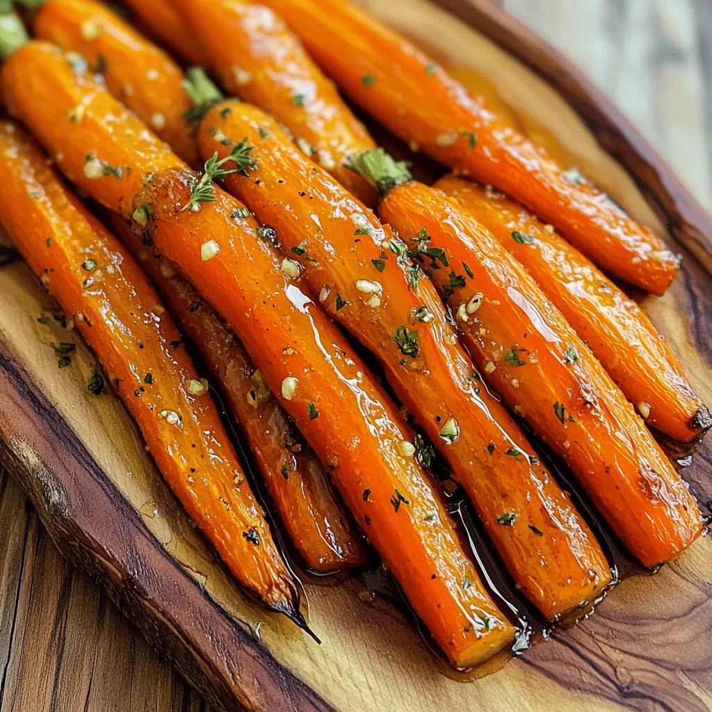 To make honey garlic roasted carrots, you need a few key items. Here’s what you will need: - 1 pound baby carrots, peeled - 3 tablespoons honey - 2 tablespoons olive oil - 4 cloves garlic, minced - 1 teaspoon fresh thyme leaves (or ½ teaspoon dried thyme) - Salt and pepper to taste - Fresh parsley for garnish (optional) These ingredients give the dish a sweet and savory flavor. The honey adds a natural sweetness, while the garlic brings a nice kick. You can add more ingredients if you want to boost the taste. Here are some ideas: - A splash of lemon juice for brightness - A pinch of red pepper flakes for heat - Chopped nuts like walnuts or pecans for crunch - Other herbs like rosemary or dill for a different twist These extras can make your dish stand out even more. Choosing the right carrots is key for great taste. Here are some tips to help you pick the best ones: - Look for bright orange color; this shows freshness. - Choose firm carrots without soft spots or blemishes. - If you can, buy organic carrots. They often taste better and are more flavorful. Fresh, quality carrots will make your honey garlic roasted carrots shine. You can find the full recipe for this dish in the article. Start by washing the baby carrots. You want them clean and bright. Peel them to remove any dirt. You can use larger carrots if you prefer, but baby carrots are sweet and tender. Cut larger ones into even pieces. This way, they cook evenly. Place the carrots in a large bowl. In a separate bowl, mix honey, olive oil, and minced garlic. Add thyme, salt, and pepper to taste. Use a whisk to blend it all together. You want a smooth sauce. The garlic should be well-distributed. This mix gives the carrots a sweet and savory flavor. You will love how it smells! Preheat your oven to 400°F (200°C). Spread the carrots on a parchment-lined baking sheet. Make sure they are in a single layer. Pour the honey garlic sauce over the carrots. Toss them gently to coat each carrot well. Roast them in the oven for 25-30 minutes. Halfway through, toss the carrots again. This helps them caramelize nicely. When they are tender and golden, they are ready! Let them cool for a few minutes before serving. You can sprinkle fresh parsley on top for extra color. Enjoy your delicious honey garlic roasted carrots! For the full recipe, check out the details above. Roasting carrots is easy. Start with fresh, young carrots for the best taste. Choose ones that are firm and bright in color. Peel them to get rid of any dirt or blemishes. Cut them into even sizes. This helps them cook at the same rate. Spread them out on the baking sheet. If they are too crowded, they will steam instead of roast. Caramelization makes carrots sweet and tasty. To get this, use a hot oven, around 400°F (200°C). Coat the carrots in honey and olive oil. This mixture helps them brown nicely. Toss the carrots halfway through roasting. This allows all sides to caramelize evenly. Keep an eye on them towards the end. They should be tender and golden brown. Avoid using old or wilted carrots. They do not taste good when roasted. Don't skip the oil or honey; both are key for flavor and texture. Be careful not to overcrowd the baking sheet. If you do, the carrots won’t caramelize. Allow them to cool for a few minutes before serving. This helps the flavors settle. For more detailed steps, check out the Full Recipe. {{image_2}} You can swap out honey for different sweeteners. Maple syrup stands out as a great choice. It adds a rich flavor. Agave nectar is another option. It has a mild taste and works well. Brown sugar offers a deep sweetness and enhances the caramelization. You can even try coconut sugar for a unique twist. Each sweetener gives a different taste, so feel free to experiment! Adding extra ingredients can make your carrots even better. Fresh herbs like rosemary or dill add a bright taste. You can also mix in a splash of balsamic vinegar for tanginess. A sprinkle of lemon zest brightens the dish, too. If you like nuts, try adding chopped walnuts or pecans for crunch. Each of these options can make your honey garlic roasted carrots exciting and new. If you want some heat, add red pepper flakes to your honey garlic mix. Start with a pinch, then taste it. You can always add more if you like. Another way to spice it up is by mixing in a dash of hot sauce. This adds a different flavor and a kick to the dish. A spicy version is great for those who love bold flavors. After enjoying your honey garlic roasted carrots, store any leftovers properly. Place the cooled carrots in an airtight container. Make sure they are dry to avoid sogginess. Store them in the fridge for up to four days. This keeps their taste fresh and delicious. When you reheat your leftover carrots, aim for the best taste. You can use the oven or a skillet. If using the oven, preheat it to 350°F (175°C). Place the carrots on a baking sheet and cover them with foil. Heat for about 10-15 minutes until warm. If using a skillet, add a little olive oil. Heat on medium, stirring until warmed through. This will help keep their flavors intact. Freezing honey garlic roasted carrots is simple if you plan ahead. First, let the carrots cool completely. Then, place them in a freezer-safe bag. Remove as much air as possible to prevent freezer burn. Label the bag with the date. You can freeze them for up to three months. When you're ready to eat, thaw them overnight in the fridge. Reheat as described above for the best flavor. For the full recipe, refer back to the main section. Yes, you can use many other vegetables. Try using sweet potatoes, parsnips, or bell peppers. These veggies work well with the honey garlic sauce. Each one gives a unique flavor. Just cut them into similar sizes as the carrots. This way, they cook evenly. To make this recipe vegan, replace honey with maple syrup or agave. Both options add sweetness without using animal products. The flavors will still shine through in the dish. Just use the same amount as the honey in the recipe. Serve honey garlic roasted carrots warm. They pair well with many dishes. Try them with roasted chicken or grilled steak. You can also add them to a salad for a fresh crunch. For a pop of color, sprinkle fresh parsley on top before serving. This brings a lovely look to your plate. For full details, check the Full Recipe. You learned how to make honey garlic roasted carrots that are both tasty and easy. We covered essential and optional ingredients and shared tips for picking the best carrots. The roasting steps help you get great results, and our tips ensure perfect caramelization while avoiding common mistakes. Variations let you change the flavor to fit your taste. Lastly, we talked about storing leftovers to keep them fresh. Enjoy your sweet, savory dish. Share it with friends and make every meal better with this simple recipe!