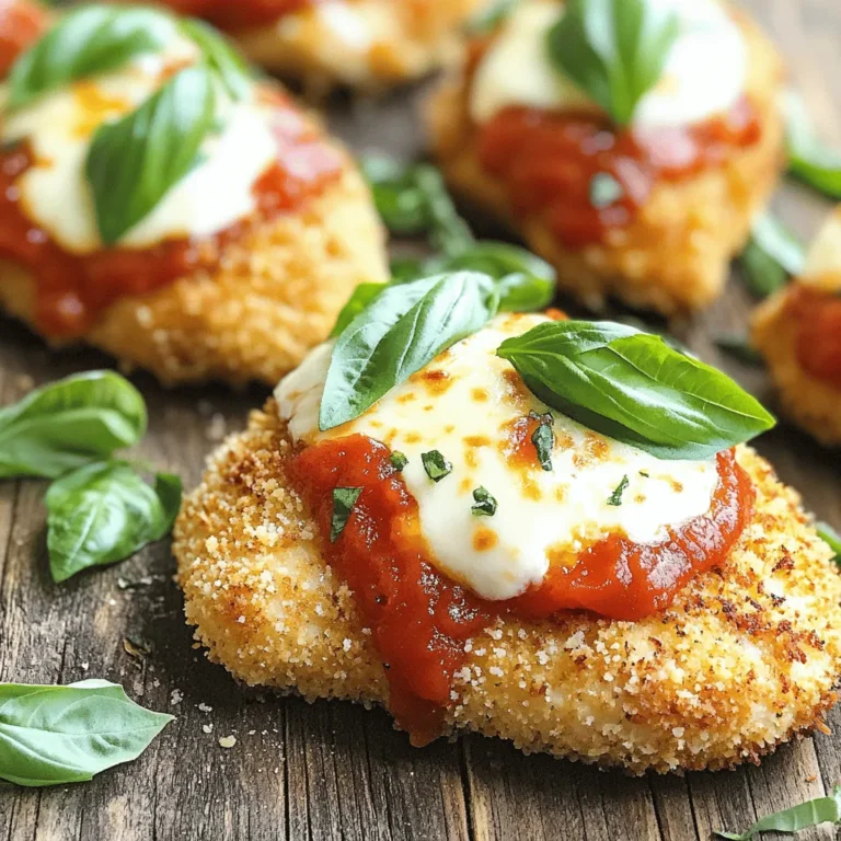 To make Baked Chicken Parmesan, gather these main ingredients: - 4 boneless, skinless chicken breasts - 1 cup breadcrumbs (preferably panko for extra crunch) - 1/2 cup grated Parmesan cheese - 1 teaspoon garlic powder - 1 teaspoon dried oregano - 1 teaspoon dried basil - 1/2 teaspoon salt - 1/2 teaspoon black pepper - 2 large eggs - 1 cup marinara sauce (homemade or store-bought) - 1 1/2 cups shredded mozzarella cheese - Fresh basil leaves for garnish These ingredients create a tasty dish. The chicken stays juicy, while the breading gets crispy. The marinara sauce adds a rich flavor, and mozzarella gives it that gooey texture we love. You can add a few optional ingredients to make it even better: - Red pepper flakes for heat - Fresh garlic for a bolder taste - Spinach or mushrooms for extra veggies - Different cheeses like provolone for variety These extras can change the dish. You can make it spicier or add more depth. Feel free to get creative! When picking ingredients, here are some tips: - Choose fresh chicken breasts. Look for a bright color and no odor. - Use quality breadcrumbs. Panko breadcrumbs give the best crunch. - Pick good marinara sauce. Taste a bit to ensure it’s flavorful. - Go for fresh herbs. They make a big difference in taste. These tips help you select the best ingredients for your Baked Chicken Parmesan. Great ingredients equal great meals! For the complete recipe, check the Full Recipe section. First, preheat your oven to 400°F (200°C). This helps the chicken cook evenly. Next, place the chicken breasts between two sheets of plastic wrap. Use a meat mallet or rolling pin to pound them to 1/2 inch thick. This makes the chicken tender and helps it cook faster. Now, set up your breading station. In a shallow dish, mix breadcrumbs, Parmesan cheese, garlic powder, oregano, basil, salt, and pepper. In another dish, beat the eggs. This will help the coating stick to the chicken. Take each chicken breast and dip it into the eggs. Let any extra egg drip off. Then, dredge the chicken in the breadcrumb mix. Press down to make sure the coating sticks well. Place the breaded chicken breasts on a greased baking sheet. Bake them in the preheated oven for 20 to 25 minutes. The chicken should be cooked through and the coating golden brown. After the first bake, remove the chicken from the oven. Spoon marinara sauce generously over each piece. Then, sprinkle shredded mozzarella cheese on top. This adds that gooey, cheesy goodness we all love. Return the chicken to the oven for another 10 to 12 minutes. You'll know it's done when the cheese is melted and bubbly. Once the chicken is out of the oven, let it rest for a couple of minutes. This helps the juices settle. For a fresh touch, garnish with basil leaves before serving. Your dish is now ready, and it's beautiful! You can find the full recipe at the end of this article. Enjoy every bite! To get that perfect crunch on your chicken, use panko breadcrumbs. They are lighter and crispier than regular breadcrumbs. Mix them with grated Parmesan cheese and seasonings for extra flavor. When you coat the chicken, press down firmly. This helps the crumbs stick better. Bake the chicken on a greased tray to ensure it cooks evenly. Flip the chicken halfway through baking to crisp both sides. One common mistake is not pounding the chicken. If your chicken is uneven, it may cook poorly. Always pound it to an even thickness. Another mistake is skimping on the coating. Make sure to fully coat the chicken in the breadcrumbs. This adds flavor and helps achieve that crunchy texture. Lastly, don’t rush the baking time. If you take it out too soon, the chicken might be undercooked. If you have leftovers, you can get creative. Slice the chicken and add it to pasta for a quick meal. You can also make a sandwich with the chicken and some marinara sauce. For a fun twist, chop the chicken into pieces and toss it on a salad. The flavors blend well, and it makes a great lunch option. Check out the Full Recipe for more ideas. {{image_2}} You can make Baked Chicken Parmesan healthier by swapping some ingredients. Instead of regular breadcrumbs, use whole wheat breadcrumbs. They add fiber and nutrients. For the cheese, try part-skim mozzarella to reduce fat. You can also replace marinara sauce with a low-sugar version. Use fresh herbs like parsley or spinach to boost flavor without adding calories. These swaps make the dish lighter but still tasty. Want to add some zing? Try adding crushed red pepper flakes to the breadcrumb mix. It gives a nice kick. You can also mix in different herbs like thyme or rosemary for new flavors. For a twist, use pesto instead of marinara sauce. It adds a fresh, herby taste and makes it unique. Experimenting with different cheeses, like provolone or fontina, can also elevate your dish. If you need a gluten-free option, use gluten-free breadcrumbs or cornflakes. They work well as a coating and still give that crunchy texture. Almond flour is another great choice for breading. It adds a nutty flavor and keeps the dish gluten-free. Always check labels on sauces to ensure they are gluten-free. These options make Baked Chicken Parmesan friendly for everyone while keeping it delicious. For the complete recipe, check the [Full Recipe]. Store leftovers in an airtight container. Let the chicken cool to room temperature first. Place it in the fridge for up to three days. If you want to keep it longer, consider freezing it. To reheat, preheat your oven to 350°F (175°C). Place the chicken on a baking sheet. Cover it with foil to keep moisture in. Bake for about 20 minutes, or until heated through. You can also use a microwave for faster reheating. Just make sure to cover it to avoid drying out. If you plan to freeze, cool the chicken completely first. Wrap each piece tightly in plastic wrap, then in foil. This helps prevent freezer burn. You can freeze it for up to three months. When ready to eat, thaw it in the fridge overnight before reheating. Enjoy a tasty meal anytime with these simple storage tips! For the full recipe, check out the Baked Chicken Parmesan Bliss . Bake your chicken at 400°F (200°C) for 20-25 minutes. This time gives the chicken a nice, juicy inside and a golden, crunchy outside. Always check the internal temperature. It should reach 165°F (75°C) to be safe to eat. Letting the chicken rest for a few minutes after baking helps keep it juicy. Yes, you can use chicken thighs! They have more fat, which means they stay moist. Adjust the baking time to about 25-30 minutes since thighs can be thicker. Just make sure they reach the same safe internal temperature. Baked Chicken Parmesan goes well with many sides. Here are some ideas: - Spaghetti: Classic and easy. - Garlic Bread: Perfect for scooping up sauce. - Salad: A fresh green salad adds crunch. - Roasted Vegetables: Carrots, zucchini, or broccoli are great choices. You can make this dish ahead of time! Prepare the chicken and bread it. Store it in the fridge for up to a day. Bake it right before serving. This way, you can enjoy fresh, hot Baked Chicken Parmesan without all the work at meal time. For the full recipe, check out the detailed instructions above. In this post, we covered how to make Baked Chicken Parmesan. We looked at key ingredients, how to prepare and bake the dish, and tips for a great crunch. I shared variations for healthy and gluten-free options. You now know how to store and reheat leftovers too. Use this recipe to impress friends and family with a delicious meal. Enjoy your cooking and have fun experimenting with flavors!
