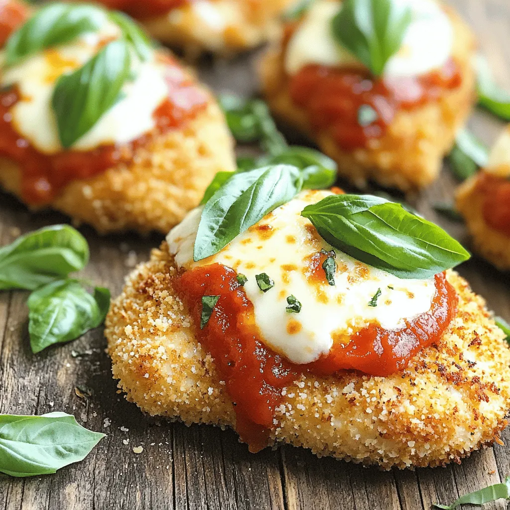 To make Baked Chicken Parmesan, gather these main ingredients: - 4 boneless, skinless chicken breasts - 1 cup breadcrumbs (preferably panko for extra crunch) - 1/2 cup grated Parmesan cheese - 1 teaspoon garlic powder - 1 teaspoon dried oregano - 1 teaspoon dried basil - 1/2 teaspoon salt - 1/2 teaspoon black pepper - 2 large eggs - 1 cup marinara sauce (homemade or store-bought) - 1 1/2 cups shredded mozzarella cheese - Fresh basil leaves for garnish These ingredients create a tasty dish. The chicken stays juicy, while the breading gets crispy. The marinara sauce adds a rich flavor, and mozzarella gives it that gooey texture we love. You can add a few optional ingredients to make it even better: - Red pepper flakes for heat - Fresh garlic for a bolder taste - Spinach or mushrooms for extra veggies - Different cheeses like provolone for variety These extras can change the dish. You can make it spicier or add more depth. Feel free to get creative! When picking ingredients, here are some tips: - Choose fresh chicken breasts. Look for a bright color and no odor. - Use quality breadcrumbs. Panko breadcrumbs give the best crunch. - Pick good marinara sauce. Taste a bit to ensure it’s flavorful. - Go for fresh herbs. They make a big difference in taste. These tips help you select the best ingredients for your Baked Chicken Parmesan. Great ingredients equal great meals! For the complete recipe, check the Full Recipe section. First, preheat your oven to 400°F (200°C). This helps the chicken cook evenly. Next, place the chicken breasts between two sheets of plastic wrap. Use a meat mallet or rolling pin to pound them to 1/2 inch thick. This makes the chicken tender and helps it cook faster. Now, set up your breading station. In a shallow dish, mix breadcrumbs, Parmesan cheese, garlic powder, oregano, basil, salt, and pepper. In another dish, beat the eggs. This will help the coating stick to the chicken. Take each chicken breast and dip it into the eggs. Let any extra egg drip off. Then, dredge the chicken in the breadcrumb mix. Press down to make sure the coating sticks well. Place the breaded chicken breasts on a greased baking sheet. Bake them in the preheated oven for 20 to 25 minutes. The chicken should be cooked through and the coating golden brown. After the first bake, remove the chicken from the oven. Spoon marinara sauce generously over each piece. Then, sprinkle shredded mozzarella cheese on top. This adds that gooey, cheesy goodness we all love. Return the chicken to the oven for another 10 to 12 minutes. You'll know it's done when the cheese is melted and bubbly. Once the chicken is out of the oven, let it rest for a couple of minutes. This helps the juices settle. For a fresh touch, garnish with basil leaves before serving. Your dish is now ready, and it's beautiful! You can find the full recipe at the end of this article. Enjoy every bite! To get that perfect crunch on your chicken, use panko breadcrumbs. They are lighter and crispier than regular breadcrumbs. Mix them with grated Parmesan cheese and seasonings for extra flavor. When you coat the chicken, press down firmly. This helps the crumbs stick better. Bake the chicken on a greased tray to ensure it cooks evenly. Flip the chicken halfway through baking to crisp both sides. One common mistake is not pounding the chicken. If your chicken is uneven, it may cook poorly. Always pound it to an even thickness. Another mistake is skimping on the coating. Make sure to fully coat the chicken in the breadcrumbs. This adds flavor and helps achieve that crunchy texture. Lastly, don’t rush the baking time. If you take it out too soon, the chicken might be undercooked. If you have leftovers, you can get creative. Slice the chicken and add it to pasta for a quick meal. You can also make a sandwich with the chicken and some marinara sauce. For a fun twist, chop the chicken into pieces and toss it on a salad. The flavors blend well, and it makes a great lunch option. Check out the Full Recipe for more ideas. {{image_2}} You can make Baked Chicken Parmesan healthier by swapping some ingredients. Instead of regular breadcrumbs, use whole wheat breadcrumbs. They add fiber and nutrients. For the cheese, try part-skim mozzarella to reduce fat. You can also replace marinara sauce with a low-sugar version. Use fresh herbs like parsley or spinach to boost flavor without adding calories. These swaps make the dish lighter but still tasty. Want to add some zing? Try adding crushed red pepper flakes to the breadcrumb mix. It gives a nice kick. You can also mix in different herbs like thyme or rosemary for new flavors. For a twist, use pesto instead of marinara sauce. It adds a fresh, herby taste and makes it unique. Experimenting with different cheeses, like provolone or fontina, can also elevate your dish. If you need a gluten-free option, use gluten-free breadcrumbs or cornflakes. They work well as a coating and still give that crunchy texture. Almond flour is another great choice for breading. It adds a nutty flavor and keeps the dish gluten-free. Always check labels on sauces to ensure they are gluten-free. These options make Baked Chicken Parmesan friendly for everyone while keeping it delicious. For the complete recipe, check the [Full Recipe]. Store leftovers in an airtight container. Let the chicken cool to room temperature first. Place it in the fridge for up to three days. If you want to keep it longer, consider freezing it. To reheat, preheat your oven to 350°F (175°C). Place the chicken on a baking sheet. Cover it with foil to keep moisture in. Bake for about 20 minutes, or until heated through. You can also use a microwave for faster reheating. Just make sure to cover it to avoid drying out. If you plan to freeze, cool the chicken completely first. Wrap each piece tightly in plastic wrap, then in foil. This helps prevent freezer burn. You can freeze it for up to three months. When ready to eat, thaw it in the fridge overnight before reheating. Enjoy a tasty meal anytime with these simple storage tips! For the full recipe, check out the Baked Chicken Parmesan Bliss . Bake your chicken at 400°F (200°C) for 20-25 minutes. This time gives the chicken a nice, juicy inside and a golden, crunchy outside. Always check the internal temperature. It should reach 165°F (75°C) to be safe to eat. Letting the chicken rest for a few minutes after baking helps keep it juicy. Yes, you can use chicken thighs! They have more fat, which means they stay moist. Adjust the baking time to about 25-30 minutes since thighs can be thicker. Just make sure they reach the same safe internal temperature. Baked Chicken Parmesan goes well with many sides. Here are some ideas: - Spaghetti: Classic and easy. - Garlic Bread: Perfect for scooping up sauce. - Salad: A fresh green salad adds crunch. - Roasted Vegetables: Carrots, zucchini, or broccoli are great choices. You can make this dish ahead of time! Prepare the chicken and bread it. Store it in the fridge for up to a day. Bake it right before serving. This way, you can enjoy fresh, hot Baked Chicken Parmesan without all the work at meal time. For the full recipe, check out the detailed instructions above. In this post, we covered how to make Baked Chicken Parmesan. We looked at key ingredients, how to prepare and bake the dish, and tips for a great crunch. I shared variations for healthy and gluten-free options. You now know how to store and reheat leftovers too. Use this recipe to impress friends and family with a delicious meal. Enjoy your cooking and have fun experimenting with flavors!