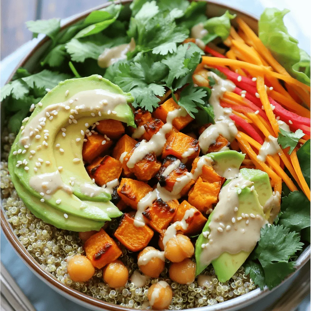 - 1 cup quinoa, rinsed - 2 cups vegetable broth - 1 can chickpeas, drained and rinsed - 1 cup sweet potato, peeled and cubed - 1 cup mixed greens (spinach, kale, or arugula) - 1 avocado, sliced - 1 red bell pepper, julienned - ½ cup shredded carrots - 2 tablespoons tahini - 2 tablespoons lemon juice - 1 tablespoon maple syrup - 1 tablespoon olive oil - 1 teaspoon garlic powder - Salt and pepper to taste - Sesame seeds and fresh cilantro for garnish The base of a Vegan Buddha Bowl is often quinoa. It cooks up fluffy and adds a nice texture. Vegetable broth gives it a rich flavor. Chickpeas bring protein and help you feel full. The sweetness of roasted sweet potato balances the dish. Mixed greens add freshness and color. You can layer in avocado for creaminess. Red bell pepper gives a crunch and a pop of color. Shredded carrots add a nice touch as well. - Extra veggies - Nuts and seeds - Herbs and spices You can get creative! Add any extra veggies you have. Nuts and seeds add crunch and healthy fats. Fresh herbs like cilantro or parsley can brighten the bowl. - Caloric content: A serving has about 400-500 calories. - Macronutrient breakdown: Each bowl has protein, healthy fats, and fiber. - Health benefits of ingredients: Quinoa is a complete protein. Chickpeas are great for energy. Sweet potatoes are rich in vitamins. Mixed greens offer antioxidants. These ingredients come together to make a balanced meal. The flavors mix well, making each bite a delight. For the full recipe, check out the detailed instructions. To cook quinoa, start by boiling vegetable broth in a medium pot. Use two cups of broth for one cup of quinoa. Once boiling, add the rinsed quinoa. Reduce the heat to low and cover the pot. Let it simmer for about 15 minutes. The quinoa should be fluffy when done. Remove it from heat and set it aside. Preheat your oven to 400°F (200°C). While it heats, take your cubed sweet potatoes. Toss them with olive oil, garlic powder, salt, and pepper. Spread them evenly on a baking sheet. Roast for about 20 to 25 minutes. Flip them halfway through for even cooking. You want them tender and slightly caramelized. For crispy chickpeas, start with a can of drained and rinsed chickpeas. In a small bowl, toss them with olive oil, salt, and any spices you like, such as paprika. Spread the chickpeas on another baking sheet. Roast them for 15 to 20 minutes. They should turn golden and crispy. To make the tahini dressing, take a small bowl. Whisk together tahini, lemon juice, maple syrup, and a pinch of salt. If the dressing is too thick, add a little water. Aim for a pourable consistency. This dressing adds great flavor to your bowl. Now comes the fun part! Start with a base of quinoa in each bowl. Layer on the roasted sweet potatoes, crispy chickpeas, and mixed greens. Add sliced avocado, julienned bell pepper, and shredded carrots. Each layer adds color and texture. Finally, drizzle the tahini dressing over your assembled bowls. For extra flair, sprinkle sesame seeds and fresh cilantro on top. These simple garnishes add a nice touch and enhance the overall flavor. Enjoy your vibrant Vegan Buddha Bowls packed with flavorful goodness! You can find the full recipe linked above. To get the best out of your Vegan Buddha Bowls, timing is key. Each ingredient needs its moment to shine. Here’s how I time each component: - Quinoa: Cook it for about 15 minutes. It should be fluffy and light. - Sweet Potatoes: Roast for 20-25 minutes. They should be tender and caramelized. - Chickpeas: Roast for 15-20 minutes. They need to be crispy and golden. You can create a unique flavor for your Buddha Bowls. Start with your spice blends. I often use: - Paprika: Adds a sweet, smoky flavor. - Cumin: Gives a warm, earthy taste. - Garlic Powder: Brings a savory depth. Feel free to adjust the amount based on your taste. Experiment with different spices until you find your perfect mix. Preparing ahead can save time and make cooking fun. Here are my tips: - Cook quinoa in bulk: You can store it for up to five days. - Chop veggies: Prepare your sweet potatoes, bell peppers, and carrots one day ahead. - Make dressing: Whip up your tahini dressing in advance. Store it in the fridge for easy access. By prepping, you’ll make assembling your Vegan Buddha Bowls quick and easy. For more detailed steps, check out the Full Recipe. {{image_2}} You can easily make your Buddha bowls gluten-free. Instead of quinoa, try using: - Brown rice - Millet - Buckwheat These grains are gluten-free and packed with nutrients. For added protein, consider using lentils or black beans. They work great in place of chickpeas. While tahini dressing is a favorite, many other dressings can add flavor. Here are a few to try: - Creamy avocado dressing - Peanut sauce - Lemon vinaigrette Experiment with these options to keep your bowls exciting. Each dressing brings its unique taste and pairs well with the fresh veggies. Using seasonal produce makes your Buddha bowls even better. Here are some ideas to consider: - In spring, add asparagus or peas. - In summer, use zucchini or cherry tomatoes. - In fall, try roasted Brussels sprouts or squash. - In winter, think about root vegetables like beets or turnips. Adjusting your recipe with seasonal ingredients not only boosts flavor but also supports local farmers. Check out the Full Recipe for more inspiration! To keep your Vegan Buddha Bowls fresh, store leftovers in airtight containers. Place them in the fridge. They will stay good for about three to four days. Make sure to separate the dressing if you want to keep the bowl crisp. This keeps the flavors fresh and the greens vibrant. You can freeze parts of your Buddha Bowl. First, cool the cooked quinoa and sweet potatoes. Then, place them in freezer bags. You can freeze chickpeas too, but they may change texture. For full bowls, I recommend freezing just the quinoa and roasted veggies. This way, you can mix and match when you’re ready to eat. To reheat, use the microwave or stove. For the microwave, place food in a bowl and cover it. Heat in short bursts, stirring often. If using the stove, add a splash of water and stir over low heat. This helps keep the quinoa fluffy and the veggies tender. Enjoy your flavorful goodness! A vegan Buddha bowl is a colorful dish. It usually includes grains, veggies, and protein. Common ingredients are: - Quinoa - Chickpeas - Sweet potato - Mixed greens - Avocado - Red bell pepper - Shredded carrots This bowl is great for mixing flavors and textures. It is perfect for a healthy meal. Making vegan Buddha bowls is fun and easy. Start by cooking quinoa in vegetable broth. While that's cooking, roast sweet potatoes and chickpeas. For the sweet potatoes, toss them in olive oil and spices before roasting. Prepare a tahini dressing by mixing tahini, lemon juice, and maple syrup. Finally, assemble your bowls by layering the quinoa and toppings. Don’t forget to drizzle on the dressing. Yes, vegan Buddha bowls are very healthy. They are full of plant-based nutrients. Quinoa provides protein and fiber. Sweet potatoes add vitamins and minerals. Chickpeas are a great source of protein and iron. This dish also supports a balanced diet with healthy fats from avocado. You can make vegan Buddha bowls ahead of time. Prepare the quinoa, sweet potatoes, and chickpeas and store them separately. Keep the dressing in a jar in the fridge. When you are ready to eat, just assemble the bowls. This makes for quick lunches or dinners! To boost protein in your Buddha bowls, try these options: - Add tempeh or tofu for extra protein - Include edamame or lentils - Use more chickpeas or quinoa These ingredients will help you feel full and satisfied. For the full recipe, check the earlier section. In this blog post, we explored the vibrant world of Vegan Buddha Bowls. We discussed key ingredients like quinoa, chickpeas, and sweet potatoes. You learned cooking methods to prepare each element and tips for assembly. We also shared storage advice and flavor variations. By making these bowls, you boost your health and enjoy tasty meals. Remember, you can easily customize them. Use the tips and tricks to create your perfect bowl. Enjoy the process and savor each bite.