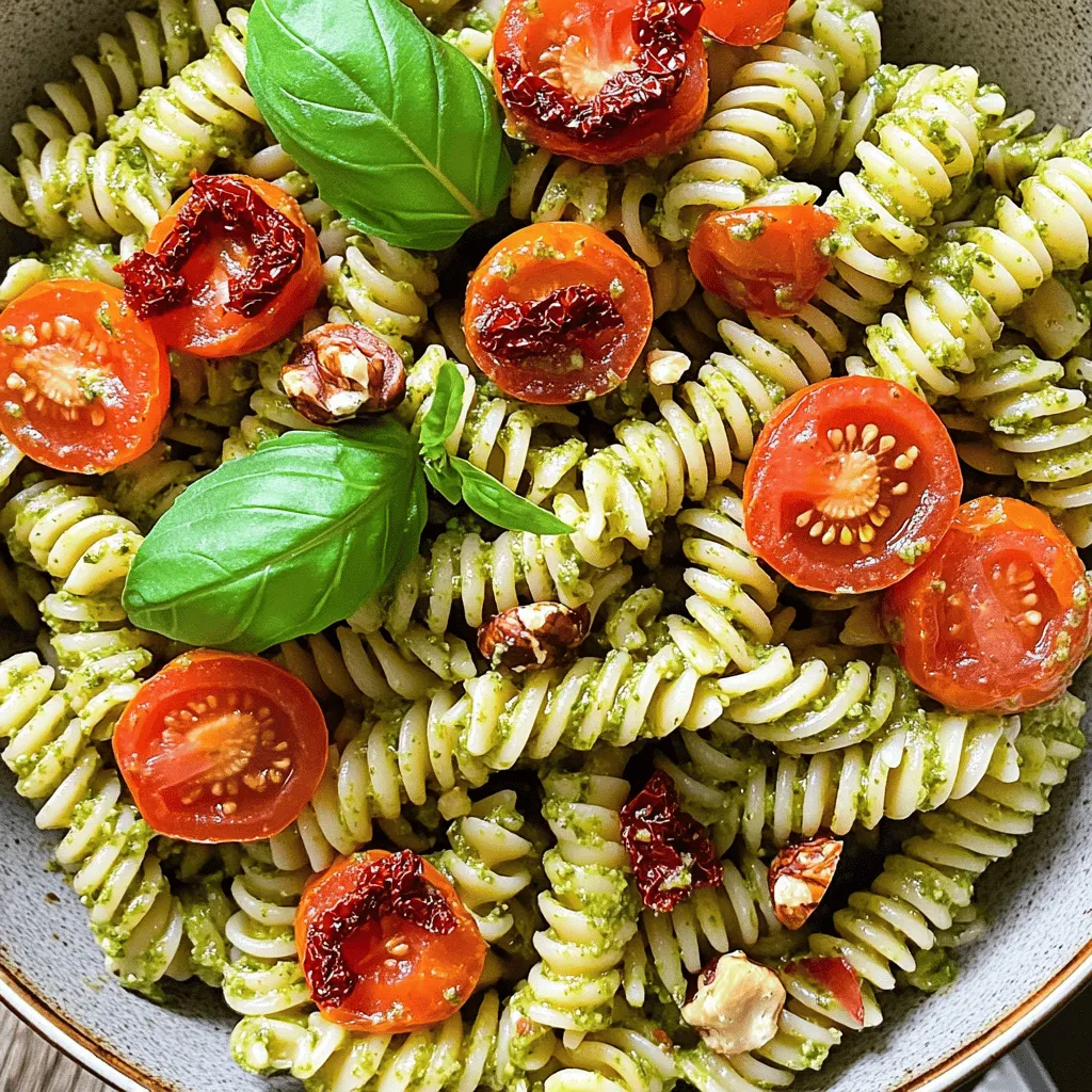 - 2 cups pasta (fusilli or penne) - 1 cup sun-dried tomatoes, packed in oil, drained and chopped - 1/2 cup fresh basil leaves - 1/4 cup walnuts, toasted - 1/2 cup grated Parmesan cheese - 1/4 cup olive oil - 2 cloves garlic, minced - Salt and pepper to taste - Cherry tomatoes, halved (for garnish) - Fresh basil leaves, for garnish Choosing the Right Pasta I love using fusilli or penne for this dish. These shapes hold the pesto well. Fusilli twists catch the sauce, while penne’s hollow shape makes each bite flavorful. You can use any pasta you enjoy, but these two are perfect for this recipe. Fresh vs. Jarred Sun-Dried Tomatoes You can choose fresh sun-dried tomatoes or jarred ones. Fresh tomatoes pack a punch of flavor, but jarred tomatoes are easy and ready to go. If you use jarred ones, make sure to drain them well. This helps keep the sauce from being too oily. This combination of ingredients brings out that rich, tangy taste in the pesto. You can find the full recipe at the end of this article. - Boiling and Draining First, fill a large pot with water. Add a good pinch of salt. Bring the water to a boil. Once boiling, add 2 cups of your chosen pasta, like fusilli or penne. Cook it according to the package instructions, usually around 8-10 minutes. Taste a piece to check for doneness. Drain the pasta in a colander but save about 1/2 cup of the pasta water. This water helps later. - Reserving Pasta Water Why save the pasta water? It is starchy and helps the sauce cling to the pasta. This small step makes a big difference in flavor and texture. - Blending Ingredients in a Food Processor In a food processor, add 1 cup of drained sun-dried tomatoes, 1/2 cup of fresh basil leaves, and 1/4 cup of toasted walnuts. Also, add 1/2 cup of grated Parmesan cheese and 2 cloves of minced garlic. Pulse the mixture until it is finely chopped and well mixed. - Adjusting Consistency with Pasta Water While blending, slowly add 1/4 cup of olive oil. This creates a creamy texture. If the pesto is too thick, add a bit of the reserved pasta water. Mix until you reach your desired consistency. - Tossing with Pasta In a large bowl, combine your cooked pasta with the sun-dried tomato pesto. Toss well to coat all the pasta evenly. This step ensures every bite is packed with flavor. - Garnishing Tips To serve, plate the pasta in wide bowls. Top with halved cherry tomatoes and fresh basil leaves. You can also drizzle more olive oil or add extra Parmesan for a tasty finish. Enjoy this vibrant dish! For the complete instructions, check out the Full Recipe. Adjusting for Taste: Salt and Seasoning The right salt can elevate your pesto. Start with a small pinch. Taste it. Add more if needed. Fresh basil and sun-dried tomatoes have their own saltiness. So, go easy. You want the flavors to shine, not drown in salt. If you like heat, a pinch of red pepper flakes works great. It adds a nice kick. Storage Tips for Leftover Pesto Store leftover pesto in an airtight container. Cover the top with a thin layer of olive oil. This keeps it fresh longer. In the fridge, it lasts about a week. You can also freeze pesto. Use ice cube trays for easy portions. Just pop them out when you need a burst of flavor. Alternative Cooking Methods for Pasta You can cook pasta in various ways. The classic boiling method works well. But you can also try baking. For baked pasta, mix it with pesto and cheese, then bake until golden. Another option is to use a microwave. Just add water and pasta in a microwave-safe bowl. Cook in short bursts, stirring often until tender. Toasting Walnuts for Maximum Flavor Toasting walnuts boosts their flavor. Place them in a dry skillet over medium heat. Stir them often for about 5 minutes. They will turn slightly golden and smell nutty. This simple step makes the pesto richer and tastier. Let them cool before adding to the food processor. {{image_2}} You can boost your sun-dried tomato pesto pasta with proteins. Grilled chicken or shrimp adds great flavor. Simply grill them, slice, and mix with the pasta. For a vegetarian option, use chickpeas or tofu. Both add protein and make the dish hearty. Just sauté them until golden before mixing in. To change the flavor, add spices like red pepper flakes or Italian herbs. A little heat makes the dish exciting. You can also make creamy versions. Add heavy cream or cashew cream for a rich twist. This gives a smooth texture and a lovely taste. Adjust the amount based on your preference. To keep your sun-dried tomato pesto pasta fresh, store leftovers in an airtight container. This helps prevent the pasta from drying out. Place it in the fridge. It will stay good for about three days. For best taste, eat it sooner. If you want to save it longer, freeze it. Use a freezer-safe container or a zip-top bag. Remove as much air as you can. Label the bag with the date. The pasta can last up to three months in the freezer. When reheating, avoid using the microwave if you can. It can make the pasta chewy. Instead, use a skillet. Heat it on low. Add a splash of olive oil or reserved pasta water to help it warm up and stay moist. Stir gently to combine all the flavors again. If you must use a microwave, do so in short bursts. Stir between each burst to heat evenly. Always cover the pasta with a damp paper towel to keep it from drying out. Enjoy your meal again, just like the first time! To make sun-dried tomato pesto, follow these simple steps: - In a food processor, add 1 cup of sun-dried tomatoes, 1/2 cup of fresh basil leaves, 1/4 cup of toasted walnuts, 1/2 cup of grated Parmesan cheese, and 2 minced garlic cloves. - Pulse until everything is finely chopped and mixed well. - With the processor running, slowly add 1/4 cup of olive oil. - Blend until the mixture is smooth. - If the pesto is too thick, add some pasta water. This will help thin it to your liking. You can use fresh tomatoes, but the flavor will change. Sun-dried tomatoes have a rich, deep taste. Fresh tomatoes are juicy and mild. If you choose fresh, roast them first to enhance their flavor. This will give you a taste closer to sun-dried tomatoes. Sun-dried tomato pesto pasta pairs well with many dishes. - Grilled chicken or shrimp add protein and flavor. - You can serve it with a simple green salad for a fresh crunch. - Garlic bread or toasted baguette slices are great for dipping. - For a vegetarian option, add roasted veggies or chickpeas. Sun-dried tomato pesto lasts about 5 to 7 days in the fridge. Store it in an airtight container. To keep it fresh, cover the surface with a layer of olive oil. This helps prevent air exposure. For longer storage, consider freezing the pesto. It can last up to 3 months in the freezer. The Sun-Dried Tomato Pesto Pasta is a quick and tasty dish. It takes just 25 minutes to make and serves four people. You start by cooking your pasta until it is al dente. While the pasta cooks, you blend sun-dried tomatoes, fresh basil, walnuts, garlic, and Parmesan cheese in a food processor. This mixture becomes your pesto. Next, you drizzle in olive oil to create a creamy texture. If your pesto is too thick, add a bit of reserved pasta water to thin it out. Once the pasta is cooked, you combine it with the pesto in a large bowl. Toss it well to coat every piece of pasta. You can season it with salt and pepper to your liking. For a nice touch, add halved cherry tomatoes and fresh basil leaves on top when serving. This dish is not just simple; it bursts with flavor! For the complete recipe, check out the Full Recipe section above. You’ve learned how to make a tasty sun-dried tomato pesto pasta. We covered the right ingredients, step-by-step cooking methods, and ways to customize your dish. Remember, adjusting flavors and adding proteins can make it your own. Store leftovers properly to enjoy later. With easy tips and variations, you can create a dish that pleases everyone. Enjoy cooking and sharing this delicious meal!