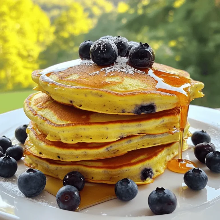 To make fluffy buttermilk blueberry pancakes, gather these simple ingredients: - 1 cup all-purpose flour - 1 tablespoon sugar - 2 teaspoons baking powder - 1/2 teaspoon baking soda - 1/4 teaspoon salt - 1 cup buttermilk - 1 large egg - 2 tablespoons melted butter - 1 teaspoon vanilla extract - 1 cup fresh blueberries (or frozen, if not in season) - Extra butter or oil for cooking Not all kitchens have the same items. Here are some easy swaps: - If you lack buttermilk, mix 1 cup of milk with 1 tablespoon of vinegar or lemon juice. Let it sit for 5 minutes. - You can replace all-purpose flour with whole wheat flour for a heartier pancake. This adds fiber too! - For a dairy-free option, use almond milk or oat milk in place of buttermilk and regular butter. - If you want less sugar, cut the sugar to 2 teaspoons or use honey instead. These pancakes are a tasty breakfast choice. Here’s a quick look at what’s in one serving (2 pancakes): - Calories: 230 - Protein: 6g - Carbohydrates: 34g - Dietary Fiber: 2g - Total Fat: 9g - Saturated Fat: 4g - Sugar: 4g - Calcium: 200mg Enjoy these pancakes with fresh blueberries and syrup. They’re fun to make and eat! For the full recipe, check the details above. First, gather your dry ingredients. In a large mixing bowl, add: - 1 cup all-purpose flour - 1 tablespoon sugar - 2 teaspoons baking powder - 1/2 teaspoon baking soda - 1/4 teaspoon salt Whisk these together until they blend well. This step is key for fluffy pancakes. Now, let’s move to the wet ingredients. In a separate bowl, mix: - 1 cup buttermilk - 1 large egg - 2 tablespoons melted butter - 1 teaspoon vanilla extract Whisk until it’s smooth. This mixture gives your pancakes moisture and flavor. Heat a non-stick skillet over medium heat. Lightly grease it with butter or oil. For each pancake, pour about 1/4 cup of the batter onto the skillet. Watch closely for bubbles on the surface. This usually takes about 2-3 minutes. Flip the pancake and cook for another 1-2 minutes until golden brown. Keep cooked pancakes warm as you repeat the process. Serve these fluffy buttermilk blueberry pancakes with maple syrup and fresh blueberries for a delightful breakfast. For the full recipe, check above! To make your pancakes super fluffy, use fresh baking powder. Make sure it’s active. Mix the wet and dry ingredients gently. Overmixing will make them tough. Let the batter rest for about 5 minutes. This helps the baking powder work better. Use a hot skillet and don’t flip too soon. Wait for bubbles to form on top. If you have leftovers, cool them first. Place them in a single layer in a container. You can stack them with parchment paper between layers. Seal the container tightly. Store it in the fridge for up to three days. For longer storage, freeze the pancakes. They can last for two months in the freezer. Serve these pancakes warm with maple syrup. You can add a pat of butter on top. For a fun twist, try whipped cream and fresh fruit. A sprinkle of powdered sugar makes them look fancy. You can also serve them with yogurt for a tasty breakfast. Explore the full recipe for more ideas! {{image_2}} You can make these pancakes even more fun! Try adding different mix-ins. Chopped nuts, like pecans or walnuts, give a nice crunch. You can also add chocolate chips for a sweet twist. If you love spices, a dash of cinnamon or nutmeg adds warmth and flavor. For a citrus touch, mix in some lemon or orange zest. Each add-in brings a new taste, making your breakfast unique. If you need gluten-free pancakes, swap the flour. Use a gluten-free all-purpose blend. Many blends work well and keep the pancakes light. Check if your blend contains xanthan gum. This helps the pancakes stick together. Follow the same recipe steps. You’ll still get fluffy, tasty pancakes without gluten. To make vegan pancakes, replace the buttermilk and egg. Use plant-based milk, like almond or soy milk, with a splash of lemon juice. This creates a good substitute for buttermilk. For the egg, use a flax egg. Mix one tablespoon of ground flaxseed with three tablespoons of water. Let it sit for five minutes to thicken. These simple swaps keep your pancakes soft and fluffy. You can enjoy delicious Fluffy Buttermilk Blueberry Pancakes while following a vegan diet! For the complete recipe, check out the [Full Recipe]. After making these fluffy buttermilk blueberry pancakes, you might have some leftovers. To store them, let the pancakes cool completely. Place them in an airtight container. You can also use plastic wrap. This keeps them fresh in the fridge for up to three days. If you want to store them longer, freezing is a great option. When you're ready to enjoy your leftover pancakes, reheating is simple. You can use a microwave or a skillet. For the microwave, place a pancake on a plate and heat for about 30 seconds. For the skillet, warm it on low heat for a couple of minutes. This helps keep them soft and fluffy. You can add a little butter to the pan for extra flavor. Freezing pancakes is easy and perfect for quick meals. To freeze, stack the pancakes with parchment paper between each one. This helps prevent them from sticking together. Then, place the stack in a freezer bag. You can keep them in the freezer for up to two months. When you want to eat them, just take out as many as you need and reheat them. Enjoy your pancakes anytime! Check out the Full Recipe for more tips. To make pancakes fluffier, you need to focus on a few key steps. First, don’t overmix the batter. Mix until you see no dry flour, but it’s okay if some lumps remain. This helps keep the air in the batter, which makes them rise. Second, use fresh baking powder. Old baking powder can lose its power and make your pancakes flat. Lastly, let the batter rest for a few minutes before cooking. This allows the baking powder to activate and helps create that fluffy texture. Yes, you can use many other fruits! Strawberries, bananas, and raspberries all work well. Just chop them into small pieces, so they mix in easily. You can even try apples or peaches for a fun twist. If you use frozen fruit, make sure to thaw and drain them first. This helps prevent excess moisture in the batter. Each fruit adds its unique taste, so feel free to get creative! If you don’t have buttermilk, you can make a quick substitute. Mix one cup of milk with one tablespoon of vinegar or lemon juice. Let it sit for about five minutes until it thickens slightly. You can also use plain yogurt or sour cream, thinned with a bit of milk to reach the right consistency. These options work well and will still give you tasty pancakes. For the best results, stick to the Full Recipe for guidance! This blog post covered all you need to make great pancakes. We started with the key ingredients and substitutions, ensuring flavorful results. Next, we detailed step-by-step instructions for perfect pancakes. Tips helped with fluffiness and storage. We explored fun variations to cater to different diets. With these tips, creating pancakes becomes easy and fun. Get ready to whip up a delicious treat you can enjoy anytime!