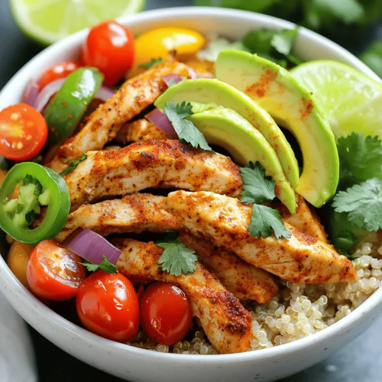 - 2 boneless, skinless chicken breasts - 1 tablespoon olive oil - 1 teaspoon chili powder - 1 teaspoon cumin - 1 teaspoon paprika - 1 red bell pepper, sliced - 1 green bell pepper, sliced - 1 small red onion, sliced - 1 avocado, sliced - 1/2 cup cherry tomatoes, halved - Fresh cilantro, for garnish - Lime wedges, for serving - 1 cup cooked brown rice or quinoa - 1 can black beans, drained and rinsed You need fresh ingredients for the best taste. The chicken gives protein and flavor. The spices add warmth and zest. Use olive oil to cook the chicken. Bell peppers and onions bring color and crunch. Avocado adds creaminess. The tomatoes give a sweet pop. Cilantro brightens the dish. Lime adds a tangy kick. For the base, choose brown rice or quinoa for health. Black beans add fiber and protein. This mix makes your meal fun and filling! For the full recipe, check the cooking steps ahead. - Slice chicken breasts into thin strips. - Prepare spice mix with olive oil, chili powder, cumin, paprika, garlic powder, salt, and pepper. Start by cutting the chicken into thin strips. This helps them cook quickly and evenly. Next, mix the olive oil with spices in a bowl. The chili powder brings heat, while cumin and paprika add depth. Garlic powder gives a nice aroma, and salt and pepper enhance the flavors. - Cook chicken in a skillet over medium-high heat for 5-7 minutes. - Sauté bell peppers and red onion in the same skillet. Heat a large skillet on medium-high heat. Add the chicken strips and cook for about 5-7 minutes. Stir occasionally until they turn golden brown and are cooked through. Once done, take the chicken out and set it aside. In the same skillet, toss in sliced bell peppers and red onion. Sauté these for about 5 minutes until they are tender and a bit charred. This adds a nice flavor to your dish. - Layer brown rice or quinoa, black beans, vegetables, and chicken in serving bowls. - Add avocado, cherry tomatoes, and garnish with cilantro. Now it’s time to put everything together. Start with a base of brown rice or quinoa in your bowls. Next, add black beans, sautéed vegetables, and chicken on top. Finally, layer on some avocado slices and halved cherry tomatoes. A sprinkle of fresh cilantro on top makes it look great. Serve with lime wedges for that extra zesty kick. For the full recipe, refer to the earlier section. - Use a meat thermometer to check chicken doneness. Chicken should reach 165°F. This ensures it's safe to eat. - Preheat the skillet for even cooking. A hot skillet helps the chicken sear nicely. This adds flavor and texture. - Add more spices for extra heat. You can mix in cayenne or chipotle powder for a kick. Adjust to your taste. - Incorporate lime juice for fresh flavor. Squeeze it over the dish just before serving. This brightens the flavors and adds zest. - Consider pairing your bowls with a side of tortilla chips. They add a nice crunch to your meal. - Serve with a refreshing drink like iced tea or lemonade. These choices complement the spices in the fajita bowls. - For a more appealing presentation, layer the ingredients in clear bowls. This way, all the colors shine through. It makes the meal look as good as it tastes. {{image_2}} You can easily change the protein in your fajita bowls. If you want a lighter option, swap chicken with shrimp. Shrimp cooks fast and adds a nice flavor. You can also use tofu for a plant-based choice. Tofu absorbs spices well, making it tasty. Ground turkey is another great choice. It gives a different texture and is leaner. If you're looking for a vegan meal, make it plant-based. Just omit the chicken and load up on veggies. You can add beans for protein, like black beans or chickpeas. For gluten-free options, use quinoa or brown rice instead of regular rice. Both grains work well and are healthy. To make your bowls more exciting, change up the peppers. Try yellow or orange bell peppers for sweetness. If you like heat, add jalapeños to your mix. For an extra protein boost, consider different beans. Pinto or kidney beans add a nice twist. You can also mix beans for more flavor and texture. Store any leftovers in airtight containers. They will keep well for up to 3 days. When you're ready to eat, reheat your fajita bowls in the microwave or on the stovetop. This helps keep the flavors fresh. If you want to save some for later, freeze individual portions. This makes for quick and easy meals. Make sure all ingredients are cooled before you freeze them. This helps prevent ice crystals from forming. When you reheat the bowls, do it gently. This helps avoid overcooking the chicken. To keep everything moist, add a splash of water while reheating. It's a simple trick that works wonders! It takes about 15 minutes to prep and 15 minutes to cook. So, the total time is about 30 minutes. This makes it perfect for a quick weeknight meal. You can have a tasty dinner ready in no time! Yes, you can meal prep these bowls easily. Cook the chicken and veggies ahead of time. Store them in separate containers. You can keep them in the fridge for up to three days. Just reheat them when you are ready to eat. This makes lunch or dinner super easy! You can serve these bowls with a variety of sides. Here are some ideas: - Tortilla chips with salsa or guacamole - A fresh green salad - Corn on the cob - Mexican street corn - A side of sour cream or Greek yogurt These sides add more flavor and freshness to your meal! For the full recipe, check out the zesty chicken fajita bowls section. You can create quick and tasty chicken fajita bowls with simple ingredients and steps. Start with boneless chicken, flavorful spices, and fresh veggies. Cook them easily and assemble for a healthy meal. Remember to store leftovers well and enjoy them later. This dish also allows for fun variations to suit any diet. Get creative with flavors and pairings that you love. Enjoy making these bowls as a go-to meal option!