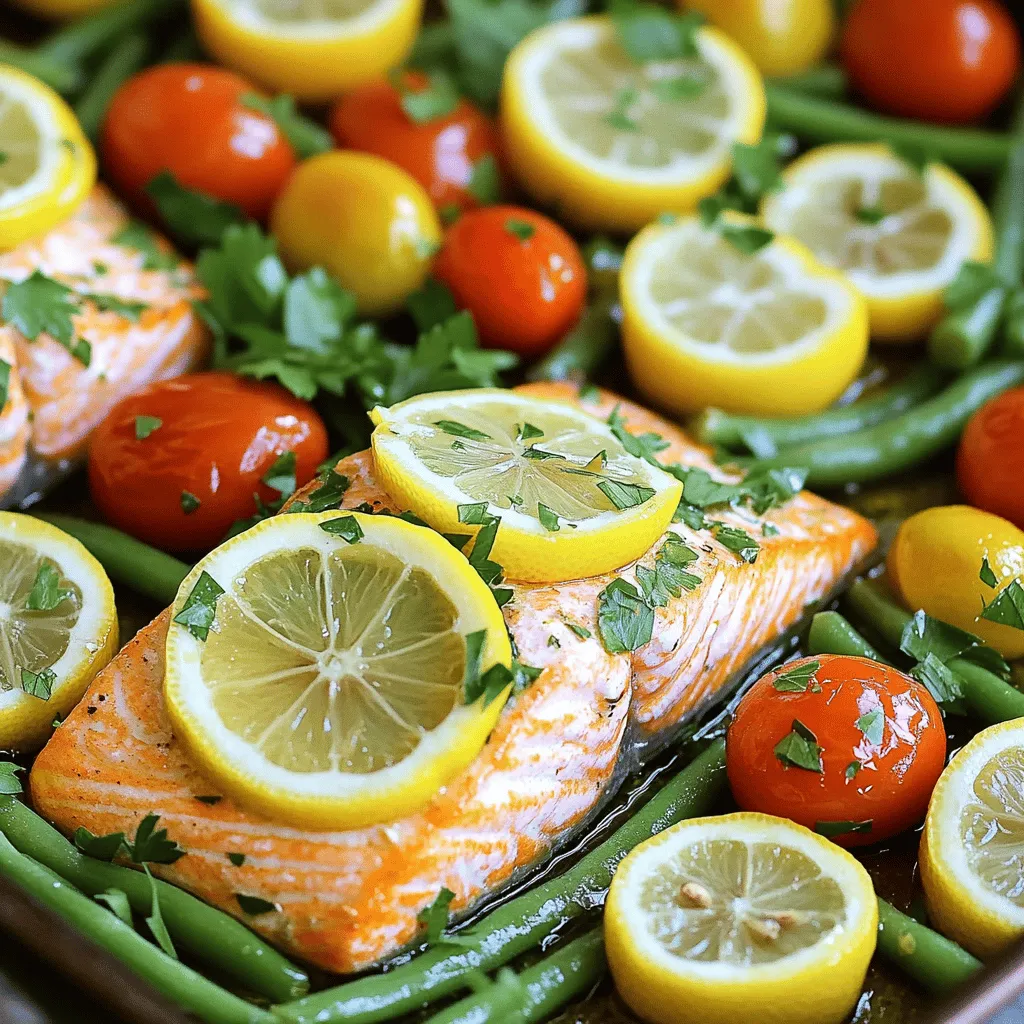 - 4 salmon fillets (about 6 oz each) - 1 lemon, thinly sliced - 1 cup cherry tomatoes, halved - 1 cup green beans, trimmed - 3 tablespoons olive oil - 1 teaspoon garlic powder - 1 teaspoon dried oregano - 1 teaspoon dried thyme - Salt and pepper to taste - Fresh parsley, chopped (for garnish) The key to this dish is the perfect blend of fresh ingredients. I love using salmon because it cooks quickly and tastes amazing. For this recipe, we need four salmon fillets. Each should weigh about six ounces. Next, grab one lemon. Slice it thin. This will add a bright and zesty flavor. You’ll also need cherry tomatoes. Halve one cup of them for a sweet burst. Green beans are next. Trim one cup for a nice crunch. Now, let’s talk about the seasoning and marinade. Use three tablespoons of olive oil to keep things moist. Add one teaspoon of garlic powder for depth. A teaspoon of dried oregano and a teaspoon of dried thyme will bring out those herb flavors. Don’t forget to add salt and pepper to taste. Lastly, fresh parsley is for garnish. It adds a pop of color and freshness when you serve the dish. This recipe is all about balance and flavor. By using fresh and simple ingredients, you can create a meal that feels special yet is quick and easy. For the full recipe, check out the link provided. - Preheat the oven to 400°F (200°C). - Prepare the baking sheet with parchment paper. This helps the food not stick. - Arrange salmon, cherry tomatoes, and green beans on the baking sheet. Place the salmon in the center. - Drizzle with the olive oil mixture. Make sure everything gets a good coat. - Top the salmon with lemon slices. This adds a fresh taste. - Roast in the oven for 15-20 minutes until done. The salmon should flake easily with a fork. The vegetables should be tender. For the full recipe, check out the One-Pan Lemon Herb Salmon. Enjoy this easy meal! To know when your salmon is ready, use a fork. Gently flake the fish at its thickest part. If it flakes easily, it is done. If you have thicker fillets, you may need to adjust your cooking time. Thicker pieces will need a few extra minutes in the oven. For a richer taste, marinate the salmon before cooking. Mix olive oil, garlic, and herbs, and let the fish sit for 30 minutes. This adds depth to the flavor. You can also try adding other herbs or spices. Fresh dill or a pinch of paprika can change the game. This dish pairs well with many sides. Try serving it with rice or quinoa for a filling meal. A side salad adds freshness and crunch to your plate. You can also add roasted potatoes for a hearty option. {{image_2}} If you want to mix it up, try using chicken breasts instead of salmon. Chicken cooks well and takes on the lemon and herb flavors nicely. For a vegetarian option, use tofu. Tofu soaks up the marinade and gives you a tasty meal. Switch out the vegetables based on what is in season. For example, use zucchini in the summer or squash in the fall. You can also try different citrus fruits. Lime and orange can add a unique twist to the dish. To kick up the heat, add sriracha or chili flakes. This will give your meal a spicy kick. If you want a fresher taste, use fresh herbs instead of dried ones. Fresh basil or cilantro can brighten up your dish. For the full recipe, check out the One-Pan Lemon Herb Salmon. Refrigerate leftover salmon in an airtight container. This keeps the fish fresh and safe to eat. Salmon will last in the fridge for up to three days. Make sure it cools down before sealing it. You don’t want to trap steam inside, which can make it soggy. To freeze cooked salmon, wrap each piece tightly in plastic wrap. Then place the wrapped salmon in a freezer bag. Remove as much air as you can. This helps prevent freezer burn. Cooked salmon can be frozen for up to three months. When you’re ready to enjoy it, simply thaw it in the fridge overnight. For reheating, preheat your oven to 350°F (175°C). Place the salmon on a baking sheet and cover it with foil. This keeps it from drying out. Heat for about 10-15 minutes. You can also use a microwave, but be careful. Microwave it in short bursts at medium power. This will help keep the texture and flavor intact. Enjoy your meal again without losing its freshness! You can tell when salmon is done by checking its color. Perfectly cooked salmon looks opaque and slightly pink in the center. It should flake easily with a fork. If you have a food thermometer, the internal temperature should reach 145°F (63°C). Keep an eye on the salmon, as it cooks quickly. Yes, you can use frozen salmon for this dish. Just make sure to thaw it first. You can do this by placing the salmon in the fridge overnight or using cold water for a faster method. Pat it dry before cooking to remove excess moisture. You can add many vegetables to make this dish your own. Some great options include: - Zucchini, sliced - Bell peppers, chopped - Asparagus, trimmed - Broccoli florets These veggies will cook nicely alongside the salmon and add more flavor. Yes, you can prep this dish in advance. You can marinate the salmon and chop the veggies a few hours before cooking. Store them in the fridge until you are ready to bake. This makes it easy to enjoy a quick meal later. Just remember to cook it fresh for the best taste. For the full recipe, check out my detailed guide. This blog post shows how to make a tasty salmon dish. I covered the main ingredients, including fresh salmon, veggies, and spices. Following simple steps, you can bake it to perfection. Remember to check for doneness and try different flavors. You can even swap proteins or add seasonal veggies. Store leftovers properly to enjoy later. With these tips, you'll impress everyone at your table. Cooking can be fun and easy! Start today and enjoy your meal!