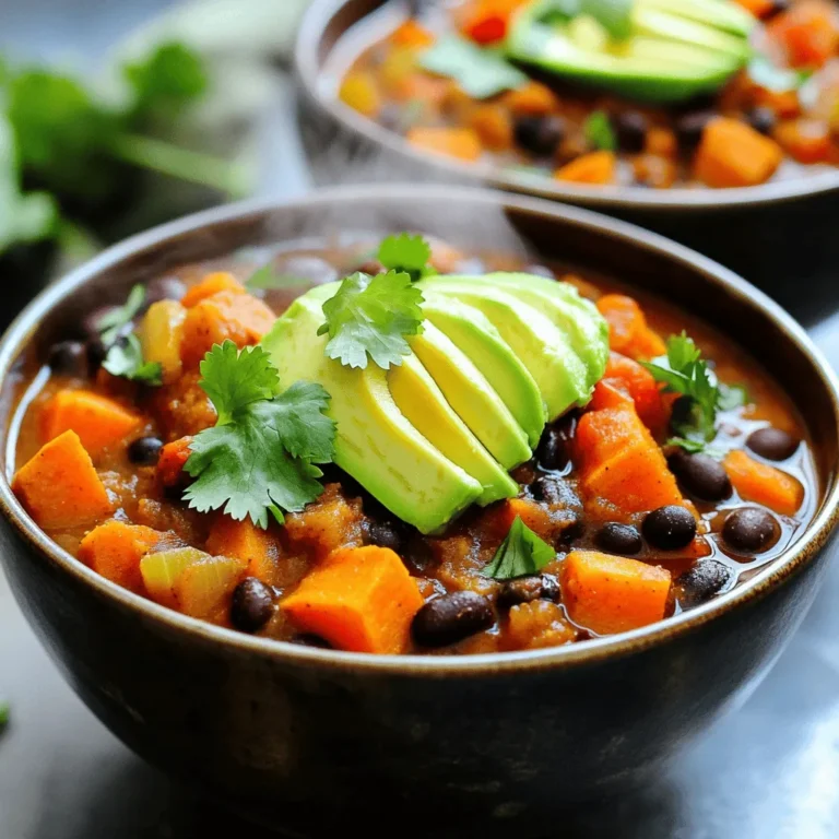- 2 medium sweet potatoes, peeled and diced - 1 can (15 oz) black beans, drained and rinsed - 1 can (15 oz) diced tomatoes, with their juices - 1 large onion, chopped - 3 cloves garlic, minced - 1 bell pepper (any color), chopped - 2 cups vegetable broth - 1 tablespoon olive oil - 1 teaspoon cumin - 1 teaspoon smoked paprika - 1 teaspoon chili powder - 1/2 teaspoon cayenne pepper (adjust for heat preference) - Salt and pepper to taste - Fresh cilantro, for garnish - Avocado, sliced (optional, for topping) This chili is all about the balance of flavors. Sweet potatoes bring natural sweetness. Black beans add creaminess and protein. Diced tomatoes give a nice acidity. These three main components create a rich base. Next, we have the vegetables. Chopped onion, minced garlic, and bell pepper make the chili aromatic and flavorful. The onion and garlic mix well with the spices. They build a strong flavor that enhances the dish. Now, let’s talk spices. Cumin, smoked paprika, and chili powder are key. They add depth and warmth. Cayenne pepper can kick it up a notch, so adjust it to your heat preference. Salt and pepper tie everything together. Fresh cilantro and avocado bring brightness and richness when serving. For the full recipe, you can check the [Full Recipe]. Each ingredient plays a role in making this vegan chili a comforting delight. Start by heating a large pot over medium heat. Add one tablespoon of olive oil. Once the oil is hot, toss in one chopped onion and one chopped bell pepper. Sauté them for about five minutes. You want them to get soft but not brown. Next, add three minced garlic cloves. Stir them in until they smell great. This will make your kitchen smell amazing! Now, it’s time to add the star of the dish. Add the two medium sweet potatoes, peeled and diced, to the pot. Stir well to mix them with the onions and bell pepper. Sprinkle in one teaspoon of cumin, one teaspoon of smoked paprika, one teaspoon of chili powder, and half a teaspoon of cayenne pepper. Adjust the cayenne to suit your heat preference. Stir everything well to coat the sweet potatoes evenly with the spices. Next, pour in one can of diced tomatoes, including their juices, and two cups of vegetable broth. Bring the mixture to a gentle boil. Once it starts bubbling, reduce the heat to low. Cover the pot and let it simmer for about 20 to 25 minutes. This allows the sweet potatoes to become tender. After that, stir in one can of black beans, drained and rinsed. Cook uncovered for an additional five to ten minutes. This step helps all the flavors blend together. Season with salt and pepper to taste. For more details, check the [Full Recipe]. To enhance your chili, adjust the spices to match your heat level. If you love a kick, add more cayenne pepper. If you prefer it milder, cut back on the cayenne. Another great tip is to let the chili simmer longer. This deepens the flavors and makes the dish richer. I often simmer mine for at least 30 minutes to bring out every taste. How you serve your chili can add to the experience! Use deep bowls to hold the chili well. Top each bowl with fresh avocado slices and chopped cilantro. This not only looks appealing but also adds a nice creamy texture. A squeeze of lime on top gives a bright, zesty finish. The contrast of flavors makes the dish even better. For this recipe, use a few key kitchen tools. A large pot is essential for cooking everything together. A spatula helps to mix the ingredients well and scrape the bottom of the pot. A sharp knife is great for chopping vegetables quickly and safely. With these tools, you’ll find cooking your chili a breeze. For the full recipe, check back to the main section! {{image_2}} You can change the beans in this recipe. Kidney or pinto beans work well too. They add a nice texture and flavor. Feel free to swap out sweet potatoes for other veggies. Zucchini, corn, or carrots can add fun twists. Each option brings its own taste and charm. To make this chili gluten-free, check that your vegetable broth is certified gluten-free. This small step helps ensure everyone can enjoy it. If you need lower sodium, look for low-sodium broth. You can also reduce added salt to fit your diet. This chili pairs great with crusty bread or rice. You can also serve it with nachos for a crunchy side. It's perfect for meal prep, as you can easily make a big batch. Freeze leftovers for later, and enjoy a warming bowl anytime! After enjoying your Vegan Sweet Potato Black Bean Chili, you will want to store any leftovers properly. To keep it fresh, refrigerate in sealed containers for up to 5 days. This way, you can savor the flavors again soon. If you want to save it for longer, freeze the chili for up to 3 months. Just make sure to use freezer-safe containers. When you're ready to enjoy your chili again, reheating is simple. You can warm it up on the stove or in the microwave until heated through. If the chili looks a bit thick, add a splash of vegetable broth. This will help restore its creamy texture and make it even tastier. Enjoy each bite just like the first time! It takes about 15 minutes to prep. The total time is 50 minutes. Yes, you can! Zucchini, corn, and carrots make great additions. They add great texture and flavor. Absolutely! This chili freezes well and is great for meal prep. You can make a big batch and enjoy it later. For the full recipe, check out the detailed steps I shared earlier. This vegan sweet potato black bean chili is packed with flavor and nutrition. We started with sweet potatoes, black beans, and tomatoes, then added fresh veggies and spices. Each step built layers of taste, perfect for meal prep. You now have tips to customize the flavors and suggestions for serving. Enjoy this easy dish this week or freeze it for later. Cooking should be fun and rewarding. Embrace these ideas and make this chili your own!