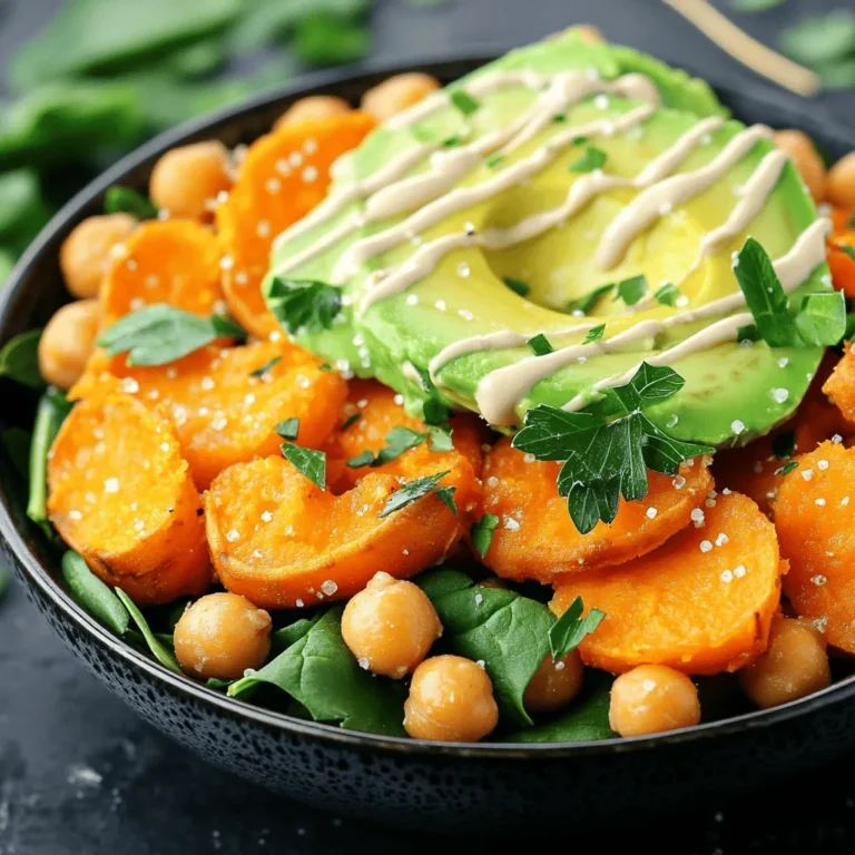 To make a tasty sweet potato chickpea bowl, you need these simple ingredients: - 2 medium sweet potatoes, peeled and cubed - 1 can (15 oz) chickpeas, drained and rinsed - 2 tablespoons olive oil - 1 teaspoon smoked paprika - 1 teaspoon ground cumin - 1 teaspoon garlic powder - Salt and pepper to taste - 4 cups spinach or mixed greens - 1 avocado, sliced - ¼ cup tahini - 2 tablespoons lemon juice - Water as needed for tahini sauce - Fresh herbs (parsley or cilantro) for garnish These ingredients work together to create a vibrant and healthy meal. Sweet potatoes add natural sweetness and creaminess. Chickpeas provide protein and fiber, making this bowl filling and nutritious. The spices enhance the dish with warmth and aroma. Fresh greens and creamy avocado complete the bowl, adding freshness and texture. Finally, the tahini sauce brings it all together with a nutty flavor. For the full recipe, click here. 1. Preheat the oven and prepare sweet potatoes. Start by preheating your oven to 425°F (220°C). This heat level helps the sweet potatoes caramelize nicely. While the oven warms up, peel and cube your sweet potatoes into bite-sized pieces. 2. Roast sweet potatoes until tender. In a large bowl, toss the sweet potato cubes with olive oil, smoked paprika, ground cumin, garlic powder, salt, and pepper. Make sure each piece is well-coated. Spread them on a baking sheet in a single layer. Roast for 25-30 minutes. Flip them halfway through for even cooking. The sweet potatoes should be tender and slightly caramelized. 3. Sauté chickpeas while sweet potatoes roast. While the sweet potatoes roast, heat a pan over medium heat. Add the remaining tablespoon of olive oil and the drained chickpeas. Season with salt, pepper, and a pinch of cumin. Sauté for 5-7 minutes until the chickpeas turn golden and slightly crispy. 1. Whisk together tahini and lemon juice. In a small bowl, combine tahini and lemon juice. Use a whisk to mix them until smooth. 2. Adjust consistency with water. Add water a little at a time to reach your desired sauce thickness. Aim for a drizzle-able texture. Don’t forget to season with salt to taste. 1. Layering greens, sweet potatoes, chickpeas, and avocado. Start with a base of fresh spinach or mixed greens in your bowl. Next, add the roasted sweet potatoes and sautéed chickpeas. Top with slices of avocado for creaminess. 2. Finish with tahini sauce. Drizzle the tahini sauce over your bowl. Garnish with fresh herbs like parsley or cilantro for a pop of flavor. This process will lead you to a delightful Sweet Potato Chickpea Bowl. For those who want all the details, check out the Full Recipe. Enjoy the layers of flavor! Tips for roasting sweet potatoes To roast sweet potatoes well, choose medium-sized ones. Cut them into even cubes. This helps them cook at the same rate. Use olive oil to coat the cubes. Season with smoked paprika, cumin, and garlic powder. Spread them in a single layer on a baking sheet. This prevents steaming and keeps them crispy. Roast at 425°F for 25-30 minutes. Flip halfway for even browning. How to achieve crispy chickpeas Start with drained and rinsed chickpeas. Pat them dry with a towel to remove moisture. Heat olive oil in your pan over medium heat. Add the chickpeas and season with salt and pepper. Sauté for about 5-7 minutes. Look for a golden color and slight crunch. If you want extra crispiness, try them in the oven for a few minutes after sautéing. Enhancing tahini sauce flavor To make tahini sauce pop, always use fresh lemon juice. This adds brightness and cuts through the richness. Mix tahini and lemon juice in a bowl. Gradually add water until you reach your desired thickness. Taste and adjust with salt. You can also add garlic powder or herbs for extra flavor. This sauce ties the whole bowl together. Pairing with grains or other vegetables This bowl is great with grains like quinoa or brown rice. They add a nice texture and heartiness. You can also mix in other veggies. Try roasted bell peppers, zucchini, or broccoli. They bring more color and nutrients to your meal. Optional toppings for extra flavor For a tasty twist, add toppings like nuts or seeds. Toasted pumpkin seeds or walnuts work well. Fresh herbs like parsley or cilantro add freshness. You can also sprinkle feta cheese for a savory touch. Don't be afraid to get creative with your toppings! For the complete recipe, check out the Full Recipe. {{image_2}} You can make your sweet potato chickpea bowl even more exciting by switching up some ingredients. Here are a few ideas: - Different vegetables: Try adding bell peppers for color, or zucchini for a soft bite. You can even mix in roasted carrots or broccoli to boost the nutrition. - Tahini substitutes: If you want a different flavor, replace tahini with yogurt. Greek yogurt adds creaminess and protein, which works well in this bowl. These small changes can give your dish a fresh twist while keeping it delicious. Making this bowl fit specific diets is easy. Here are some tips: - Vegan and gluten-free options: This recipe is naturally vegan and gluten-free. Just make sure any added toppings or sauces follow these guidelines. - High-protein modifications: To increase protein, add cooked quinoa or a sprinkle of hemp seeds. You can also toss in some grilled chicken or tofu for a heartier meal. Adjusting the recipe this way ensures everyone can enjoy your savory sweet potato chickpea bowl! To keep your sweet potato chickpea bowl fresh, store leftovers in the fridge. Use airtight containers to avoid moisture loss. Glass containers work well for this dish. They do not stain and are easy to clean. If you use plastic, choose BPA-free options for safety. - Let the bowl cool down before storing. - Separate the tahini sauce to keep it fresh longer. - Store the sweet potatoes and chickpeas together, but keep greens and avocado separate. Reheating can be tricky if you want to keep the texture right. Here are some methods to try: - Microwave: Place the bowl in the microwave for 1-2 minutes. Stir halfway through to heat evenly. Keep the greens separate until serving. - Oven: Preheat the oven to 350°F (175°C). Place the bowl on a baking sheet and cover with foil. Heat for about 10-15 minutes. This method helps keep everything crispy. - Stovetop: Heat a pan over medium heat. Add the sweet potatoes and chickpeas. Stir for 5-7 minutes until warm. Add a splash of water if needed to prevent sticking. These methods will help you enjoy your delicious sweet potato chickpea bowl again without losing its original flavors and textures. How to make this recipe meal prep-friendly? To make this sweet potato chickpea bowl meal prep-friendly, cook the sweet potatoes and chickpeas in advance. Store them in separate airtight containers. You can keep cooked items in the fridge for up to five days. When ready to eat, just heat them up and assemble your bowl. This method saves time and keeps meals fresh. Can I freeze the sweet potato chickpea bowl? Yes, you can freeze this bowl! First, let the sweet potatoes and chickpeas cool completely. Then, place them in freezer-safe bags or containers. You can freeze them for up to three months. When you're ready to enjoy, thaw overnight in the fridge. Reheat them in a pan or microwave. How to adjust spiciness or seasonings? You can easily adjust the spice level or seasonings to your taste. For more heat, add cayenne pepper or red pepper flakes. For milder flavors, reduce the spices. You can also mix in fresh herbs or lemon juice for a bright twist. Taste as you go to find your perfect balance. Benefits of sweet potatoes and chickpeas Sweet potatoes are rich in vitamins A and C. They provide fiber, which helps digestion. Chickpeas are a great source of protein and iron. Together, they create a balanced meal that keeps you full and energized. Caloric breakdown per serving of the bowl Each serving of this sweet potato chickpea bowl has about 500 calories. This includes healthy fats from olive oil and avocado. The bowl also offers a good mix of protein and carbs. It’s a satisfying meal without being heavy. For the full recipe, check out the details above. This recipe shows how to make a tasty sweet potato chickpea bowl. We covered all the needed ingredients, detailed steps, and helpful tips. You learned about storage and variations to fit your tastes and diet. Try this bowl as a healthy meal. It’s simple, nutritious, and can be enjoyed any day. Experiment with flavors and toppings to make it your own. Enjoy cooking!