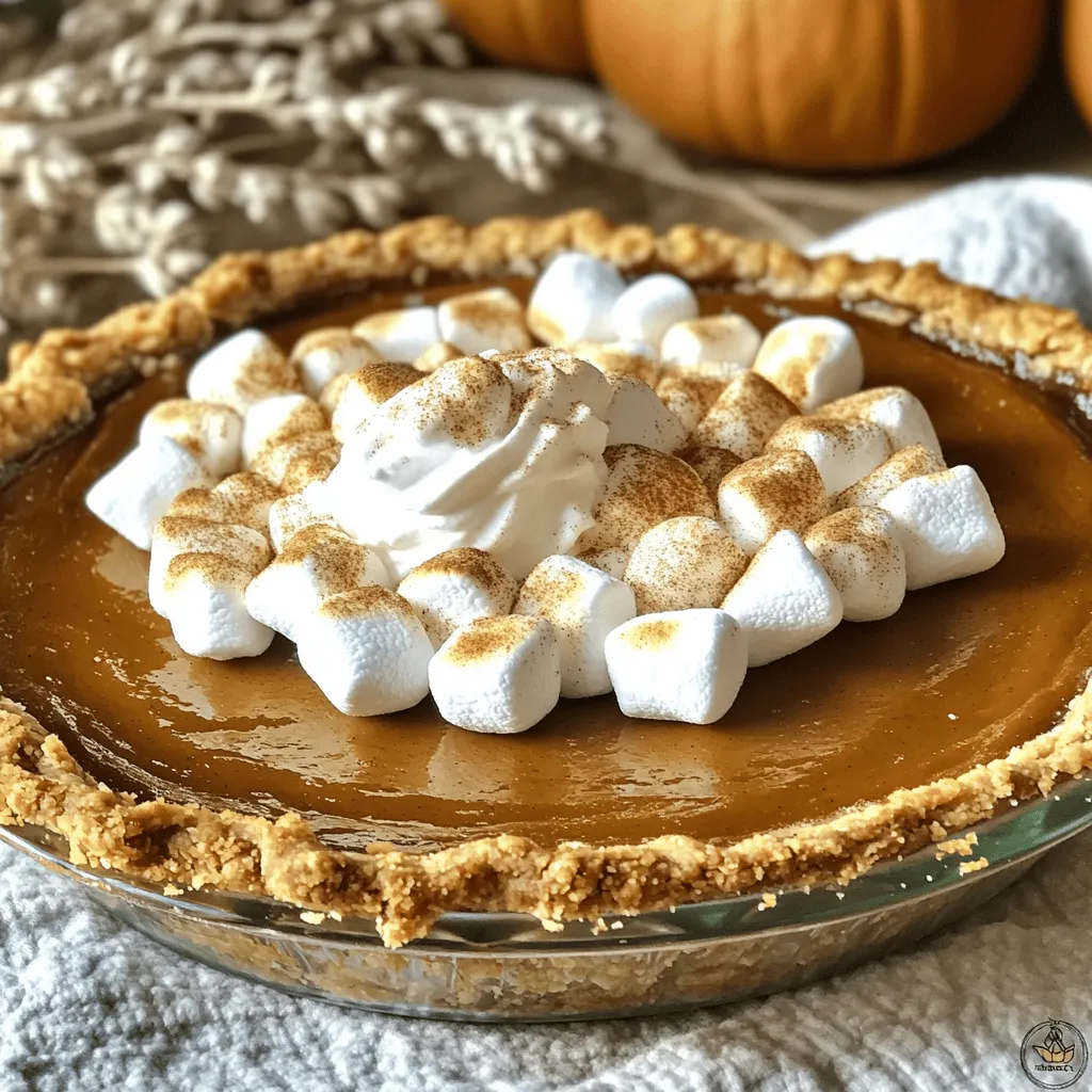 To make a toasted marshmallow pumpkin pie, you need a few simple ingredients. Each one adds flavor and texture, making this dessert a true delight. Here is the list of what you will need: - 1 pre-made pie crust (9-inch) - 1 can (15 oz) pumpkin puree - 3/4 cup brown sugar - 1/2 cup heavy cream - 2 large eggs - 1 teaspoon vanilla extract - 1 teaspoon ground cinnamon - 1/2 teaspoon ground nutmeg - 1/4 teaspoon ground ginger - 1/4 teaspoon salt - 1 cup mini marshmallows These ingredients come together to create a creamy pumpkin filling with a sweet, toasted marshmallow topping. The pie crust provides a crunchy base that holds everything together. Each bite mixes warm spices with the rich pumpkin flavor. Don’t forget to check the Full Recipe for detailed steps on how to prepare this treat! First, preheat your oven to 425°F (220°C). This high heat will help set the pie crust. Grab your pre-made pie crust and place it in a 9-inch pie dish. Make sure it fits snugly. You can poke a few holes in the bottom with a fork. This step helps prevent the crust from puffing up while baking. In a large bowl, combine the pumpkin puree, brown sugar, heavy cream, and eggs. Add the vanilla extract and mix well. You want everything to blend smoothly. Next, add the ground cinnamon, nutmeg, ginger, and salt. Whisk until the mixture is creamy and free of lumps. This blend is where the magic happens. It gives the pie its rich, warm flavor. Pour the pumpkin filling into the prepared pie crust. Spread it evenly with a spatula. Now, bake the pie in your preheated oven for 15 minutes. After that, lower the heat to 350°F (175°C). Bake for another 30 minutes. Check if it’s done by inserting a toothpick into the center. If it comes out clean, it’s ready! - Cooling and Toasting Marshmallows Once the pie is baked, take it out and let it cool on a wire rack for about 30 minutes. While it cools, preheat your broiler on high. When the pie is cool, spread the mini marshmallows over the top. Place it under the broiler for 1-2 minutes. Watch it closely! You want the marshmallows to toast to a golden brown. Be careful not to burn them! After toasting, let the pie cool slightly before slicing. Enjoy every delicious bite of your toasted marshmallow pumpkin pie! For the full recipe, check out the recipe details above. To get that perfect toasted marshmallow topping, watch the broiler closely. Place the pie under the broiler for just 1-2 minutes. The marshmallows can go from golden brown to burnt in seconds. Keep the oven door slightly ajar. This lets you see the marshmallows as they toast. Use a spatula to spread them evenly before broiling. You want a nice, even layer for great taste and looks. To ensure a smooth pumpkin filling, mix all your ingredients well. Use a whisk or an electric mixer for a nice texture. Make sure the pumpkin puree is free of lumps. If you find lumps, you can sift the mixture through a fine mesh strainer. This step is key for a creamy pie. Let the filling sit for a few minutes before pouring it into the crust. This helps the flavors blend better. When serving, slice the pie with a sharp knife for clean pieces. Each slice should look appealing. Add a dollop of whipped cream on top of each slice. This makes it look fancy and adds a nice creaminess. A sprinkle of cinnamon on the whipped cream adds flavor and style. - Serving Suggestions: Pair each slice with a warm beverage like chai or coffee. This enhances the pie's warm flavors. The contrast of hot drinks and cold pie is delightful. For extra fun, consider serving with some chocolate shavings or caramel sauce for a gourmet touch. For the complete guide to making this delicious pie, check out the Full Recipe. {{image_2}} You can switch the brown sugar for maple syrup or honey. These options add a unique twist. For a fun flavor, try using a bit of molasses. It gives a rich taste that pairs well with pumpkin. You can also add spices like allspice or cloves for depth. A dash of orange zest can brighten the filling, too. If you need a gluten-free pie crust, many stores sell ready-made options. Look for brands that use almond or rice flour. You can also make your own. A mix of almond flour and coconut flour works well. Just combine them with some butter and a bit of water. Press the mix into your pie dish and bake it briefly before adding your filling. You can get creative with toppings! Instead of mini marshmallows, try crushed graham crackers for a s'mores vibe. Chopped nuts can add crunch and flavor. For a seasonal touch, sprinkle pomegranate seeds on top for color. Drizzling caramel sauce adds sweetness and makes your pie look fancy. - Seasonal Variations for Holidays For Thanksgiving or Halloween, you can add festive touches. Use ghost-shaped marshmallows for a spooky look. At Christmas, sprinkle crushed peppermint candies for a minty twist. Each season brings a chance to play with flavors. Use your imagination and have fun with it! After enjoying your toasted marshmallow pumpkin pie, you may have some left. To keep it fresh, cover the pie tightly with plastic wrap or foil. You can also place it in an airtight container. Store it in the fridge. This way, it stays cool and safe to eat for up to four days. If you want to save some pie for later, freezing works well. First, let the pie cool completely. Then, wrap it in plastic wrap. After that, wrap it again in foil. This double wrapping stops freezer burn. The pie can last up to three months in the freezer. When you’re ready to eat it, just thaw it overnight in the fridge. To reheat your pie, preheat your oven to 350°F (175°C). Remove the plastic wrap but keep the foil on. Bake for 15-20 minutes. This warms the pie without overcooking it. If the marshmallows look a bit sad, you can re-toast them. Just place the pie under the broiler for 1-2 minutes. Watch closely to avoid burning them. - Best Practices for Freshness: - Store leftovers in the fridge for up to four days. - Freeze for longer storage, up to three months. - Reheat gently to keep the pie fresh and tasty. Following these steps keeps your toasted marshmallow pumpkin pie just as delicious as the first day. For the full recipe, check out the details above. You can use whole milk mixed with melted butter. Use 1/4 cup of butter with 3/4 cup of whole milk. This mix works well for the pie filling. You can also use coconut cream for a dairy-free option. Both will add creaminess to your filling. Yes, you can make this pie a day before. Just bake it and let it cool. Store it in the fridge. Toast the marshmallows right before serving for the best taste. This way, you save time on the day you serve it. To avoid a soggy crust, bake the crust first. Pre-bake it for 10 minutes before adding the filling. This helps set the crust and keeps it crisp. Another tip is to brush the crust with a beaten egg before baking. This creates a barrier against moisture from the filling. - Is it okay to use fresh pumpkin instead of canned? Yes, you can use fresh pumpkin. First, roast the pumpkin until soft, then puree it. Make sure to drain any excess water. Fresh pumpkin adds a rich flavor that many enjoy. Just keep in mind that it may take more time than using canned pumpkin. This blog post covered how to make a delicious pumpkin pie with toasted marshmallows. We explored each ingredient and its role in the pie. You learned how to achieve a smooth filling and a perfect topping. Plus, we discussed tips for presentation and variations to suit your taste. In closing, making this pie is fun and satisfying. Enjoy every slice and share it with others! Cooking can bring joy, so keep experimenting with flavors and techniques.