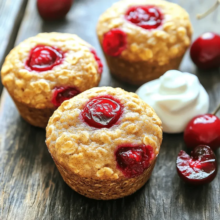 - 1 cup rolled oats - 1 cup buttermilk (or plant-based milk) - 1 cup all-purpose flour You need rolled oats to add fiber and texture. Fresh cherries bring a sweet and tangy taste. All-purpose flour gives the muffins a nice structure. - 1/2 cup brown sugar, packed - 1/3 cup granulated sugar - 1/4 cup unsweetened applesauce Brown sugar and granulated sugar sweeten the muffins well. You can use buttermilk or plant-based milk for moisture. Unsweetened applesauce adds more sweetness and keeps muffins moist. - 1 teaspoon baking powder - 1/2 teaspoon baking soda - 1/2 teaspoon salt - 1/2 teaspoon cinnamon Baking powder and baking soda help the muffins rise. Salt enhances the flavors, while cinnamon adds warmth and depth. You can find the complete list of items in the Full Recipe. First, I preheat my oven to 375°F (190°C). This step gets the oven ready for baking. Next, I prepare my muffin tin. I line it with paper liners or lightly grease it. This helps the muffins come out easily. While the oven heats, I soak the oats in buttermilk. I combine 1 cup of rolled oats with 1 cup of buttermilk in a large bowl. I let it sit for about 10 minutes. This softens the oats and helps them blend into the muffins. In another bowl, I mix the dry ingredients. I take 1 cup of all-purpose flour and add it to the bowl. Then, I add ½ cup of brown sugar and ⅓ cup of granulated sugar. To this, I include 1 teaspoon of baking powder, ½ teaspoon of baking soda, ½ teaspoon of salt, and ½ teaspoon of cinnamon. I stir everything together until well combined. This mix provides the structure and sweetness for the muffins. The baking powder and soda help them rise, making them fluffy. After the oats have soaked, I combine the wet and dry ingredients. I add the oat mixture to the dry mix. I include ¼ cup of unsweetened applesauce, ¼ cup of vegetable oil, 1 large egg, and 1 teaspoon of vanilla extract. I stir gently until just combined. It’s key not to overmix. This keeps the muffins light and airy. Next, I fold in the chopped cherries. I use ½ cup of fresh cherries, pitted and chopped. Gently folding them in ensures they spread throughout the batter without breaking apart. I might reserve a few cherries for topping later. Now, I divide the batter into each muffin cup. I fill them about ¾ full. If I saved cherries, I sprinkle them on top. Then, I bake these beauties in the preheated oven for 18-20 minutes. I check for doneness by inserting a toothpick. If it comes out clean, the muffins are ready. After baking, I let them cool in the tin for 5 minutes. Then, I transfer them to a wire rack to cool completely. Enjoy your cherry oatmeal muffins! For the complete recipe, check the Full Recipe section. To get the best texture in your cherry oatmeal muffins, do not overmix the batter. Overmixing can make your muffins tough. Instead, mix the wet and dry ingredients until they just come together. This keeps them light and fluffy. Applesauce plays a key role in adding moisture. It helps keep your muffins soft and tender. Plus, it adds a hint of sweetness without extra sugar. To boost flavor, consider adding spices like nutmeg or ginger. A splash of almond or coconut extract can also add a fun twist. You can use different types of cherries too. Sweet cherries are great, but tart ones can add a zing. Mixing in dried cherries or even chocolate chips can make every bite exciting. Check for doneness by inserting a toothpick into the center. If it comes out clean, your muffins are ready. For cooling, let them sit in the muffin tin for five minutes. Then, move them to a wire rack to cool completely. Serving them warm with yogurt makes them even more delightful. Enjoy your cherry oatmeal muffins with a friend! {{image_2}} You can make these cherry oatmeal muffins even better for you. Start by using whole wheat flour instead of all-purpose flour. Whole wheat flour adds fiber and nutrients. It makes your muffins heartier and gives them a nutty flavor. You can also reduce the sugar content. Use less brown sugar and granulated sugar. This will make your muffins less sweet but still tasty. You can even try using mashed bananas or pureed dates as a natural sweetener. Add more fun to your muffins with nuts or seeds. Chopped walnuts or almonds add a nice crunch. You could also try sunflower seeds for a different flavor. Don’t stop with cherries! You can mix in other fruits, too. Blueberries or raspberries work well. Dried fruits like cranberries or raisins can add a chewy texture. If you need gluten-free muffins, swap the flour for a gluten-free blend. Make sure it’s a one-to-one substitute. This will keep your muffins soft and tasty. For a vegan option, replace the egg with a flaxseed meal mix. Mix one tablespoon of flaxseed meal with three tablespoons of water. Let it sit for a few minutes until it thickens. You can also use plant-based milk in place of buttermilk. These simple changes make the muffins fit many diets. You can enjoy them while still focusing on health! To keep your cherry oatmeal muffins fresh, store them at room temperature. Place them in an airtight container. This helps prevent them from drying out. If you want to keep them longer, refrigerate or freeze them. For freezing, wrap each muffin in plastic wrap and then place them in a freezer bag. This keeps them safe from freezer burn. When reheating muffins, aim to keep them moist. The best way is to use the oven. Preheat your oven to 350°F (175°C). Place the muffins on a baking sheet and heat for about 10 minutes. If you're in a hurry, the microwave works too. Heat for about 15-20 seconds. Just be careful not to overdo it, as this can dry them out. Cherry oatmeal muffins last for about 3-4 days at room temperature. In the fridge, they can last up to a week. If frozen, they can keep for about 3 months. Keep an eye out for signs of spoilage. If the muffins smell sour or show mold, it's best to throw them away. Freshness is key to enjoying these delicious treats. For the full recipe, refer to the earlier section. Yes, you can use frozen cherries. However, they change the taste and texture. Frozen cherries are softer and may release more juice. This can make the muffins moister but also a bit denser. If you choose frozen cherries, don't thaw them before adding. Just chop them and fold them into the batter straight from the freezer. If you don't have buttermilk, I suggest using plant-based milk. Almond milk or soy milk works great. To make it mimic buttermilk, add a teaspoon of vinegar or lemon juice. Let it sit for about five minutes. This makes the milk slightly thicker and adds a tangy taste. To make these muffins gluten-free, use a gluten-free flour blend. Look for blends that contain rice flour, almond flour, or coconut flour. You may also want to add a little xanthan gum. This helps give the muffins structure. Just follow the same measurements from the full recipe, and you will enjoy delicious gluten-free cherry oatmeal muffins! This blog post covered key ingredients, preparation steps, and helpful tips for making delicious muffins. You learned about essential ingredients like oats and cherries, plus sweeteners and dairy alternatives. Baking requires careful mixing and the right storage to keep your muffins fresh. Don’t forget to explore variations and creative add-ins to make each batch unique. Enjoy baking and share these muffins with friends and family for smiles all around!