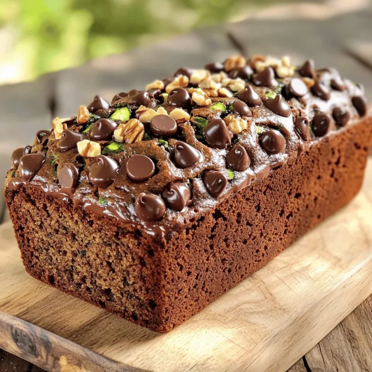 To make this rich and moist chocolate chip zucchini bread, you need the following ingredients: - 1 medium zucchini, grated - 1 cup all-purpose flour - 1/2 cup whole wheat flour - 1/2 teaspoon baking soda - 1 teaspoon baking powder - 1 teaspoon cinnamon - 1/4 teaspoon salt - 1/2 cup granulated sugar - 1/2 cup brown sugar, packed - 1/3 cup vegetable oil - 2 large eggs - 1 teaspoon vanilla extract - 1 cup semi-sweet chocolate chips - 1/2 cup chopped walnuts (optional) When making this recipe, accurate measurements are key. If you lack whole wheat flour, you can use all-purpose flour instead. For a lower sugar option, try using a sugar substitute. You can also swap vegetable oil with melted coconut oil for a different flavor. Choosing fresh zucchini is simple! Look for zucchini that is firm and shiny. Avoid any that have soft spots or wrinkles. Smaller zucchini often taste better and have less water. Always wash your zucchini before grating to remove any dirt. Start by preheating your oven to 350°F (175°C). This step helps the bread bake evenly. Next, grease a 9x5-inch loaf pan. You can also line it with parchment paper. This makes it easy to remove the bread later. Take one medium zucchini and grate it. You can use a box grater or a food processor. If you want less moisture, squeeze the grated zucchini in a clean kitchen towel. This extra step helps keep the bread from getting soggy. In a medium bowl, combine your dry ingredients. Use a whisk to mix together: - 1 cup all-purpose flour - 1/2 cup whole wheat flour - 1/2 teaspoon baking soda - 1 teaspoon baking powder - 1 teaspoon cinnamon - 1/4 teaspoon salt Make sure everything is well combined. Set this bowl aside for later. In a large mixing bowl, mix your wet ingredients. Start by beating together: - 1/2 cup granulated sugar - 1/2 cup brown sugar, packed - 1/3 cup vegetable oil Mix until smooth. Then, add two large eggs, one at a time. Stir well after each. Finally, add in 1 teaspoon of vanilla extract. Now, it’s time to bring the wet and dry ingredients together. Gradually add the dry mixture to the wet mixture. Mix until just combined. Be careful not to overmix; this keeps the bread soft. Pour the batter into your prepared loaf pan. Smooth the top for an even bake. Bake for 50-60 minutes. To check if it’s done, insert a toothpick into the center. If it comes out clean, your bread is ready! Let it cool in the pan for 10 minutes, then transfer it to a wire rack to cool completely. Enjoy your Chocolate Chip Zucchini Bread! You can find the Full Recipe in the section above. To get your bread super moist, use fresh zucchini. The moisture in zucchini helps create a soft texture. Squeeze out excess water for a balanced mix. Adding a bit more oil can also help. Try 1/3 cup plus 1 tablespoon for added richness. Using a mix of granulated sugar and brown sugar gives depth to the flavor. Brown sugar adds a hint of caramel. You can also try coconut sugar for a healthier option. Just keep the total amount the same for best results. If your bread turns out dry, it could be overbaked. Always test with a toothpick. If it comes out clean, it’s done. If your bread is too dense, check your flour measurements. Too much flour can lead to a heavy loaf. Finally, if your bread sinks in the middle, it may need more baking time. Adjust as needed to ensure a perfect rise. For the complete recipe, check the Full Recipe section. {{image_2}} You can make this bread gluten-free. Just swap the all-purpose flour for a gluten-free blend. Look for a blend that includes xanthan gum. This will help your bread rise well and stay soft. Mix the dry ingredients as you would with regular flour. The taste and texture will still be great! Want a vegan version? You can replace the eggs with flax eggs. To make one flax egg, mix one tablespoon of ground flaxseed with three tablespoons of water. Let it sit for five minutes to thicken. Use plant-based oil instead of vegetable oil. For the chocolate chips, select dairy-free options. This keeps it rich and delicious while staying vegan. You can enhance your bread by adding nuts or spices. Walnuts or pecans add a nice crunch. Mix in half a cup of chopped nuts before baking. For spices, consider adding nutmeg or even a pinch of cayenne pepper. This will give your bread a unique twist. Try these variations, and you will love the new flavors! For the full recipe, check out the details above. To keep your Chocolate Chip Zucchini Bread fresh, wrap it tightly in plastic wrap. You can also use aluminum foil. This helps keep the moisture in. Store the wrapped bread at room temperature for up to three days. If you want to keep it longer, consider freezing it. Freezing is a great way to save extra bread. First, let the bread cool completely. Once cooled, slice the bread into pieces. Wrap each piece in plastic wrap. Place the wrapped slices in a freezer-safe bag. This method keeps the bread fresh for up to three months. Just remember to label the bag with the date! When you're ready to enjoy your bread again, you can reheat it. For the best results, remove a slice from the freezer. Let it thaw in the fridge overnight. Then, you can warm it in a toaster or microwave. If using a microwave, heat for just 10-15 seconds. This warms the bread without making it dry. Enjoy your slice with a bit of butter or jam! Yes, you can use frozen zucchini. Just thaw and drain it well. This removes excess moisture. Frozen zucchini works great in this recipe. You can swap out some ingredients. Use apple sauce instead of oil for moisture. You can also use whole wheat flour for more fiber. Reduce the sugar or use a sugar substitute. Add nuts or seeds for extra nutrients. Zucchini adds moisture and softness. It also boosts the fiber content. You may not even taste it, but it makes your bread healthier. Plus, it’s a great way to use up extra zucchini from your garden! Absolutely! Mini loaves are a fun twist. Just adjust the baking time. Bake for about 25-30 minutes or until a toothpick comes out clean. This makes perfect gifts or snacks! Chocolate Chip Zucchini Bread lasts about a week at room temperature. Store it in an airtight container. You can also freeze it for up to three months. Just wrap it well! For the full recipe, check out the previous sections. You learned about making delicious chocolate chip zucchini bread. We covered its ingredients, measurements, and tips for picking fresh zucchini. I shared easy steps to prepare, bake, and test for doneness. You now have tricks for the best texture and options for gluten-free or vegan bread. Plus, I explained how to store your leftovers and answered common questions. Try out this recipe and enjoy a tasty treat. Your kitchen will smell amazing!