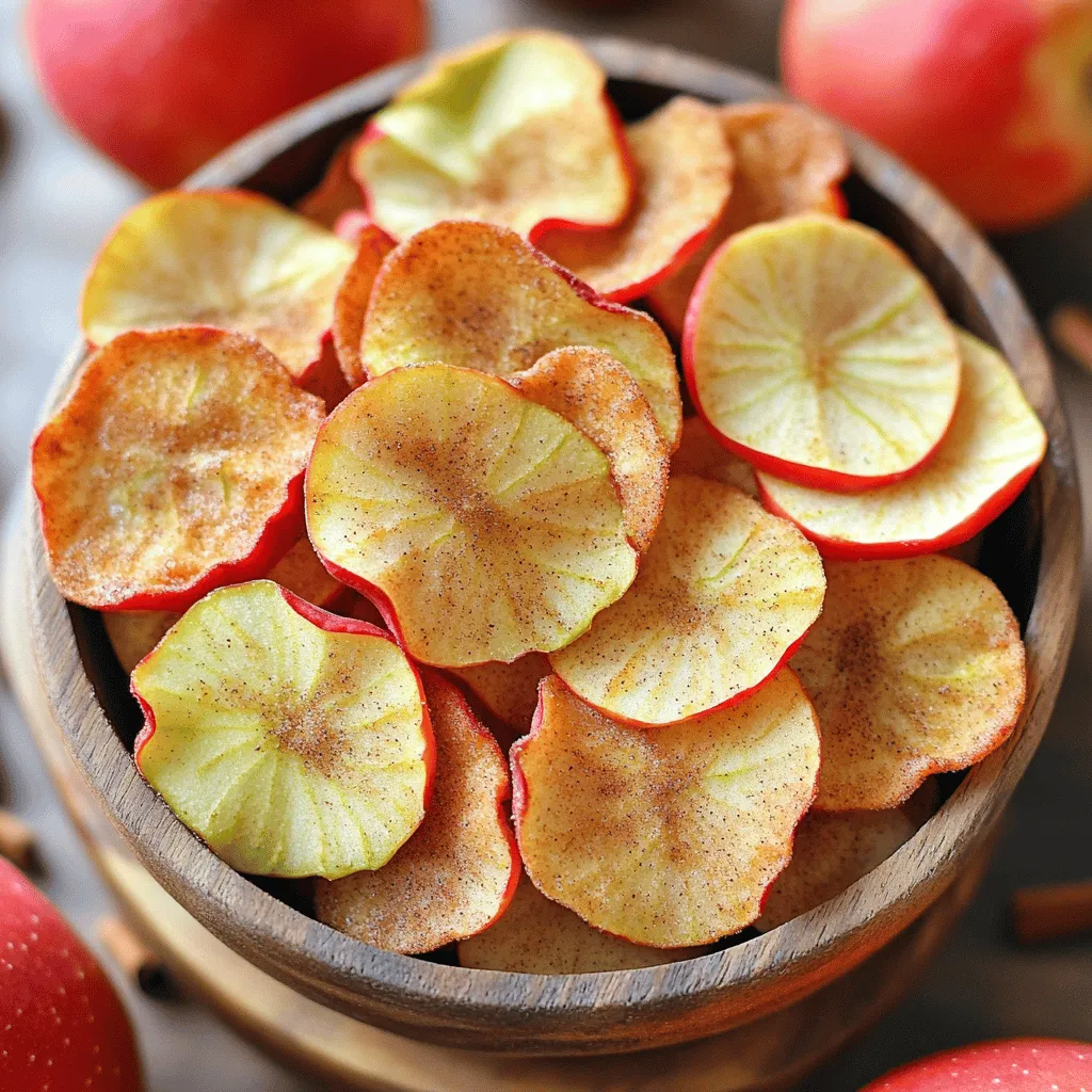 To make easy baked cinnamon apple chips, you need just a few items: - 3 medium-sized apples (such as Honeycrisp or Fuji) - 2 teaspoons ground cinnamon - 1 tablespoon sugar (optional, for sweetness) - Pinch of salt These ingredients come together to create a tasty, healthy snack. Choose apples that hold their shape well. Honeycrisp apples work great. They are sweet and crisp. Fuji apples are also a good choice. They are juicy and have a nice flavor. You can even mix different types for added taste. If you want to skip the sugar, you can. The apples are already sweet. Try using honey or maple syrup instead. You can also use coconut sugar for a more natural option. For cinnamon, you can add nutmeg or pumpkin spice for a new twist. Just remember to keep the flavors in balance. First, set your oven to 225°F (110°C). This low heat helps the apples dry out slowly. Next, grab a baking sheet and line it with parchment paper. This keeps the apple chips from sticking and makes cleanup easy. Now it’s time to slice your apples. Wash and dry them well. Use a mandoline slicer or a sharp knife to cut the apples into very thin rounds, about 1/8 inch thick. Remember to remove the seeds. Thin slices will crisp up nicely in the oven. In a small bowl, mix the ground cinnamon, sugar, and a pinch of salt. If you want your chips a bit sweeter, add the sugar. This mix will coat the apple slices and give them a warm flavor. Arrange the apple slices in a single layer on the baking sheet. Make sure there is space between each slice. This helps them bake evenly. Sprinkle your cinnamon mixture over the slices. Bake them in the oven for 1.5 to 2 hours. Flip the slices halfway through. When done, the chips should be dry and crisp, with slightly browned edges. Let them cool on the baking sheet. They will continue to crisp as they cool. Enjoy your tasty, healthy snack! For the full recipe, refer to the earlier section. To get your apple chips super crispy, slice them thin. Aim for about 1/8 inch thick. Use a mandoline slicer for even cuts. This tool helps you get uniform slices. Also, bake them low and slow at 225°F (110°C). Flip the slices halfway through baking for even crispiness. Lastly, let them cool completely; they'll get crunchier as they cool. One common mistake is not drying the apples well. Moisture will make your chips soggy. Another mistake is overcrowding the baking sheet. Leave space between the slices for hot air to flow. Don't skip flipping the chips! This ensures they cook evenly. Lastly, be careful not to burn the edges. Watch them closely during the last few minutes. Using a mandoline slicer saves time and ensures even slices. You’ll get perfect chips every time. A baking sheet lined with parchment paper makes for easier cleanup. Use an airtight container for storage to keep them fresh. A timer is also helpful. It helps you keep track of the baking time without burning the chips. For the full recipe, check the earlier section. {{image_2}} You can make your apple chips even more fun by adding nutmeg and vanilla. Nutmeg adds a warm spice that pairs well with cinnamon. Just add 1/4 teaspoon of nutmeg to your cinnamon mix. For vanilla, a few drops of pure vanilla extract can boost flavor. You can soak the apple slices in the vanilla first or add it to the cinnamon mix. This twist makes your chips taste like a cozy dessert! You don’t have to stick to apples. Many fruits work well for chips. Try pears, bananas, or even peaches. Slice them thin and follow the same steps. Each fruit brings its unique flavor. For bananas, use a bit more cinnamon since they are sweet. For pears, you can keep the spices light. You can even mix different fruits for a colorful snack! If you want a savory snack, try adding herbs. Rosemary or thyme can make a tasty twist. Just sprinkle minced herbs on the apple slices before baking. This gives your chips a unique flavor. You can also use a pinch of garlic powder for an extra kick. Savory chips pair well with dips, like hummus or yogurt. These variations make your snack time exciting and new! To keep your baked cinnamon apple chips fresh, use an airtight container. This will keep moisture out. Make sure the chips are completely cool before storing. If you store them warm, they may become soft. You can also add a small packet of silica gel to absorb any moisture. This will help keep them crisp longer. When stored properly, apple chips last about a week at room temperature. If you want them to last longer, you can store them in the fridge for up to two weeks. However, they may lose some crunch in the fridge. For the best taste, eat them within the first week. If your apple chips feel soft or chewy, they are getting stale. You can try to re-crisp them by baking them again for a few minutes. If they smell off or have an unusual color, it is best to throw them away. Always trust your nose and eyes; they can help you decide if your snacks are still good. Yes, you can use any apple. However, I recommend sweeter apples. Honeycrisp and Fuji are my favorites. They have a great balance of sweetness and tartness. This mix gives your chips a lovely flavor. Just remember, the type of apple you choose can change the taste. Experiment with different apples for fun! Absolutely! An air fryer works great for apple chips. This method cooks them faster and can make them extra crispy. Set your air fryer to 150°F (65°C). Spread the apple slices in a single layer. Cook for about 15-20 minutes, flipping halfway. Keep an eye on them to prevent burning. Baked cinnamon apple chips are a healthy snack. They are low in calories and high in fiber. One serving (about 1 ounce) has roughly: - 100 calories - 25 grams of carbs - 3 grams of fiber - 0 grams of fat They also provide vitamins like vitamin C. Plus, they are naturally sweet, so you can enjoy them guilt-free. For more details, check the Full Recipe. In this guide, we discussed how to make tasty apple chips. We covered essential ingredients, favored apple types, and sugar alternatives. You learned step-by-step baking instructions and tips for crispiness. Plus, we explored fun variations and how to store your chips properly. These apple chips are a healthy snack choice. Feel confident to experiment with flavors. Enjoy the process and share your crunchy treats!