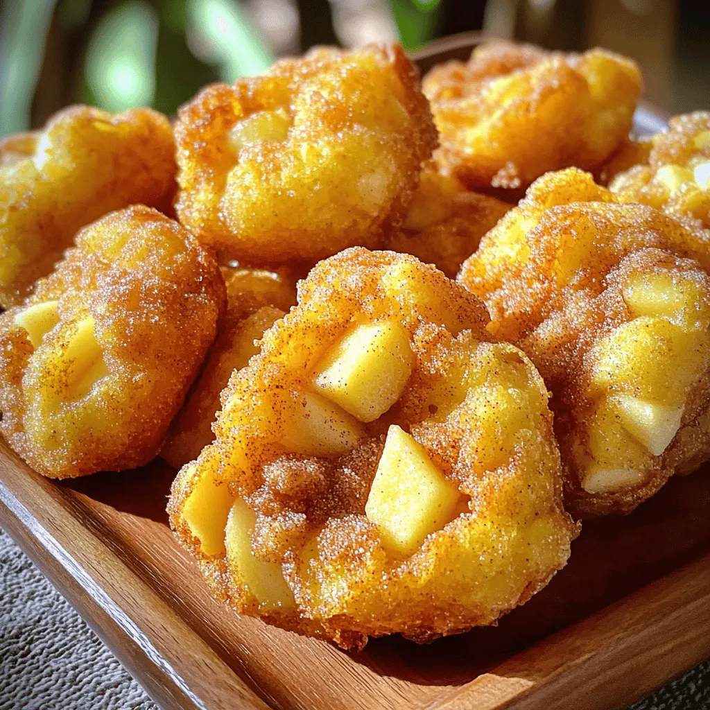 To make these cinnamon sugar apple fritters, you'll need the following items: - 2 medium apples (like Granny Smith or Honeycrisp), peeled and diced - 1 cup all-purpose flour - 1/4 cup sugar - 1 teaspoon baking powder - 1/2 teaspoon baking soda - 1/2 teaspoon ground cinnamon - 1/4 teaspoon nutmeg - 1/2 teaspoon salt - 1 large egg - 3/4 cup milk - 1 teaspoon vanilla extract - Oil, for frying - 1/2 cup sugar (for the cinnamon sugar coating) - 1 tablespoon ground cinnamon (for the cinnamon sugar coating) You can swap some ingredients for different flavors. - For apples, try using pears or even peaches. - Use whole wheat flour for a healthier option. - Substitute almond milk for milk if you want a dairy-free treat. - For a vegan version, replace the egg with a flax egg (1 tablespoon ground flaxseed mixed with 2.5 tablespoons water). To make these fritters, gather these tools: - A large mixing bowl - A whisk or mixing spoon - A measuring cup and spoons - A deep frying pan or pot - A slotted spoon for frying - Paper towels for draining - A small bowl for mixing cinnamon sugar With these ingredients and tools, you're ready to create a delightful batch of cinnamon sugar apple fritters! Start with two medium apples. I like using Granny Smith or Honeycrisp. Peel them and dice them into small pieces. Place the diced apples in a small bowl. Add one tablespoon of sugar and a sprinkle of cinnamon. Toss them gently to coat. Let the apples sit for a few minutes. This helps draw out their sweet juices and flavor. In a mixing bowl, whisk together one cup of all-purpose flour, 1/4 cup of sugar, one teaspoon of baking powder, and 1/2 teaspoon of baking soda. Add in 1/2 teaspoon of ground cinnamon, 1/4 teaspoon of nutmeg, and 1/2 teaspoon of salt. In another bowl, whisk together one large egg, 3/4 cup of milk, and one teaspoon of vanilla extract. Mix the wet ingredients into the dry ingredients. Stir until just combined. Be careful not to overmix. Gently fold in the cinnamon-sugar coated apples. In a large frying pan, heat about two inches of oil over medium heat. Use a thermometer to check the oil temperature; it should be around 350°F (175°C). Using a spoon or a small ice cream scoop, drop the batter into the hot oil in small batches. Fry the fritters for about 3-4 minutes per side. They should be golden brown. Use a slotted spoon to remove them and place them on a paper towel-lined plate. This helps drain excess oil. Now, you're ready to coat the fritters and enjoy this tasty treat! For the full recipe, refer to the earlier section. Use a neutral oil like canola or vegetable oil. These oils have a high smoke point, which is great for frying. You can also use peanut oil for its nice flavor. Avoid olive oil, as it burns easily. To keep your fritters crispy, drain them well after frying. Place them on paper towels to absorb extra oil. You can also try frying in small batches. This way, the temperature stays hot and helps them cook evenly. Serve these fritters warm for the best taste. They shine with a dusting of extra cinnamon sugar. You can pair them with a scoop of vanilla ice cream or a drizzle of caramel sauce. For a fun twist, serve with whipped cream or a dollop of yogurt. Enjoy them at breakfast or as a tasty snack! For the complete recipe, check out the Full Recipe section. {{image_2}} You can enjoy these fritters without gluten. Swap the all-purpose flour with a gluten-free blend. Look for blends made from rice flour or almond flour. Use a mix that includes xanthan gum. This helps create the right texture. Follow the same steps as in the original recipe. Your fritters will still taste great! Making these fritters vegan is simple. Replace the egg with a flaxseed egg. Mix 1 tablespoon of ground flaxseed with 2.5 tablespoons of water. Let it sit for about 5 minutes until it thickens. For the milk, use almond or oat milk instead. This keeps the fritters moist and delicious. The taste will still shine through! Feel free to mix things up with flavors. You can add chopped nuts like walnuts or pecans to the batter. Dried fruits, such as raisins or cranberries, work well too. For a spicy kick, add a pinch of cayenne pepper. If you love chocolate, consider adding mini chocolate chips. These small changes can create a new fritter every time! For the full recipe, check out the detailed steps and ingredients. To store leftover fritters, let them cool completely. Place them in an airtight container. You can keep them at room temperature for one day. For longer storage, put them in the fridge. They will last for about three days. If you want them to stay fresh, wrap them in plastic wrap first. To reheat fritters, use an oven or an air fryer for the best result. Preheat your oven to 350°F (175°C). Place the fritters on a baking sheet. Heat them for about 5-10 minutes. This method keeps them crispy. If you use a microwave, set it for 10-15 seconds. However, they may lose some crunch this way. You can freeze fritters to enjoy later. First, let them cool completely. Then, place them on a baking sheet in a single layer. Freeze them for about 1-2 hours. Once frozen, transfer them to a freezer bag. Remove as much air as possible. They can last up to three months in the freezer. When you want to eat them, thaw in the fridge overnight and reheat as mentioned earlier. To make Cinnamon Sugar Apple Fritters, start by preparing the apples. Toss diced apples with sugar and cinnamon. This adds flavor. Next, make the batter. Mix flour, sugar, baking powder, baking soda, cinnamon, nutmeg, and salt in one bowl. In another, whisk the egg, milk, and vanilla. Combine both mixtures and fold in the apples. Heat oil in a pan to 350°F. Drop spoonfuls of batter into the hot oil. Fry until golden brown, about 3-4 minutes per side. Finally, roll the warm fritters in a sugar and cinnamon mix. You can find the Full Recipe for all the details. Yes, you can use other fruits for fritters! Berries, bananas, and peaches work well. Each fruit will change the flavor. For example, berries give a tangy taste. Bananas add sweetness and a creamy texture. You can even mix different fruits for fun flavors! Just remember to adjust the sugar based on the fruit’s sweetness. To prevent sticking, make sure your oil is hot enough. When the oil is at 350°F, the fritters will cook quickly. Also, do not overcrowd the pan. Fry in small batches to keep the temperature steady. If the fritters still stick, lightly dust them with flour before frying. This helps create a barrier between the dough and the oil. To make these tasty cinnamon sugar apple fritters, gather simple ingredients. You need apples, flour, sugar, baking powder, baking soda, cinnamon, nutmeg, salt, an egg, milk, and vanilla. You will also need oil for frying and some extra sugar and cinnamon for coating. Start by peeling and dicing the apples. Toss them with sugar and cinnamon to add flavor. Then, mix the dry ingredients in one bowl. In another bowl, combine the wet ingredients. Pour the wet mix into the dry one, and gently fold in the apples. Heat oil in a pan until hot. Carefully drop spoonfuls of batter into the oil. Fry until golden brown, about three to four minutes on each side. Remove them and drain on paper towels. Finally, roll the warm fritters in a cinnamon sugar mix for that sweet touch. - 2 medium apples (peeled and diced) - 1 cup all-purpose flour - 1/4 cup sugar - 1 teaspoon baking powder - 1/2 teaspoon baking soda - 1/2 teaspoon ground cinnamon - 1/4 teaspoon nutmeg - 1/2 teaspoon salt - 1 large egg - 3/4 cup milk - 1 teaspoon vanilla extract - Oil (for frying) - 1/2 cup sugar (for coating) - 1 tablespoon ground cinnamon (for coating) This recipe yields about 12 fritters. Each fritter contains a mix of carbs and sugars from the apples and flour. The oil adds some fat, while the egg gives protein. Enjoying them in moderation is key. Perfect for a delightful snack or breakfast treat! For the full recipe, visit the provided link. You learned about making tasty apple fritters, from ingredients to cooking tips. We covered the best oils for frying, storage methods, and fun variations like vegan options. Paying attention to details makes your fritters crisp and delicious. I hope you feel inspired to create these treats at home. Enjoy your cooking adventure and share these delights with others. Your kitchen awaits!