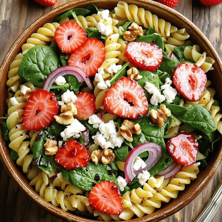 To make a tasty Strawberry Spinach Pasta Salad, you need: - 8 oz fusilli pasta - 4 cups fresh spinach, chopped - 2 cups strawberries, hulled and sliced - 1/2 cup feta cheese, crumbled - 1/4 cup walnuts, toasted and roughly chopped - 1/2 red onion, thinly sliced - 1/4 cup balsamic vinaigrette - Salt and pepper to taste Fresh strawberries should be bright red with no white spots. Look for firm berries. Soft or mushy spots mean they may be overripe. Check for green caps, as fresh strawberries have bright green leaves. Smell them too; good strawberries smell sweet and fragrant. If you can, buy them from local farmers. They often taste better than store-bought ones. You can swap fusilli pasta for penne or rotini if you like. If you want a nut-free option, you can use sunflower seeds instead of walnuts. For a creamy twist, try goat cheese instead of feta. If balsamic vinaigrette is not your style, a honey mustard dressing works well too. Get creative and find what you like best! Start by boiling water in a large pot. Add a pinch of salt to the water. Then, add 8 oz of fusilli pasta. Cook it until it is al dente. This usually takes about 8 to 10 minutes. Once done, drain the pasta in a colander. Rinse it under cold water. This stops the cooking and cools the pasta down. Set the pasta aside while you prepare the salad. In a large mixing bowl, combine the following ingredients: - 4 cups fresh spinach, chopped - 2 cups strawberries, hulled and sliced - 1/2 cup feta cheese, crumbled - 1/4 cup walnuts, toasted and roughly chopped - 1/2 red onion, thinly sliced Mix all these ingredients well. The bright colors will make you excited to eat! Now, add the cooled pasta to the bowl with the salad mixture. Drizzle 1/4 cup of balsamic vinaigrette over everything. Gently toss the salad. Make sure each piece is coated well. Season with salt and pepper to taste. Let the salad sit for about 10 minutes. This allows the flavors to blend beautifully. Serve it in a large bowl or on individual plates. Enjoy your fresh and tasty strawberry spinach pasta salad! For the full recipe, check out the section above. To cook pasta well, start with a large pot of water. Add a good amount of salt. This helps to flavor the pasta. Bring the water to a rolling boil. Add your fusilli pasta and stir it right away. Cook it until it is al dente, or firm to the bite. This usually takes about 8-10 minutes. After cooking, drain the pasta and rinse it under cold water. This stops the cooking and cools the pasta quickly. You can boost the taste of your Strawberry Spinach Pasta Salad with extra ingredients. Try adding grilled chicken for protein. It adds a nice touch and makes it filling. You can also use goat cheese instead of feta for a tangy twist. Fresh herbs like basil or mint can brighten the dish. For a bit of heat, consider adding red pepper flakes. Each of these options brings new flavors to your salad. Serving your salad well makes it more appealing. Use a large salad bowl to show off the colorful ingredients. For a nice touch, add extra strawberry slices on top. A sprinkle of feta cheese can make it look gourmet. You can also garnish with a few walnuts for crunch. Serve it right after mixing, so it stays fresh and vibrant. Enjoy the beautiful display as much as the taste! {{image_2}} You can easily add proteins to make this salad more filling. Grilled chicken is a great choice. It pairs well with the strawberries and spinach. You could also use shrimp for a seafood twist. For a vegetarian option, try chickpeas or roasted tofu. These additions boost protein and flavor in the dish. While balsamic vinaigrette works well, you can switch it up. Try a honey mustard dressing for sweetness. A citrus vinaigrette adds a fresh zing. You could even use a creamy poppy seed dressing for a rich taste. Each dressing gives the salad a different vibe, so feel free to explore. Don’t hesitate to swap ingredients based on what's in season. In summer, use fresh peaches instead of strawberries. In fall, roasted butternut squash can add a sweet touch. You can also mix in other greens like arugula or kale. These changes keep the salad exciting and flavorful throughout the year. For the full recipe, check out the details above. To keep your Strawberry Spinach Pasta Salad fresh, store it in an airtight container. This helps keep moisture out and flavors in. If possible, separate the dressing from the salad until you are ready to eat. This prevents sogginess and keeps the salad crisp. When stored properly, your salad can last up to three days in the fridge. After that, the spinach may wilt, and the flavors can fade. Always check for any off smells or changes in texture before eating leftovers. Freezing this pasta salad is not recommended. The texture of the spinach and strawberries will not hold up well when thawed. If you want to make a big batch, consider freezing the pasta alone. You can then mix it with fresh ingredients later. For the best taste, always use fresh strawberries and spinach. For the full recipe, check the full recipe section above. Yes, you can make this salad ahead of time. I suggest preparing it a few hours before serving. This allows the flavors to mix well. However, I would wait to add the dressing until just before serving. This keeps the salad fresh and prevents sogginess. If you don’t have feta cheese, try goat cheese or ricotta. Both add creaminess and flavor. You can also use a dairy-free cheese if you prefer. Each choice will change the taste a bit but can still work well in the salad. Absolutely! This salad is great for meal prep. Store it in airtight containers for easy lunches. Just remember to keep the dressing separate until you are ready to eat. This keeps everything fresh and tasty. You can enjoy this salad for up to three days in the fridge. For the full recipe, refer to the earlier sections. In this blog post, we explored key ingredients for a delicious pasta salad. You learned how to select fresh strawberries and consider alternatives. The step-by-step guide showed you how to cook pasta and prepare the salad mix. We shared tips for perfect pasta and flavor enhancement. Variations added proteins and dressings to suit your taste. Finally, we covered storage tips for leftovers and meal prep options. This salad is easy to make and enjoyable to share. Try it today!